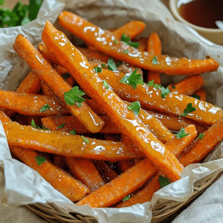 Here’s what you need to make maple glazed carrot fries: - Carrots: 4 large, peeled and sliced - Olive Oil: 2 tablespoons, extra virgin - Maple Syrup: 3 tablespoons, pure - Spices: 1 teaspoon ground cinnamon, 1/2 teaspoon ground nutmeg - Seasoning: Sea salt, to taste - Garnish: Fresh parsley, finely chopped These ingredients come together to create a sweet and savory treat. The carrots provide the perfect base. They are crunchy and sweet, which pairs well with the rich maple syrup. The spices add depth and warmth, making each bite delightful. The fresh parsley gives a nice pop of color and brightness. When choosing carrots, look for firm, vibrant ones. Fresh carrots make a big difference in flavor. Opt for pure maple syrup for the best taste—it's much better than imitation syrups. Keep in mind, the olive oil helps the fries crisp up nicely in the oven. The sea salt enhances all the sweet flavors and balances the dish. Each ingredient serves a purpose to create this irresistible snack. Start by preheating your oven to 425°F (220°C). This temperature helps the fries become crispy and golden. Next, prepare a baking sheet by lining it with parchment paper. This paper keeps the fries from sticking and makes cleanup easy. In a large mixing bowl, add the sliced carrot fries. Pour in 2 tablespoons of extra virgin olive oil and 3 tablespoons of pure maple syrup. Next, sprinkle in 1 teaspoon of ground cinnamon, 1/2 teaspoon of ground nutmeg, and a pinch of sea salt. Toss everything together until the carrot fries are well-coated in the sweet and spicy mixture. The oil and syrup will make them taste great! Now, arrange the coated carrot fries in a single layer on the baking sheet. Make sure they are not crowded. This spacing helps them bake evenly. Place the baking sheet in the oven and bake for 20 to 25 minutes. About halfway through, use a spatula to carefully flip the fries. This step ensures they cook evenly and become crispy on all sides. Keep an eye on them until they turn golden brown and fork-tender. Once the fries are done, take the baking sheet out of the oven. Let the fries cool for a few minutes. This cooling time helps enhance their texture. For a sweet finish, drizzle a bit more pure maple syrup over the fries if you want. Finally, sprinkle finely chopped fresh parsley on top for a pop of color. To get crispy carrot fries, keep these tips in mind: - Cut even shapes: Make sure all carrot pieces are the same size. This helps them cook evenly. - Bake in a single layer: Spread out the fries on the baking sheet. If they touch, they will steam instead of crisp up. Want to amp up the flavor? Here are some ideas: - Add spices: Try paprika, cayenne, or garlic powder for a kick. - Use alternative sweeteners: If maple syrup isn't your thing, honey or agave syrup works well too. Make your carrot fries look as good as they taste: - Serving ideas: Use a rustic basket lined with parchment paper for a nice touch. - Dipping options: Serve with a small bowl of warm maple syrup on the side. This adds fun for dipping and boosts flavor! {{image_4}} You can swap carrots for sweet potatoes or parsnips. Sweet potatoes add a creamy texture and natural sweetness. Parsnips bring a unique flavor that is slightly nutty and sweet. Adjust cooking times based on your choice: sweet potatoes may need a few more minutes, while parsnips might cook faster. Always check for a golden color and tenderness. For a savory twist, try adding minced garlic to the mix. Garlic enhances the sweetness and adds depth to the dish. You can also incorporate fresh herbs like rosemary or thyme. These herbs will add a bright, refreshing taste and make your fries even more aromatic. If you want a quicker option, consider air frying the fries. This method cooks them faster and keeps them crispy. Set your air fryer to 400°F (200°C) and cook for about 15 minutes, shaking halfway through. Grilling the fries is another great idea. It adds a smoky flavor that pairs well with the maple glaze. Just toss the carrot fries on a hot grill for about 10 minutes, turning often to ensure even cooking. To keep your leftover carrot fries fresh, use an airtight container. Glass or plastic containers work well. They help keep moisture out and taste in. Store your carrot fries in the fridge. They stay good for about 3 to 4 days. To reheat your carrot fries, the oven is best. Set it to 400°F (200°C) for about 10 minutes. Spread the fries on a baking sheet to help them crisp up. You can also use an air fryer. This method keeps them crunchy while warming them. Avoid the microwave, as it can make them soggy. Yes, you can prepare carrot fries ahead of time. First, slice the carrots and coat them with olive oil, maple syrup, spices, and salt. Store the coated fries in an airtight container in the fridge. They will stay fresh for up to 24 hours. When you're ready to cook, just spread them on a baking sheet and bake. This saves you time on busy days. Maple glazed carrot fries pair well with many dishes. Here are some options: - Grilled chicken or fish - Burgers, either meat or veggie - Tacos for a fun twist - Salads for added crunch and flavor You can also enjoy them as a snack on their own, perhaps with a small bowl of warm maple syrup for dipping. Absolutely! These carrot fries fit nicely into meal prep plans. You can make a big batch at the start of the week. Store them in individual containers with your favorite proteins and sides. This makes for quick lunches or dinners. Just reheat them in the oven or microwave. They will still taste great and keep you feeling satisfied. You learned how to make delicious maple-glazed carrot fries using simple ingredients. We covered everything from prepping the carrots to baking them for perfect crispiness. Remember to try different spices or veggies for variations. Don’t forget to store leftovers correctly for future snacking. Enjoy creating this tasty dish, whether for a snack or a meal! Your kitchen will smell amazing, and your taste buds will thank you. Happy cooking!