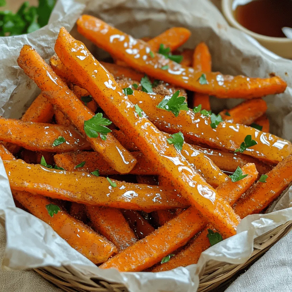 Here’s what you need to make maple glazed carrot fries: - Carrots: 4 large, peeled and sliced - Olive Oil: 2 tablespoons, extra virgin - Maple Syrup: 3 tablespoons, pure - Spices: 1 teaspoon ground cinnamon, 1/2 teaspoon ground nutmeg - Seasoning: Sea salt, to taste - Garnish: Fresh parsley, finely chopped These ingredients come together to create a sweet and savory treat. The carrots provide the perfect base. They are crunchy and sweet, which pairs well with the rich maple syrup. The spices add depth and warmth, making each bite delightful. The fresh parsley gives a nice pop of color and brightness. When choosing carrots, look for firm, vibrant ones. Fresh carrots make a big difference in flavor. Opt for pure maple syrup for the best taste—it's much better than imitation syrups. Keep in mind, the olive oil helps the fries crisp up nicely in the oven. The sea salt enhances all the sweet flavors and balances the dish. Each ingredient serves a purpose to create this irresistible snack. Start by preheating your oven to 425°F (220°C). This temperature helps the fries become crispy and golden. Next, prepare a baking sheet by lining it with parchment paper. This paper keeps the fries from sticking and makes cleanup easy. In a large mixing bowl, add the sliced carrot fries. Pour in 2 tablespoons of extra virgin olive oil and 3 tablespoons of pure maple syrup. Next, sprinkle in 1 teaspoon of ground cinnamon, 1/2 teaspoon of ground nutmeg, and a pinch of sea salt. Toss everything together until the carrot fries are well-coated in the sweet and spicy mixture. The oil and syrup will make them taste great! Now, arrange the coated carrot fries in a single layer on the baking sheet. Make sure they are not crowded. This spacing helps them bake evenly. Place the baking sheet in the oven and bake for 20 to 25 minutes. About halfway through, use a spatula to carefully flip the fries. This step ensures they cook evenly and become crispy on all sides. Keep an eye on them until they turn golden brown and fork-tender. Once the fries are done, take the baking sheet out of the oven. Let the fries cool for a few minutes. This cooling time helps enhance their texture. For a sweet finish, drizzle a bit more pure maple syrup over the fries if you want. Finally, sprinkle finely chopped fresh parsley on top for a pop of color. To get crispy carrot fries, keep these tips in mind: - Cut even shapes: Make sure all carrot pieces are the same size. This helps them cook evenly. - Bake in a single layer: Spread out the fries on the baking sheet. If they touch, they will steam instead of crisp up. Want to amp up the flavor? Here are some ideas: - Add spices: Try paprika, cayenne, or garlic powder for a kick. - Use alternative sweeteners: If maple syrup isn't your thing, honey or agave syrup works well too. Make your carrot fries look as good as they taste: - Serving ideas: Use a rustic basket lined with parchment paper for a nice touch. - Dipping options: Serve with a small bowl of warm maple syrup on the side. This adds fun for dipping and boosts flavor! {{image_4}} You can swap carrots for sweet potatoes or parsnips. Sweet potatoes add a creamy texture and natural sweetness. Parsnips bring a unique flavor that is slightly nutty and sweet. Adjust cooking times based on your choice: sweet potatoes may need a few more minutes, while parsnips might cook faster. Always check for a golden color and tenderness. For a savory twist, try adding minced garlic to the mix. Garlic enhances the sweetness and adds depth to the dish. You can also incorporate fresh herbs like rosemary or thyme. These herbs will add a bright, refreshing taste and make your fries even more aromatic. If you want a quicker option, consider air frying the fries. This method cooks them faster and keeps them crispy. Set your air fryer to 400°F (200°C) and cook for about 15 minutes, shaking halfway through. Grilling the fries is another great idea. It adds a smoky flavor that pairs well with the maple glaze. Just toss the carrot fries on a hot grill for about 10 minutes, turning often to ensure even cooking. To keep your leftover carrot fries fresh, use an airtight container. Glass or plastic containers work well. They help keep moisture out and taste in. Store your carrot fries in the fridge. They stay good for about 3 to 4 days. To reheat your carrot fries, the oven is best. Set it to 400°F (200°C) for about 10 minutes. Spread the fries on a baking sheet to help them crisp up. You can also use an air fryer. This method keeps them crunchy while warming them. Avoid the microwave, as it can make them soggy. Yes, you can prepare carrot fries ahead of time. First, slice the carrots and coat them with olive oil, maple syrup, spices, and salt. Store the coated fries in an airtight container in the fridge. They will stay fresh for up to 24 hours. When you're ready to cook, just spread them on a baking sheet and bake. This saves you time on busy days. Maple glazed carrot fries pair well with many dishes. Here are some options: - Grilled chicken or fish - Burgers, either meat or veggie - Tacos for a fun twist - Salads for added crunch and flavor You can also enjoy them as a snack on their own, perhaps with a small bowl of warm maple syrup for dipping. Absolutely! These carrot fries fit nicely into meal prep plans. You can make a big batch at the start of the week. Store them in individual containers with your favorite proteins and sides. This makes for quick lunches or dinners. Just reheat them in the oven or microwave. They will still taste great and keep you feeling satisfied. You learned how to make delicious maple-glazed carrot fries using simple ingredients. We covered everything from prepping the carrots to baking them for perfect crispiness. Remember to try different spices or veggies for variations. Don’t forget to store leftovers correctly for future snacking. Enjoy creating this tasty dish, whether for a snack or a meal! Your kitchen will smell amazing, and your taste buds will thank you. Happy cooking!