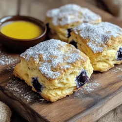 To make the best Lemon Blueberry Scones, you need these main ingredients: - 2 cups all-purpose flour - 1/2 cup granulated sugar - 1 tablespoon baking powder - 1/2 teaspoon salt - 1/2 cup unsalted butter, cold and cubed - 1 cup fresh blueberries (you can use frozen, but don’t thaw) - Zest of 1 large lemon - 1/4 cup heavy cream - 1 large egg - 1 tablespoon fresh lemon juice - 1 teaspoon vanilla extract Each ingredient plays a big role. The flour gives structure, while the butter adds flakiness. The blueberries provide bursts of sweet-tart flavor, and the lemon zest brightens every bite. You can easily customize your scones. Here are some fun add-ins: - Chopped nuts like walnuts or almonds - A sprinkle of cinnamon for warmth - A handful of chocolate chips for sweetness These extras can add a twist to your scones. Feel free to mix and match based on what you love. If you lack an ingredient, don’t worry! Here are some swaps: - Use whole wheat flour instead of all-purpose for a nuttier flavor. - Substitute coconut oil for butter to make it dairy-free. - Almond milk can replace heavy cream if you want a lighter option. These changes can help you adapt the recipe to your needs while keeping it tasty. Enjoy experimenting! Start by preheating your oven to 400°F (200°C). This step is key for fluffy scones. While the oven heats, line a baking sheet with parchment paper. This will stop the scones from sticking and make cleanup easy. In a large mixing bowl, combine the all-purpose flour, granulated sugar, baking powder, and salt. Use a whisk to mix them well. Whisking helps air get in, which is important for a light texture. Take the cold, cubed butter and add it to the flour mix. Use your fingertips or a pastry cutter to blend the butter in. Aim for coarse crumbs with some pea-sized bits of butter. Next, gently fold in the fresh blueberries and lemon zest. Be careful not to crush them. You want those juicy bursts in every bite. In a separate bowl, whisk together the heavy cream, egg, lemon juice, and vanilla extract. Mix until it’s smooth. This wet mix adds moisture and flavor to your scones. Turn the dough out onto a lightly floured surface. Shape it into a disc about 1 inch thick. Use a knife or bench scraper to cut the disc into 8 equal wedges. This helps each scone bake evenly. Place the cut scones on your lined baking sheet with about 2 inches between each. For a golden top, brush them lightly with more heavy cream. Bake in your preheated oven for 15-20 minutes. Look for a light golden color and use a toothpick to check doneness. If it comes out clean, they are ready. Let the scones cool for 5 minutes on the sheet, then move them to a wire rack. To make fluffy scones, keep your butter cold. Cold butter creates steam as it bakes. This steam helps the scones rise and become light. Cut the butter into small pieces and mix it in until it looks like coarse crumbs. This method keeps the butter from melting before baking. Overmixing is a common mistake. It can make the scones tough instead of light. When you add your wet ingredients, mix just until combined. It’s okay if some flour remains visible. Your goal is to keep the dough soft. Gently fold in the blueberries to avoid crushing them. Fresh blueberries taste great, but frozen can work too. If using frozen, do not thaw them. Thawing can make the dough soggy. Frozen berries help keep the scones cool while mixing. They also create lovely purple streaks in your dough. Both choices will give you delicious scones! {{image_4}} You can switch up the flavors of your scones easily. Instead of lemon, try orange zest. This will give your scones a sweet, citrus twist. Just replace the lemon zest with the zest of one large orange. Use the same amount of blueberries for balance. The orange will brighten your scones and add a lovely aroma. To make gluten-free lemon blueberry scones, swap the all-purpose flour for a gluten-free blend. Look for a blend that includes xanthan gum to help with texture. This ensures your scones stay fluffy. Keep all other ingredients the same. Your scones will still be tasty and light, perfect for everyone to enjoy. If you prefer a vegan option, you can easily modify the recipe. Replace the butter with a vegan butter alternative. Use almond milk or oat milk instead of heavy cream. For the egg, substitute with a flax egg (1 tablespoon ground flaxseed mixed with 2.5 tablespoons water). Allow it to sit for a few minutes until it thickens. These changes will keep your scones plant-based while still being delicious. Once the scones cool, store them in an airtight container. This keeps them fresh. Place a piece of parchment paper between layers to avoid sticking. For best results, enjoy the scones within two days. If you want to keep them longer, consider freezing. To freeze scones, let them cool completely first. Wrap each scone in plastic wrap. Then, place them in a freezer bag. Remove as much air as you can to prevent freezer burn. These scones can stay frozen for up to three months. When ready to eat, thaw them in the fridge overnight. For fresh-tasting scones, reheat them in the oven. Preheat your oven to 350°F (175°C). Place the scones on a baking sheet and warm them for about 10 minutes. This helps to restore their fluffy texture. You can also use a microwave for quick reheating, but the oven gives the best results. Enjoy your Lemon Blueberry Scones warm for the best flavor! Yes, you can make Lemon Blueberry Scones in advance. Prepare the dough and shape it into wedges. Wrap the dough tightly in plastic wrap and refrigerate for up to 24 hours. When ready, bake them fresh from the fridge. This method keeps the scones fluffy and tasty. Dense scones can happen for a few reasons. Overmixing the dough can lead to tough scones. Also, using too much flour or not enough baking powder can make them heavy. Remember to handle the dough gently and measure your ingredients carefully. Lemon Blueberry Scones pair well with many treats. You can serve them warm with butter or clotted cream. A side of lemon curd adds a nice citrus touch. Fresh fruit or a light yogurt can also complement the flavors. Check the scones at 15 minutes. They should be lightly golden brown. Insert a toothpick in the center; it should come out clean. If they are golden and firm to the touch, they are ready to enjoy. Yes, you can use lemon extract. Use about half the amount of extract as the juice. The flavor will be strong, so adjust to your taste. Fresh lemon juice gives a bright flavor, but extract is a good substitute in a pinch. You now have all you need to make delicious lemon blueberry scones. We covered essential and optional ingredients and shared substitutions. The step-by-step guide helps you bake these scones perfectly. Use my tips to ensure fluffiness and avoid dense results. Explore variations like vegan or gluten-free options to suit your taste. Finally, learn how to store or reheat them for the best flavor experience. Enjoy your baking!