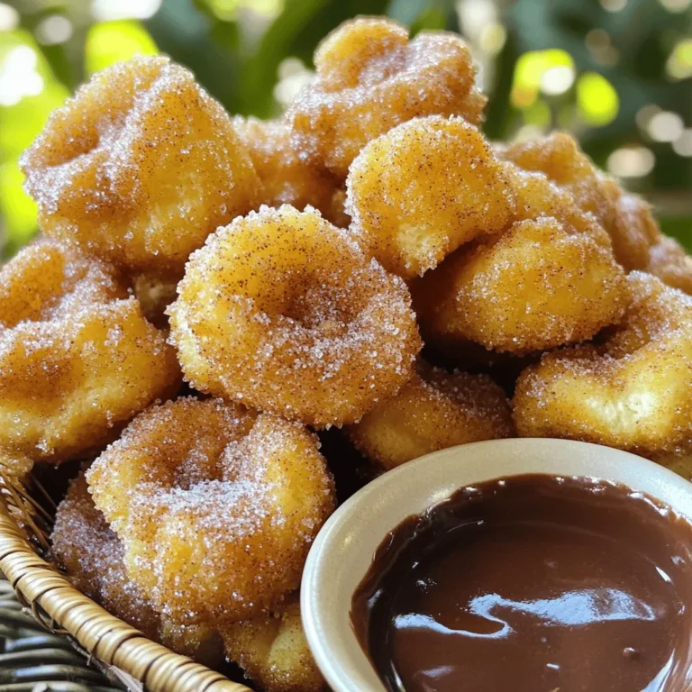 To make delicious Cinnamon Sugar Churro Bites, you will need: - 1 cup water - 1/2 cup unsalted butter, cut into pieces - 1 tablespoon granulated sugar - 1/4 teaspoon salt - 1 cup all-purpose flour - 2 large eggs, at room temperature - 1 teaspoon vanilla extract - Oil for frying (such as vegetable or canola) - 1/2 cup granulated sugar (for coating) - 2 teaspoons ground cinnamon For the best taste, I recommend using high-quality butter like Kerrygold. It adds a rich flavor to your churro bites. For sugar, any brand of granulated sugar works great. If you need to make changes, here are some options: - For frying, you can use different oils like sunflower or peanut oil. Both work well. - If you want a gluten-free option, use a gluten-free all-purpose flour blend. Brands like Bob’s Red Mill or King Arthur's are reliable choices. To make the churro dough, start with a saucepan. Combine 1 cup of water, 1/2 cup of unsalted butter, 1 tablespoon of sugar, and 1/4 teaspoon of salt. Place this over medium heat. Stir until it reaches a rolling boil. This step is key. The heat melts the butter and combines the ingredients. As soon as the mixture boils, add 1 cup of all-purpose flour all at once. Stir it quickly with a wooden spoon. Mix until the dough pulls away from the pan. This should take about 1-2 minutes. If the dough is too wet, cook it a bit longer to dry it out. After mixing, remove the saucepan from the heat. Let the dough cool for about 5 minutes. It should be warm but not hot. Then, add 2 large eggs one at a time. Mix well after each egg. The dough will become smooth and shiny. Finally, stir in 1 teaspoon of vanilla extract for flavor. Now, it’s time to fry! Heat oil in a deep fryer or heavy pot to about 350°F (175°C). Use a deep-frying thermometer for this. This temperature is important for perfect churros. Too hot, and they will burn. Too cool, and they will be greasy. Prepare a piping bag with a star tip or a Ziploc bag with a snipped corner. Fill it with the churro dough. Pipe small pieces of dough, about 1 inch long, into the hot oil. Be sure to leave space between them. This allows them to puff up as they cook. Fry the churro bites for about 2-3 minutes. Flip them halfway through for even cooking. They should turn a nice golden brown. Once done, use a slotted spoon to take them out. Place them on a plate lined with paper towels to drain excess oil. While the churro bites are still warm, roll them in the cinnamon-sugar mixture. In a shallow bowl, mix 1/2 cup of granulated sugar with 2 teaspoons of ground cinnamon. Make sure the coating is even. This step adds sweet flavor and crunch. To avoid clumps, shake off any excess dough before rolling. This keeps the sugar from sticking together. Ensure each bite is fully coated. This sweet finish makes churro bites a delightful treat. Serve them warm for the best taste! - Overcooking or undercooking the churros: The key is to fry them until golden brown, about 2-3 minutes. If they are too light, they will be doughy inside. If they are too dark, they may taste burnt. Use a slotted spoon to check their color while frying. - Mistakes when piping the dough: Make sure to use a star tip for a classic churro look. If the dough is too thick, it won't pipe well. If it's too thin, it may spread out too much when frying. Keep the dough warm for easier piping. - Enhancing the cinnamon-sugar coating: Mix in a pinch of nutmeg or a dash of vanilla powder with the cinnamon and sugar for extra depth. You can also try adding some zest from an orange or lemon for a fresh twist. - Adding fillings to churro bites: Consider adding chocolate or caramel fillings. You can pipe the filling into the churro bites after frying. Use a small piping bag with a narrow tip to inject the filling. This adds a surprise element to your delicious treat! {{image_4}} You can change up the flavor of your churro bites. Try adding spices like nutmeg or cardamom for a warm twist. For an exciting kick, mix in some chili powder or cayenne pepper. If you love chocolate, fill your churro bites with melted chocolate or caramel. Simply pipe the filling in after frying. The warm fillings will melt in your mouth and make each bite special. Pair these churro bites with delicious dips. Chocolate sauce and caramel are classic choices. You can also try a creamy vanilla dip or even a fruity sauce. For a fun twist, serve churros in a cute basket lined with parchment. Add a small bowl of dip on the side. This creates a fun sharing experience for your guests. For parties, you can arrange them on a platter with sprinkles for color. The more creative, the better! To keep your churro bites fresh, place them in an airtight container. This method helps prevent them from drying out. If you want them crispy, add a paper towel inside the container. The towel absorbs moisture and keeps them crunchy. For softer churros, just store them without the towel. To reheat churro bites and keep their texture, use an oven. Set it to 350°F (175°C) and heat the churros for about 5-7 minutes. This method warms them up without making them soggy. You can also use an air fryer for about 3-4 minutes for extra crispness. If you want to freeze churro bites, let them cool completely first. Then, place them in a single layer on a baking sheet. Once frozen, transfer them to a freezer-safe bag. They can stay fresh for up to three months. When ready to eat, just reheat as mentioned above. Cinnamon sugar churro bites are small, sweet treats. They are made from a dough that puffs up when fried. Churros have roots in Spain and Latin America. They have a crispy outside and a soft inside. Traditionally, churros are long and served with chocolate. But these bites are a fun twist on the classic. You can enjoy them without the mess of dipping. They are perfect for sharing or a quick snack. Yes, you can make churro batter ahead of time! Store the dough in the fridge for up to two days. Just cover it tightly with plastic wrap. When you're ready to fry, let it warm up for a bit. This helps it pipe better. You can also freeze the dough for up to a month. Just thaw it in the fridge overnight before frying. This way, you can enjoy fresh churro bites anytime. You can find pre-made churro bites at many grocery stores. Look for them in the frozen section. Brands like Trader Joe's offer tasty options. Local bakeries and cafes often serve churros, too. Check out Mexican restaurants in your area. They might have fresh churros you can enjoy. You can even search for food trucks that specialize in churros. You now have everything you need to make delicious Cinnamon Sugar Churro Bites. We covered essential ingredients, from recommended brands to possible substitutions. I shared step-by-step instructions for preparing, frying, and coating the churros to achieve the best results. Plus, tips helped you avoid common mistakes. Remember, the joy of making churro bites lies in the flavors and creativity you bring. With practice, you'll perfect your technique. Enjoy sharing these treats with family and friends!