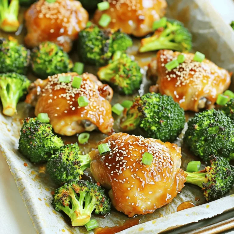 - 1.5 lbs boneless, skinless chicken thighs - 3 cups broccoli florets - 2 tablespoons sesame oil - 3 tablespoons soy sauce (or tamari for gluten-free) - 1 tablespoon fresh ginger, finely grated - 3 cloves garlic, minced - 2 tablespoons honey or pure maple syrup - 1 tablespoon rice vinegar - 1 tablespoon sesame seeds - 3 green onions, finely chopped - Salt and freshly ground black pepper to taste For this recipe, I use boneless, skinless chicken thighs. They stay juicy and cook evenly. Fresh broccoli florets add great color and crunch. I love using sesame oil and soy sauce for their rich flavors. The marinade is where the magic happens. Fresh ginger gives a nice kick, while garlic adds warmth. Honey or maple syrup balances the flavors with sweetness. Rice vinegar adds brightness and tang. To finish the dish, I sprinkle sesame seeds on top for a nutty crunch. Chopped green onions bring freshness. Don’t forget salt and pepper to taste; they enhance all the flavors. This mix of ingredients creates a tasty and well-rounded meal. You’ll love how simple yet flavorful it is! First, set your oven to 400°F (200°C). This temperature helps the chicken cook well. To make cleanup easy, line a big baking sheet with parchment paper. This way, food won’t stick to the sheet. In a mixing bowl, combine the following ingredients: - 2 tablespoons sesame oil - 3 tablespoons soy sauce (or tamari for gluten-free) - 1 tablespoon fresh ginger, finely grated - 3 cloves garlic, minced - 2 tablespoons honey (or pure maple syrup) - 1 tablespoon rice vinegar - A pinch of salt and pepper Whisk these ingredients together until fully mixed. This marinade adds a rich flavor. Take 1.5 lbs of boneless, skinless chicken thighs. Place them in a resealable plastic bag or a shallow dish. Pour half of the marinade over the chicken. Seal the bag or cover the dish. Marinate in the fridge for at least 30 minutes. For better flavor, let it marinate for up to 2 hours. In another bowl, place 3 cups of broccoli florets. Pour the remaining marinade over the broccoli. Toss the florets well to coat them evenly. This gives the broccoli great taste. Once marinated, take the chicken out of the fridge. Lay the chicken thighs in the center of your prepared baking sheet. Surround them with the marinated broccoli. This way, both cook together nicely. Slide the baking sheet into the preheated oven. Bake for 25-30 minutes. The chicken should reach an internal temperature of 165°F (75°C). The broccoli should become tender with crispy edges. After baking, remove the sheet from the oven. Let the chicken rest for a few minutes. This helps keep it juicy. Then, slice the chicken into pieces. Just before serving, sprinkle chopped green onions on top. This adds color and freshness. You can serve the dish right from the baking sheet or transfer it to a platter. Add lime wedges for extra zest if you like. To enhance flavors, let the chicken marinate longer. I suggest two hours if you can. This time allows the chicken to soak up the ginger and garlic. For a twist, add a splash of orange juice or a pinch of chili flakes. Both will give your dish a fresh kick. Ovens can vary, so keep an eye on your chicken. If you have a convection oven, reduce the baking time by five minutes. Use a meat thermometer to check the chicken's doneness. When it hits 165°F (75°C), it's ready. If your oven runs hot, lower the temperature to prevent burning. Pair this dish with fluffy rice or quinoa for a complete meal. Steamed jasmine rice brings a lovely aroma and texture. You can also serve it with a green salad for a fresh crunch. A simple cucumber salad with rice vinegar works well, too. For a little zing, add lime wedges on the side. {{image_4}} You can swap out the broccoli for other tasty veggies. Carrots add a nice crunch and sweetness. Bell peppers bring vibrant color and flavor. Sugar snap peas cook quickly and add a fresh taste. Zucchini slices roast well and soak up the marinade. Feel free to mix and match your favorites for a fun twist. If you want to change the chicken, try using pork or tofu. Pork tenderloin works great with the same marinade. Cut it into thin slices for even cooking. Firm tofu absorbs flavors well. Be sure to press it first to remove extra water. This will help it soak up the delicious marinade. To make this dish gluten-free, use tamari instead of soy sauce. It tastes just as good. For a vegan option, use tofu or tempeh in place of chicken. Replace honey with maple syrup to keep it plant-based. These changes keep the flavor while meeting different dietary needs. To store leftovers, let the dish cool first. Place the chicken and broccoli in an airtight container. This keeps them fresh for up to three days in the fridge. I recommend separating the chicken and broccoli for best taste. When you want to eat, just grab what you need! You can freeze this dish too! First, let it cool completely. Then, pack it in a freezer-safe bag or container. Remove as much air as possible before sealing. It can last for up to three months in the freezer. When you’re ready to eat, thaw it overnight in the fridge. Reheating is easy! For the oven, preheat to 350°F (175°C). Place the leftovers on a baking sheet and cover with foil to keep them moist. Heat for about 15-20 minutes. You can also use a microwave. Just place it in a bowl and cover it. Heat in 1-minute bursts until warm. Enjoy your meal again with all its flavors! To make this dish gluten-free, simply swap out regular soy sauce for tamari. Tamari is a gluten-free soy sauce alternative. Make sure to read labels, as some brands may add gluten. You can also use coconut aminos for a soy-free option. Both choices keep the dish tasty and flavorful. Yes, you can use frozen chicken or broccoli. If using frozen chicken, thaw it completely before marinating. This ensures the marinade sticks well. For frozen broccoli, no need to thaw; just add it directly to the baking sheet. The cooking time may slightly increase, so check it often. You can serve this dish with several sides. Here are some great options: - Jasmine rice or brown rice - Quinoa for a healthy twist - A fresh salad with a light dressing - Steamed rice noodles for a fun addition These sides balance the flavors and round out your meal. To check if the chicken is cooked, use a meat thermometer. The internal temperature should reach 165°F (75°C). If you don't have a thermometer, cut into the thickest part of the chicken. The meat should be white and juices should run clear. Always ensure the chicken is fully cooked for safety. This recipe for sheet pan sesame ginger chicken is both easy and tasty. We covered the main ingredients, from chicken to fresh broccoli. The marinade, made with ginger and garlic, adds great flavor. Baking tips help you achieve the perfect meal. Don't forget to try variations, like different proteins or veggies. Storing leftovers is simple with our tips. Explore your options and enjoy this dish with family or friends. Cooking can be fun, and this recipe makes it easy!