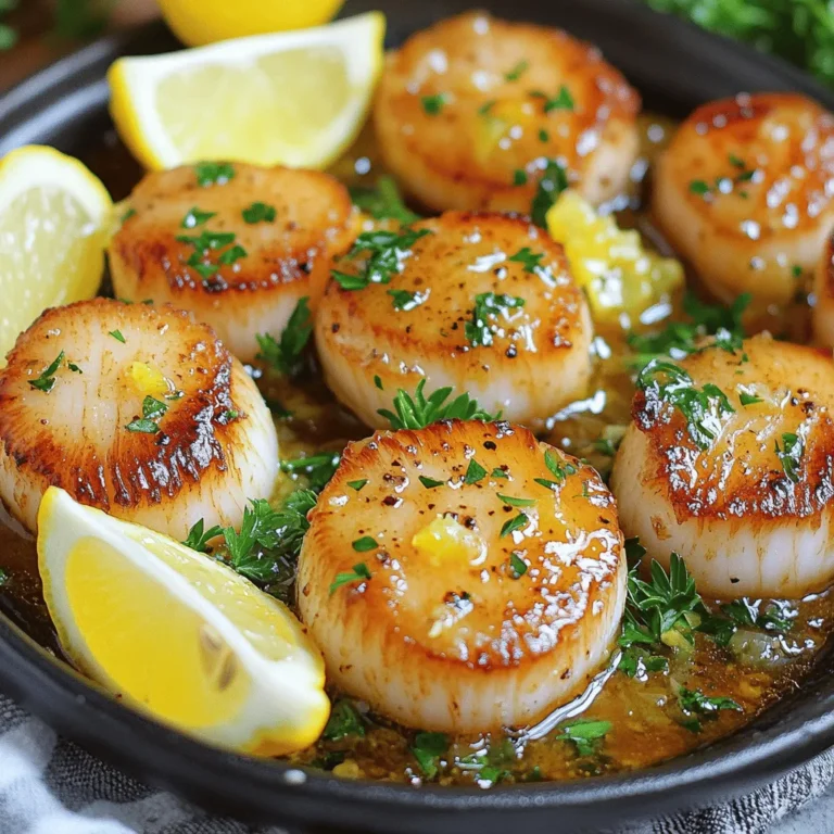 - 1 pound sea scallops, thoroughly patted dry - 4 tablespoons unsalted butter, divided - 3 cloves garlic, finely minced - Juice and zest from 1 fresh lemon - Salt and freshly ground black pepper to taste - 1 tablespoon fresh parsley, finely chopped - Lemon wedges, for an added garnish When making Lemon Garlic Butter Scallops, the right ingredients are key. First, let’s talk about the scallops. I always choose fresh sea scallops. These are sweet and tender, making them perfect for this dish. Make sure you pat them dry. This step is very important. If they are wet, they won’t sear well and will steam instead. Next, we need butter. I use unsalted butter, as it gives me control over the saltiness. You will melt two tablespoons for cooking the scallops and two more for the sauce. This will make the dish rich and creamy. Garlic adds a nice kick to the flavor. I finely mince three cloves for the best taste. Fresh lemon is crucial too. We’ll use both juice and zest. This gives a bright flavor that pairs well with the scallops. Don’t forget salt and pepper! These simple seasonings will bring out the best in your scallops. Fresh parsley adds a nice touch, both in flavor and color. Lastly, lemon wedges make a great garnish. They allow you to add more lemon juice when serving. By choosing high-quality ingredients, you set the stage for a delicious meal. The balance of flavors makes this dish a true delight. First, pat each scallop dry with paper towels. This step is key. If they are wet, they will steam instead of sear. A good sear gives scallops a lovely crust. Next, season them well with salt and pepper. This simple step boosts their flavor and makes them shine. Now, let’s melt the butter. In a large skillet, heat 2 tablespoons of butter over medium-high heat. Wait until it foams and turns light golden. This means it’s hot and ready. Place the seasoned scallops in the skillet without crowding them. This helps them cook evenly. Sear for 2-3 minutes without moving them. You want a nice golden crust. Flip the scallops gently with tongs and cook for another 2-3 minutes. They should be opaque and firm. Remove them from the pan and set aside while you make the sauce. In the same skillet, add the remaining 2 tablespoons of butter and the minced garlic. Sauté the garlic for about 30 seconds. Stir constantly to keep it from burning. You want it fragrant but not browned. Next, pour in the lemon juice and add the zest. Stir well to mix. Let the sauce simmer for about 1 minute to bring out the flavors. Finally, add the seared scallops back to the skillet. Gently toss them in the sauce to coat well, then remove from heat. - Ideal skillet temperature: Start by heating your skillet on medium-high heat. This ensures the butter foams and turns golden. A hot skillet gives scallops a nice sear. - Avoiding overcrowding the pan: Place only a few scallops in the pan at a time. If you crowd them, they will steam instead of sear. This can ruin their texture. Cook in batches if needed. - Adjusting salt and seasoning: Use salt generously, but taste as you go. The scallops need it to enhance their natural flavor. A good balance makes a big difference. - Enhancing lemon flavor: For a brighter taste, add more lemon zest. It gives a fresh punch. Squeeze extra lemon juice over the scallops just before serving. - Arrangement suggestions for serving: Place the scallops in a circular pattern on a white plate. This makes them look elegant. Drizzle the sauce over them for a nice touch. - Additional garnishing tips: Sprinkle fresh parsley on top for color. Add lemon wedges on the side for extra flavor. This not only looks good but also adds freshness. {{image_4}} You can easily swap scallops for shrimp or fish. Shrimp cooks fast and has a sweet flavor. Use large shrimp for the best results. For fish, choose firm types like cod or halibut. They hold up well to searing and absorb the garlic lemon butter perfectly. Adding herbs or spices can change the dish. Fresh thyme or dill bring a different taste. You might try red pepper flakes for some heat. Incorporating vegetables can also add color and nutrition. Try asparagus or spinach. Sauté them briefly in the same pan for extra flavor. To make it dairy-free, use olive oil instead of butter. It adds richness and keeps the dish light. For gluten-free, this recipe is already safe. Just ensure your seasonings and any extras are gluten-free. These tweaks make the dish suitable for many diets. To store leftover Lemon Garlic Butter Scallops, you need to act fast. Place the scallops in an airtight container. This helps keep them fresh and tasty. I recommend using glass containers for better storage. They don't absorb odors, and they’re easy to clean. When reheating scallops, low heat is your friend. Start by placing them in a skillet over medium-low heat. Add a little butter to keep them moist. Stir gently to avoid overcooking them. Overcooked scallops can turn rubbery, and we don’t want that! Yes, you can freeze Lemon Garlic Butter Scallops! However, they taste best fresh. If you must freeze them, place the scallops in a freezer-safe bag. Remove as much air as possible. To thaw, place them in the fridge overnight. This gentle thawing helps maintain their texture. Avoid refreezing them after thawing for the best flavor. You can tell scallops are done by their color and texture. They should be opaque, not translucent. The edges will turn golden brown, showing a nice sear. A good rule of thumb is to cook them for 2-3 minutes on each side. If they feel firm to the touch, they are ready to eat. Pair your scallops with light sides to balance their rich flavor. Here are some great options: - Garlic mashed potatoes - Steamed asparagus - Fresh green salad with a lemon vinaigrette - Creamy risotto - Roasted vegetables These sides will enhance your meal and keep it fresh. You can prep some parts of the recipe ahead. Pat the scallops dry and season them a few hours before cooking. Store them in the fridge. The sauce can be made earlier too. Just reheat it before serving. However, cook scallops just before serving. They taste best fresh and warm. In this blog post, we covered how to prepare delicious Lemon Garlic Butter Scallops. We discussed key ingredients, like fresh scallops and garlic. We shared step-by-step cooking techniques for perfect searing and tasty sauce. Tips on flavor balance and presentation helped elevate your dish. Exploring variations and storage options made it easier to enjoy later. Cooking scallops can be simple and rewarding. With these steps, you can impress anyone at your table. Enjoy your meal!