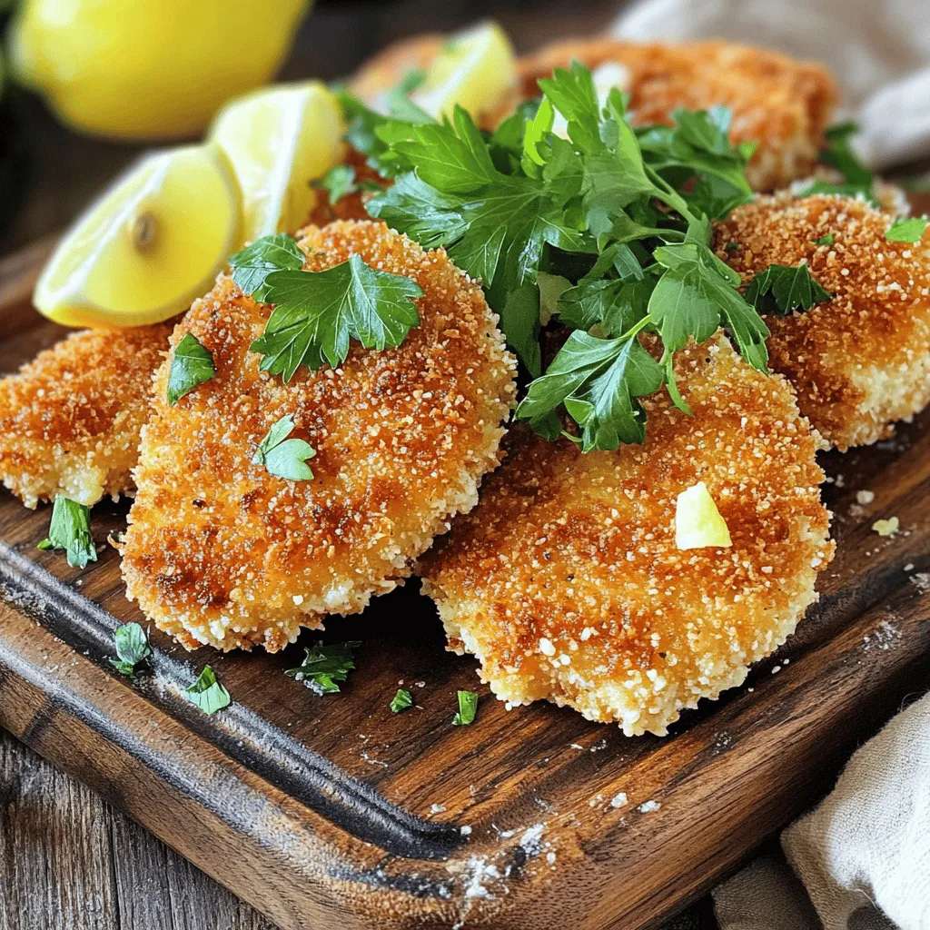 To make crispy Parmesan crusted chicken cutlets, gather these simple ingredients: - 4 boneless, skinless chicken breasts - 1 cup all-purpose flour - 2 large eggs - 1 cup panko breadcrumbs - 1/2 cup freshly grated Parmesan cheese - 1 teaspoon garlic powder - 1 teaspoon smoked paprika - Salt and pepper to taste - 1/4 cup fresh parsley, finely chopped - Olive oil for frying These ingredients create a crunchy, flavorful crust. The panko breadcrumbs add extra crunch, while Parmesan gives a rich flavor. Garlic powder and smoked paprika enhance the taste, making each bite delightful. Ensure you have fresh chicken breasts for the best results. Fresh parsley adds color and freshness when you serve. Olive oil is essential for frying, so don't skimp on it. Once you gather your ingredients, you're ready to dive into the cooking process. Each step builds flavor, so be sure to follow along closely. Enjoy the cooking journey! First, take your chicken breasts and place them between two sheets of plastic wrap. Use a meat mallet or a rolling pin to pound the chicken. Aim for an even thickness of about 1/2 inch. This helps the chicken cook evenly and stay tender. Next, add salt and pepper to your flour. This will give the chicken a nice flavor right from the start. Now, let’s set up our breading station. Grab three shallow dishes. In the first dish, fill it with all-purpose flour that you just seasoned. In the second dish, crack two large eggs and beat them well. In the third dish, mix panko breadcrumbs with grated Parmesan cheese, garlic powder, smoked paprika, and a pinch of salt and pepper. Make sure everything is evenly mixed. Now it’s time to bread the chicken. Start by taking each piece and coating it in the seasoned flour. Make sure the chicken is fully covered, then tap off any extra flour. Next, dip the floured chicken into the beaten eggs. Ensure it gets a light coating and let any excess egg drip back into the dish. Finally, press the chicken into the breadcrumb mix. Make sure both sides are covered well and press down firmly to create a thick crust. Repeat this step for all the chicken pieces. For frying, pour enough olive oil into a large skillet to create a layer that is about 1/4 inch deep. Heat the oil over medium heat. To test if the oil is ready, drop in a breadcrumb. If it sizzles right away, you’re good to go. Carefully add the breaded chicken cutlets to the hot oil. Do not overcrowd the pan; fry in batches if needed. Cook each cutlet for about 4-5 minutes until it turns golden brown and crispy. Flip the cutlets and cook the other side for another 4-5 minutes. When done, use tongs to transfer the cutlets to a plate lined with paper towels. This will help drain off any extra oil. Using panko breadcrumbs is key for that extra crunch. They are light and airy, which helps create a crispy texture. Regular breadcrumbs won’t give you the same result. Always avoid overcrowding the frying pan. This lets the chicken fry evenly. When you pack too much in, steam builds up, making the cutlets soggy. To boost flavor, add spices like cayenne pepper or Italian herbs to the breadcrumbs. You can also use different cheeses. Try mozzarella for a milder taste or even a mix of cheddar for a nice twist. This adds depth and keeps things interesting. For a beautiful plate, stack the cutlets slightly on one side. Garnish with fresh lemon wedges and parsley. This adds color and freshness. Serve with a side of mixed greens or sautéed vegetables. A light salad balances the meal and adds crunch. {{image_4}} You can make a lighter version of crispy chicken cutlets. Try baking them instead of frying. This method uses less oil, making the dish healthier. Preheat your oven to 400°F (200°C). Place the breaded cutlets on a baking sheet lined with parchment paper. Bake for about 20 minutes, flipping halfway. They will still be crispy and delicious! If you need a gluten-free option, use gluten-free breadcrumbs. They work just as well. This swap keeps the crunch while being safe for those with gluten issues. To add a fun twist, try adding herbs or spices to your breadcrumb mix. Dried basil, oregano, or thyme can bring a fresh taste. A hint of cayenne pepper adds a nice kick. Mix these in with the panko breadcrumbs for extra flavor. You can also use different cheeses for a unique taste. Try mixing in some shredded mozzarella or sharp cheddar with the Parmesan. Each cheese brings its own flavor profile, making your cutlets special. Crispy chicken cutlets make great sandwiches or wraps. Slice the cutlets and place them in a bun with lettuce and tomatoes. Drizzle some ranch or honey mustard sauce for added flavor. You can also pair the cutlets with different sauces. A creamy garlic sauce or tangy barbecue sauce complements the crispy crust nicely. This versatility lets you enjoy the cutlets in many fun ways! After cooking your crispy Parmesan crusted chicken cutlets, let them cool. Place them on a wire rack to allow air to flow around them. This helps keep the crust crispy. Once they reach room temperature, you can store them. Use airtight containers to keep them fresh. Store them in the fridge for up to three days. To reheat, avoid the microwave. It makes the crust soggy. Instead, use an oven or a skillet. Preheat your oven to 375°F (190°C). Place the cutlets on a baking sheet. Heat them for about 10-15 minutes. If using a skillet, heat a little oil over medium heat. Cook for about 3-4 minutes per side. This method keeps the cutlets crispy and tasty. Crispy Parmesan crusted chicken cutlets last about 3 to 4 days in the fridge. Store them in an airtight container. Make sure they cool down before you put them in. This keeps them fresh for your next meal. Yes, you can freeze uncooked chicken cutlets. Place them between parchment paper or wax paper. Then, put them in a freezer-safe bag. They can last for up to 3 months. Just thaw in the fridge before cooking. Serve crispy Parmesan crusted chicken cutlets with a side salad or roasted veggies. A mixed green salad adds freshness. You can also try mashed potatoes or pasta for a hearty meal. Lemon wedges enhance the dish’s flavor. Absolutely! You can use chicken thighs instead of breasts. Thighs are juicier and add extra flavor. Just make sure to adjust the cooking time. They may take a little longer to cook through. To keep the chicken juicy, pound it to an even thickness. This helps it cook evenly. Frying at the right temperature also matters. If the oil is too hot, the outside cooks fast, leaving the inside dry. Aim for a medium heat. In this post, we covered how to make crispy Parmesan crusted chicken cutlets. We discussed the key ingredients, preparation steps, and frying tips for the perfect texture. I shared valuable storage info and some fun variations. These tips make cooking easy and fun. With the right ingredients and techniques, you can enjoy a delicious meal. Remember, experimenting with flavors can make it even better! So, go ahead and try this recipe today!