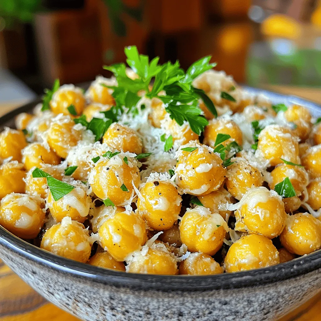 To make Garlic Parmesan Roasted Chickpeas, gather these key ingredients: - 1 can (15 oz) chickpeas, thoroughly drained and rinsed - 3 tablespoons extra virgin olive oil - 2 teaspoons garlic powder - 1 teaspoon onion powder - 1 teaspoon smoked paprika - 1 teaspoon flaky sea salt - 1/2 teaspoon freshly ground black pepper - 1/2 cup freshly grated Parmesan cheese - Fresh parsley, finely chopped (for garnish) Using high-quality ingredients makes a big difference. Freshly grated Parmesan adds rich flavor. It melts better and coats the chickpeas nicely. Always choose good olive oil for the best taste. You can elevate your chickpeas with some fun toppings. Consider adding: - A sprinkle of cayenne pepper for heat - Dried oregano or thyme for herbiness - Extra flaky sea salt for a crunchy finish These garnishes can enhance the flavor. Try pairing your chickpeas with a refreshing dip, like tzatziki or hummus. They also complement well with a light salad or fresh veggies. Enjoy experimenting! 1. Start by preheating your oven to 400°F (200°C). This step is key for crispiness. 2. Line a baking sheet with parchment paper. This helps with easy cleanup and adds crunch. 3. Open a can of chickpeas. Pour them into a strainer and rinse them well. 4. Pat the chickpeas dry with a paper towel. This step removes moisture for crunchier snacks. 1. In a large bowl, mix the dried chickpeas with 3 tablespoons of olive oil. 2. Add 2 teaspoons of garlic powder, 1 teaspoon of onion powder, 1 teaspoon of smoked paprika, 1 teaspoon of flaky sea salt, and 1/2 teaspoon of black pepper. 3. Toss the chickpeas well. Make sure each chickpea gets coated in the tasty spices. 4. Spread the chickpeas in a single layer on the baking sheet. This arrangement helps them roast evenly. 1. Place the baking sheet in the oven and roast the chickpeas for 25 to 30 minutes. Shake the pan halfway to cook them well. 2. Once they turn golden brown, take them out. Sprinkle 1/2 cup of grated Parmesan cheese over the hot chickpeas. 3. Gently toss the chickpeas again. This ensures each piece gets some cheesy goodness. 4. Return the baking sheet to the oven for another 5 minutes. This helps the cheese melt and stick. 5. After roasting, let the chickpeas cool for a few minutes. Serve them in a bowl and add chopped fresh parsley on top. Enjoy your crunchy, cheesy snack! To make your chickpeas crunchy, drying is key. After rinsing, pat them dry with a paper towel. This helps remove any extra moisture. Without this step, the chickpeas may turn out soft instead of crispy. Roasting is also important. Preheat your oven to 400°F (200°C). Spread the dried chickpeas on a baking sheet in a single layer. Roast them for 25-30 minutes. Halfway through, shake the pan to cook evenly. You want them to become golden brown and crisp. To make your chickpeas even tastier, add extra spices or herbs. For a kick, try adding cayenne pepper or chili powder. You can also mix in dried herbs like oregano or thyme. They give a nice aroma and flavor. If you want to switch up the cheese, consider alternatives. You can use pecorino for a sharper taste. Nutritional yeast is great if you want a vegan option. It gives a cheesy flavor without dairy. {{image_4}} You can change the taste of your chickpeas with just a few tweaks. Try making spicy chickpeas by adding cayenne pepper or chili powder. Just sprinkle in about a teaspoon of either spice before roasting. This adds a nice kick that heat lovers will enjoy. For a fresh twist, consider herb-infused chickpeas. Use fresh or dried herbs like rosemary, thyme, or oregano. Mix in about a teaspoon of your chosen herb with the spices. This will bring a bright flavor to your snack. If you're looking for a vegan option, you can swap out the Parmesan cheese. Try using nutritional yeast instead. It has a cheesy flavor and is great for vegan diets. Just use about a half cup to keep the taste. Rest assured, this recipe is entirely gluten-free. All the ingredients, from chickpeas to spices, are safe for those with gluten sensitivities. You can enjoy this crunchy snack without worry. To keep your roasted chickpeas fresh, store them in an airtight container. Make sure they are completely cooled before sealing. You can keep them at room temperature for up to five days. If you want to keep them longer, store them in the fridge for a week. Just remember, the longer they sit, the less crunchy they become. To reheat your chickpeas and keep them crunchy, use the oven. Preheat it to 350°F (175°C). Spread the chickpeas on a baking sheet and heat for about 10 minutes. This will help regain their crispiness. If you have leftovers, try adding them to salads or soups for extra crunch. You can also toss them in your favorite dishes for added flavor. They make a great topping for a simple pasta or a vibrant grain bowl. Yes, you can use dried chickpeas. First, soak them in water overnight. This softens the beans. After soaking, drain and rinse the chickpeas. Then, boil them in fresh water for about 1 hour. You want them tender but not mushy. Once cooked, follow the same steps in the recipe. Dry them well before seasoning. This will help them crisp up nicely in the oven. To spice up your chickpeas, add cayenne pepper or crushed red pepper flakes. Start with 1/4 teaspoon and adjust to your taste. You can also use spicy paprika instead of smoked paprika. Another option is to toss in some chili powder. Mix your spices well to ensure every chickpea gets that heat. Enjoy the extra kick! Yes, you can freeze these chickpeas. Allow them to cool completely first. Then, place them in an airtight container or a freezer bag. They will keep well for up to 3 months. When you want to eat them, thaw in the fridge overnight. Reheat them in the oven at 350°F (175°C) for about 10 minutes. This will help them regain their crunch. Enjoy your snack anytime! Garlic Parmesan Roasted Chickpeas are easy and fun to make. We outlined key ingredients, step-by-step instructions, and helpful tips to get the best flavor and texture. Remember to use high-quality ingredients and dry your chickpeas well for crunchiness. Feel free to explore different flavors and store leftovers properly. Making these snacks at home can bring joy to your meals. Enjoy your tasty, healthy treats!