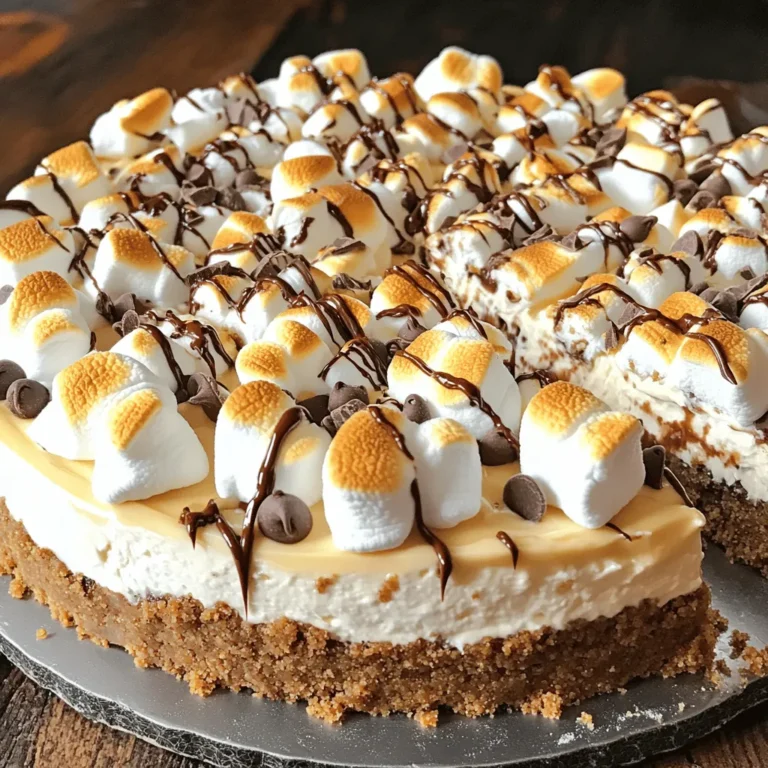 - For the crust: - 1 ½ cups graham cracker crumbs - ½ cup unsalted butter, melted - 2 tablespoons brown sugar - For the filling: - 16 oz cream cheese, softened to room temperature - 1 cup powdered sugar - 1 teaspoon pure vanilla extract - 1 cup heavy whipping cream - 1 cup mini marshmallows - ½ cup chocolate chips (you can use semi-sweet or milk chocolate) - Optional toppings: - Additional mini marshmallows - Chocolate shavings for garnish - Medium mixing bowl for the crust - Large mixing bowl for the filling - Electric mixer for beating cream cheese - Spatula for folding ingredients - 9-inch springform pan to hold your cheesecake Gather all these items before you start. This will make your cooking smooth and fun. Each ingredient plays its part in making this dessert creamy and sweet. Enjoy the process and let your creativity shine! 1. Start by mixing 1 ½ cups of graham cracker crumbs, ½ cup of melted butter, and 2 tablespoons of brown sugar in a medium bowl. Stir until it looks like wet sand. 2. Next, press this mixture into a 9-inch springform pan. Make sure it is even and firm. 3. Place the crust in the refrigerator to chill for about 30 minutes. This helps it set and hold together. 1. In a large bowl, beat 16 oz of softened cream cheese with an electric mixer on medium speed. Do this for about 3 minutes until it is smooth. 2. Gradually add 1 cup of powdered sugar and 1 teaspoon of pure vanilla extract. Keep mixing until everything blends well. 3. In another clean bowl, whip 1 cup of heavy whipping cream on high speed. Beat until stiff peaks form. This gives your cheesecake a light, fluffy texture. 1. Gently fold the whipped cream into the cream cheese mixture using a spatula. Be careful not to deflate the whipped cream. 2. Now, fold in 1 cup of mini marshmallows and ½ cup of chocolate chips. Make sure they are evenly spread throughout the mixture. 3. Pour the cheesecake filling over the chilled crust. Use a spatula to smooth the top. 1. Cover the cheesecake with plastic wrap or aluminum foil. Place it in the refrigerator for at least 4-6 hours or overnight. This helps it set properly. 2. Before serving, toast additional mini marshmallows. You can use a kitchen torch or broil them in the oven for a few seconds. Keep an eye on them to avoid burning. 3. Once toasted, garnish the cheesecake with the marshmallows. Sprinkle chocolate shavings on top for a lovely finish. Release the sides of the springform pan and slice into generous pieces to serve. - Whipping cream techniques: Start with a cold bowl and beaters. This helps the cream whip better. Whip the cream on high speed until you see stiff peaks. Stiff peaks mean the cream holds its shape well. - Importance of room temperature ingredients: Make sure your cream cheese is soft. This makes it easy to mix and helps create a smooth filling. Leave it out for about 30 minutes before you start. - Avoiding overmixing during the folding process: When you fold the whipped cream into the cream cheese, be gentle. Use a spatula to lift and fold the mixture. This keeps the air in the whipped cream, giving you a light texture. - Adding different chocolate types: Try using dark, milk, or even white chocolate chips. Each type gives a unique taste. You can mix them for a fun flavor twist. - Using flavored extracts for a twist: Besides vanilla, add a splash of almond or hazelnut extract. This adds a new layer of flavor that makes your cheesecake stand out. - Mixing in additional s'mores elements like peanut butter: Fold in some creamy peanut butter for a rich taste. It pairs well with chocolate and marshmallows, making every bite exciting. {{image_4}} You can switch up the flavors of your s'mores cheesecake. Here are some fun ideas: - Chocolate chip cookie dough s'mores cheesecake: Mix in bits of cookie dough for a chewy surprise. The cookie dough pairs delightfully with marshmallows and chocolate. - Pumpkin spice s'mores cheesecake: Add pumpkin puree and spices like cinnamon and nutmeg. This twist brings a cozy fall flavor to your dessert. - Berry s'mores cheesecake for a fruity twist: Fold in fresh berries such as strawberries or raspberries. They add a refreshing taste and a beautiful color. You can customize your crust to fit your taste or dietary needs: - Using Oreos or other cookie crumbs: Crush Oreos for a rich, chocolatey crust. This adds a new layer of flavor to your cheesecake. - Gluten-free alternatives using almond flour or gluten-free crackers: Use almond flour or gluten-free cookies for a tasty gluten-free option. This allows more people to enjoy your dessert. - Nut-based crust for a different texture: Blend nuts like walnuts or pecans to create a crunchy crust. This adds a nutty flavor that complements the creamy cheesecake. To keep your s'mores no-bake cheesecake fresh, store any leftovers in the fridge. Place it in an airtight container to prevent it from drying out. You can also use plastic wrap to cover the cheesecake directly. This keeps the flavors intact. The cheesecake stays good for about 3 to 5 days in the fridge. Freezing your s'mores cheesecake is a great way to save some for later. First, let the cheesecake chill in the fridge for at least 4 hours. Then, remove it from the springform pan. Wrap it tightly in plastic wrap, followed by aluminum foil. This extra layer protects it from freezer burn. It can last for up to 2 months in the freezer. When you're ready to enjoy it, thaw the cheesecake in the fridge overnight. This keeps its creamy texture. To serve, slice it while it’s still cool. If you like, add fresh toppings like toasted marshmallows or chocolate shavings for a fun finish. Enjoy your delicious dessert again! The s’mores no-bake cheesecake lasts about 5 days in the fridge. To keep it fresh, store it in an airtight container. This helps seal in moisture and flavors. Yes, you can make this cheesecake a day or two ahead. This gives flavors time to meld together. Just remember to cover it well in the fridge. You can use Greek yogurt or silken tofu for a lighter option. These alternatives provide creaminess without all the fat. They maintain a good texture and flavor. Add extra chocolate chips or a layer of chocolate ganache. You can also use chocolate graham crackers for the crust. This will boost the chocolate flavor in every bite. You learned how to make a delicious s'mores no-bake cheesecake. We covered ingredients, tools, and step-by-step instructions for a perfect dessert. You can customize it with different flavors and crusts. Remember to follow the tips to get the best texture and taste. Store any leftovers properly to enjoy later. Whether you want a classic treat or an exciting twist, this cheesecake is sure to impress! Enjoy your sweet creation!