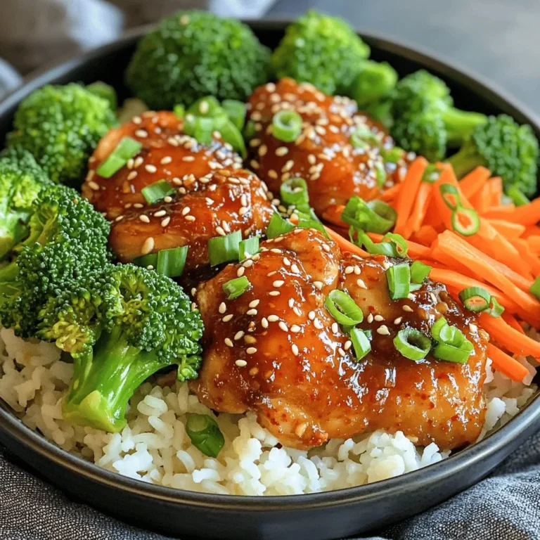 - 1 lb boneless, skinless chicken thighs, sliced - 2 tablespoons gochujang (Korean chili paste) - 2 tablespoons soy sauce - 1 tablespoon sesame oil - 2 garlic cloves, minced - 1 teaspoon ginger, grated - 1 tablespoon honey or maple syrup - 1 cup jasmine rice - 1 ½ cups water - 1 cup broccoli florets - 1 cup carrots, julienned - ½ cup green onions, sliced - Sesame seeds for garnish When you shop for chicken, look for bright color and no smell. The thighs should feel firm, not slimy. For vegetables, choose broccoli that is bright green and firm. Carrots should be crisp and free of spots. Fresh garlic and ginger should feel hard and smell strong. Use jasmine rice that is not broken and feels dry. If you can't find gochujang, you can use sriracha mixed with a bit of miso paste. For soy sauce, try tamari for a gluten-free option. You can replace chicken thighs with chicken breasts if you prefer leaner meat. For the vegetables, feel free to use bell peppers or snap peas. If you want a sweeter taste, maple syrup works well instead of honey. First, grab a bowl. Whisk together 2 tablespoons of gochujang, 2 tablespoons of soy sauce, and 1 tablespoon of sesame oil. Add 2 minced garlic cloves and 1 teaspoon of grated ginger for flavor. Mix in 1 tablespoon of honey or maple syrup for sweetness. This marinade packs a punch! Next, slice 1 pound of boneless, skinless chicken thighs and add them to the bowl. Make sure every piece is covered well. Cover the bowl with plastic wrap and let it sit for at least 30 minutes. For more flavor, refrigerate it for up to 2 hours. While the chicken marinates, it’s time for the rice. Rinse 1 cup of jasmine rice under cold water until the water is clear. This step helps remove excess starch. In a medium pot, mix the rinsed rice with 1 ½ cups of water. Place the pot over medium-high heat. Bring it to a boil. Once boiling, turn the heat down low. Cover the pot and let it simmer for 18 to 20 minutes. When done, the rice should be fluffy and all the water should be absorbed. Now, let’s cook the chicken! Heat a large skillet over medium-high heat. Add the marinated chicken and let it sizzle. Cook for about 7 to 10 minutes. Stir occasionally until the chicken is browned and fully cooked. Meanwhile, fill a small pot with water and bring it to a boil again. Add 1 cup of broccoli florets and 1 cup of julienned carrots. Blanch them for 2 to 3 minutes until they are bright and tender-crisp. Drain and set aside. Once the rice is cooked, fluff it with a fork. Divide the rice into serving bowls. Top each bowl with the spicy chicken. Arrange the blanched broccoli and carrots beside the chicken for a nice look. For the final touch, sprinkle sliced green onions and sesame seeds on top. This adds flavor and a nice crunch. Your Korean chicken bowls are ready to serve hot! To make your spicy Korean chicken bowls taste just like the ones from a restaurant, use gochujang. This chili paste brings heat and depth. Mix it with soy sauce, sesame oil, garlic, and ginger. These ingredients create a rich marinade. Let the chicken soak for at least 30 minutes. For a better flavor, marinate it for up to 2 hours. Use fresh, high-quality ingredients to achieve the best results. One common mistake is not marinating the chicken long enough. This step is key for flavor. Another mistake is overcooking the chicken. Aim for a nice brown color, but don’t let it dry out. When cooking the rice, avoid skipping the rinsing step. Rinsing removes excess starch, making your rice fluffy. Lastly, don’t forget to blanch your veggies. This keeps them bright and crisp. Serve your spicy Korean chicken bowls with a side of kimchi for added flavor. You can also include a small salad. This gives a fresh crunch to balance the meal. For drinks, try iced green tea or a light beer. These drinks pair well with the spicy flavors. Finally, top your bowls with sliced cucumbers or pickled radish for extra crunch and flavor. {{image_4}} To kick up the heat in your spicy Korean chicken bowls, try adding more gochujang. Start with an extra teaspoon or two. You can also mix in some red pepper flakes for an added kick. If you want even more spice, add sliced fresh chili peppers to the chicken as it cooks. For a tangy twist, drizzle some Sriracha on top before serving. If you prefer different proteins, don't worry. You can swap chicken thighs for beef, pork, or tofu. For beef, use thin slices of sirloin. For pork, go with tenderloin, sliced thinly. If you choose tofu, use firm tofu for the best texture. Just remember to press it to remove excess moisture before marinating. Each protein will absorb the flavors well. Feel free to play with the veggies in your bowl. Add bell peppers, snap peas, or zucchini for extra crunch and color. If you want something leafy, kale or spinach works great. You can also use frozen mixed vegetables if you’re short on time. Just blanch them like the broccoli and carrots for a quick cook. To keep your Spicy Korean Chicken Bowls fresh, store them in airtight containers. Make sure the chicken and veggies cool down first. I recommend separating the rice from the chicken and vegetables to keep them from getting soggy. You can keep them in the fridge for up to three days. If you're storing leftovers, try to use them quickly for the best taste. When you’re ready to eat your leftovers, reheat them in the microwave. Place the chicken and veggies in a microwave-safe dish. Cover it with a damp paper towel to keep moisture in. Heat in 30-second bursts until warm. Stir between heats to warm evenly. You can also reheat in a skillet over medium heat. Just add a splash of water to keep it from drying out. If you want to save your Spicy Korean Chicken Bowls for later, freezing is a great option. Place the cooled chicken, rice, and veggies in freezer bags. Squeeze out as much air as you can before sealing. They can last up to three months in the freezer. When you’re ready to eat, thaw them overnight in the fridge. Reheat as mentioned above. Enjoy that fresh taste again! To make gochujang at home, mix 2 tablespoons of red chili powder with 1 tablespoon of soy sauce. Add 1 tablespoon of sugar and a pinch of salt. Combine well. You can add a bit of water to reach your desired thickness. This mix gives you a quick and easy gochujang alternative. You can adjust the spice level by adding more chili powder. Yes, you can use chicken breasts instead of thighs. Chicken breasts are leaner and cook faster. Just slice them into thin pieces. They may not be as juicy as thighs, but they will still taste great with the marinade. Cook the chicken until it reaches an internal temperature of 165°F to ensure it’s safe to eat. You can store leftover chicken bowls in the fridge for up to 3 days. Place the chicken and rice in an airtight container. Make sure the veggies are stored separately to keep them fresh. If you want to keep them longer, you can freeze them for up to 2 months. Just remember to thaw them in the fridge before reheating. Some great sides for your spicy Korean chicken bowls include: - Kimchi - Cucumber salad - Steamed dumplings - Pickled radishes - Asian slaw These sides add flavor and crunch. They also balance the heat from the chicken. Enjoy mixing and matching to find your perfect meal! In this article, we covered key ingredients and steps for delicious Korean chicken bowls. You learned how to choose fresh ingredients, marinate chicken, prepare jasmine rice, and cook vibrant veggies. I shared tips to enhance flavors and avoid common mistakes. You also explored storage options and creative variations to keep meals exciting. Overall, this dish is simple, tasty, and adaptable. Dive in and enjoy making it your way!