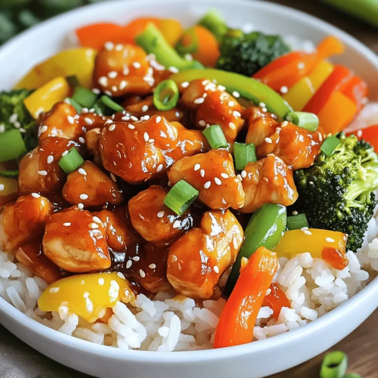 - 2 boneless, skinless chicken breasts, diced into bite-sized pieces - 1/4 cup Sriracha sauce (adjust based on heat preference) - 1/4 cup honey (preferably raw for added flavor) - 2 tablespoons soy sauce (low-sodium preferred) - 1 tablespoon rice vinegar (for a touch of acidity) - 1 tablespoon sesame oil (adds a nice nutty flavor) - 2 cloves garlic, finely minced (for aromatic depth) - 1 teaspoon fresh ginger, grated (for a zesty kick) - 2 cups cooked jasmine rice (lightly fluff with a fork before serving) - 1 cup mixed vegetables (such as bell peppers, carrots, and broccoli, chopped) - 2 green onions, finely sliced for garnish - A sprinkle of sesame seeds for garnish - Salt and freshly cracked black pepper to taste - Use accurate measuring tools for best results. A liquid measuring cup works well for sauces. Use dry measuring cups for solids. - Adjust ingredient quantities based on your taste. If you like it spicier, add more Sriracha. For sweetness, add extra honey. Taste as you go! To start, mix the sauce ingredients in a bowl. Combine 1/4 cup Sriracha, 1/4 cup honey, 2 tablespoons soy sauce, 1 tablespoon rice vinegar, and 1 tablespoon sesame oil. Add 2 minced garlic cloves and 1 teaspoon grated ginger for more flavor. Whisk these together until well-blended. Marination time is key. Let the chicken soak in the marinade for at least 30 minutes. If you have more time, marinate it for up to 2 hours in the fridge. This helps the flavors really soak in. Heat a tablespoon of oil in a large skillet over medium-high heat. When the oil shimmers, add the marinated chicken. Cook it for 6-8 minutes. Stir occasionally. Look for a nice caramelization on the chicken. It should not be pink in the center. To check for doneness, cut a piece in the middle. If it’s white and juices run clear, it’s done. Season with salt and pepper to taste. After the chicken, it’s time for the vegetables. Toss in 1 cup of mixed veggies like bell peppers, carrots, and broccoli. Stir-fry them for around 5 minutes. Cook until they are bright and tender-crisp. To keep vegetables crisp, avoid overcooking. Keep stirring to ensure even cooking. This way, they stay flavorful and colorful. To get the right taste, adjust the spiciness and sweetness. Start with the Sriracha. If you like things spicy, add more Sriracha. If you prefer milder flavors, cut down on it. Honey adds sweetness, so add it based on your taste. A little more honey can balance the heat. Remember, seasoning is key. Salt and pepper enhance the flavors, so don’t skip them. When you assemble your bowls, use fluffy jasmine rice as a base. Scoop a generous amount into each bowl. Then, layer the spicy chicken on top. Add sautéed vegetables next. For a refreshing touch, serve with a side salad or fresh cucumber slices. Pair your meal with a cold drink, like iced tea or lemonade. These drinks can help cool the spice. Visual appeal matters when serving your meal. Garnish each bowl with sliced green onions. A sprinkle of sesame seeds adds a nice touch too. For extra color, you can also add slices of radish or a few cilantro leaves. Use a wide bowl to show off the layers. This makes your meal look inviting and fun to eat. {{image_4}} You can change the protein in this dish. Tofu makes a great meatless option. If you prefer beef, try diced flank steak or ground beef. Both will soak up the sauce nicely. For a fun twist, use shrimp. Different vegetables can also change the flavor. Instead of bell peppers, try zucchini or snap peas. Broccoli is a classic choice, but you can use asparagus for a crunchy bite. Mix and match to find your favorite combo. You can switch out the Sriracha for other sauces. Try sweet chili sauce for a milder taste. Teriyaki sauce adds a nice sweetness too. If you want more heat, add chili paste or fresh jalapeños. To customize the heat level, just adjust the Sriracha amount. You can add more for a fiery kick or less for mild flavor. Adding a splash of lime juice also brightens the dish without adding heat. For a low-carb version, swap the jasmine rice for cauliflower rice. This keeps the meal light and low in carbs. You can also use zucchini noodles for a fun twist. If you need a gluten-free option, use tamari instead of soy sauce. This keeps the flavor while making it safe for gluten-free diets. For vegan substitutions, replace chicken with chickpeas or mushrooms. Both options will soak up the sauce and provide good texture. To store your Spicy Sriracha Honey Chicken Bowls, place leftovers in an airtight container. This helps keep them fresh. You can store them in the fridge for up to three days. Make sure the chicken cools down before sealing the container. This prevents condensation from forming and keeps your meal tasty. When you’re ready to enjoy your leftovers, you can reheat them easily. The best method is on the stovetop. Just add a small splash of water in a pan and heat on medium. Stir until warm. This keeps the chicken juicy and the veggies crisp. If you use a microwave, place the bowl in for one minute. Stir, then heat for another 30 seconds if needed. Remember to cover it with a microwave-safe lid. This helps steam the food and keeps it moist. Enjoy your meal again! The spice level of the Sriracha Honey Chicken Bowls can vary. Sriracha sauce is the main heat source. For a milder dish, use less Sriracha. You can also mix in more honey. This balances the heat with sweetness. If you want more heat, add extra Sriracha or chili flakes. You can also use fresh jalapeños for a kick. Always taste as you go. This way, you can find your perfect heat. Yes, you can make this recipe ahead of time. To do this, marinate the chicken in advance. Marinate for at least 30 minutes or up to 2 hours. This gives the chicken time to soak in the flavors. Store the marinated chicken in an airtight container. Keep it in the fridge until you are ready to cook. Cook the chicken and veggies fresh for the best taste. Leftovers can last up to 3 days in the fridge. These bowls pair well with many side dishes. Try a simple cucumber salad for a crunchy contrast. Steamed broccoli also works great with the flavors. For drinks, I recommend iced tea or a light beer. Both drinks complement the spicy flavors nicely. You could also serve a refreshing lemonade to balance the heat. This post covered making Spicy Sriracha Honey Chicken Bowls from start to finish. You learned about key ingredients like chicken, sauces, and vegetables. I shared tips on measuring and cooking for the best results. You can easily adjust flavors and make variations too. Remember to store your leftovers safely for later enjoyment. With these simple steps, you can create a delicious meal that impresses everyone. Enjoy your cooking and have fun experimenting with flavors!