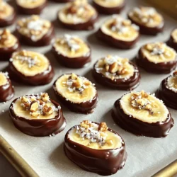 - 2 large ripe bananas - 1 cup dark chocolate chips - 1 tablespoon coconut oil - Sea salt, for sprinkling - 1/4 cup crushed nuts (such as almonds or walnuts) - 1/4 cup shredded coconut (optional) To make chocolate-covered banana bites, you need these simple ingredients. Ripe bananas are key for a sweet taste. Dark chocolate chips give a rich flavor. Coconut oil helps the chocolate melt smoothly. You can add sea salt for a savory touch. Crushed nuts add crunch, and shredded coconut can bring a tropical feel. Each serving has about 100-120 calories, 6-8 grams of fat, 1-2 grams of protein, and 15-20 grams of carbohydrates. These bites are tasty and can be good for you. Bananas are rich in potassium, which is good for your heart. Dark chocolate contains antioxidants that help your body. Nuts provide healthy fats and protein. Using coconut oil adds medium-chain fats that can boost energy. Enjoy these bites as a fun snack, knowing they pack some healthy benefits, too! 1. First, prepare your workspace. Line a baking sheet with parchment paper. This helps with easy removal later. 2. Next, peel the bananas. Slice them into 1-inch thick rounds. Place the slices on a plate. This keeps them neat and ready for dipping. 3. Now, melt the chocolate. In a microwave-safe bowl, mix dark chocolate chips and coconut oil. Heat this in the microwave. Do it in 30-second intervals. Stir well each time. Stop heating when the chocolate is smooth. 1. Grab a fork or toothpick. Take a banana slice and dip it into the melted chocolate. Let the excess chocolate drip off. This gives an even coating. 2. Place each coated banana slice on the lined baking sheet. Leave a little space between pieces. This makes it easier to handle. 3. While the chocolate is still warm, sprinkle sea salt on each bite. This adds a nice flavor boost. You can also add crushed nuts or shredded coconut for extra taste. 1. After dipping all the slices, put the baking sheet in the freezer. Let the bites freeze for about 30 minutes. This helps the chocolate set and firm up. 2. Once the chocolate is hard, serve the banana bites right away. If you want to save them, place them in an airtight container. Store them in the freezer for a cool treat whenever you want something sweet! - Choosing the right chocolate: I recommend using dark chocolate. It adds rich flavor and pairs well with bananas. Look for chocolate that is at least 60% cocoa. This gives a nice balance of sweetness and depth. - Tips for even coating: When dipping, use a fork or toothpick. This helps you control the dip and shake off excess chocolate. Make sure the chocolate is warm but not too hot. This keeps the coating smooth and prevents it from clumping. - How to present the bites: For a fun display, arrange the bites on a colorful platter. You can add some crushed nuts or coconut around them for a nice finish. It makes the treat look more inviting. - Pairing ideas: These bites go great with fresh fruit or a scoop of yogurt. You can also serve them with a glass of cold milk or a cup of coffee. The flavors mix well and make snacking even more enjoyable. - Suggested toppings: Try adding crushed nuts like almonds or walnuts. They add crunch and flavor. Shredded coconut is also a fun option. You can mix and match based on what you like. - Flavor variations: Want to switch it up? Dip the bananas in white chocolate or milk chocolate. You can also spread a little peanut butter on the bananas before dipping for a tasty twist. {{image_4}} You can add a twist to your chocolate-covered banana bites. Try mixing in peanut butter or almond butter for a rich flavor. Just spread a thin layer on each banana slice before dipping. This adds creaminess and a nutty taste. You can also use different types of chocolate. Dark chocolate gives a rich taste, while milk chocolate offers sweetness. White chocolate is fun too! For those who prefer plant-based options, vegan chocolate works great. If you need nut-free options, don’t worry! You can still enjoy these treats. Instead of nuts, try using seeds like sunflower or pumpkin seeds. You can also top the bites with crushed pretzels for a salty crunch. Another idea is to sprinkle on some mini chocolate chips for added sweetness without nuts. Make your banana bites festive for special occasions! You can dip them in colored chocolate for fun. Use sprinkles or edible glitter to make them shine. For Halloween, try orange or purple chocolate. For Christmas, green and red toppings create a holiday vibe. These ideas make your treats not only tasty but also cute and fun! For optimal freshness and taste, keep your chocolate-covered banana bites in an airtight container. This helps to keep them from getting freezer burn. You can use a plastic container or a resealable bag. Just make sure to remove as much air as possible. Label the container with the date, so you remember when you made them. Chocolate-covered banana bites can last up to three months in the freezer. If you refrigerate them, they will stay fresh for about a week. However, freezing is best if you want to keep their taste and texture. The chocolate coating stays firm, and the bananas remain deliciously sweet. To serve after freezing, simply take the bites out of the freezer. Let them sit at room temperature for about 5 to 10 minutes. This will make them easier to eat. If you want them a bit softer, you can microwave them for about 10 seconds. Just be careful not to melt the chocolate again. Enjoy your snack! Yes, you can use ripe bananas. They should have a few brown spots. These spots show they are sweet and soft. Ripe bananas blend well with chocolate. Their flavor shines through. This makes the bites taste amazing! Keep your chocolate warm. Use a microwave-safe bowl. Melt the chocolate in short bursts. Stir it often to keep it smooth. If it cools down, add a bit of coconut oil. This helps to keep it runny. Yes, they can be a healthy treat. Bananas offer vitamins and fiber. Dark chocolate has antioxidants too. Using nuts adds healthy fats and protein. Just watch the portion size. Enjoy them as a sweet snack! You can find them in many stores. Look at health food shops or gourmet markets. Brands like Dole and Whole Foods offer them. You can also check online grocery stores for easy options. In this article, we explored how to make delicious chocolate-covered banana bites. You learned about the key ingredients and their health benefits. We went through clear steps for preparation and coating. I shared tips for making the best bites and ways to customize them. You also found storage options to keep them fresh. Enjoy making these treats for yourself or sharing them with others. They are fun, tasty, and easy to prepare! Happy snacking!