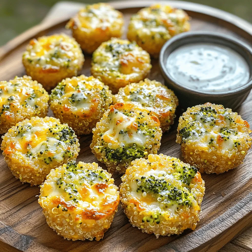 To make delicious Broccoli Cheddar Quinoa Bites, you need simple, fresh ingredients. Here’s the complete list: - 1 cup cooked quinoa - 1 cup fresh broccoli florets, finely chopped - 1 cup sharp cheddar cheese, shredded - 2 large eggs, beaten - 1/2 cup whole wheat breadcrumbs - 1/4 cup green onions, finely chopped - 1 teaspoon garlic powder - 1/2 teaspoon onion powder - Salt and freshly cracked black pepper to taste - Olive oil spray for a crispy finish These ingredients work well together. The quinoa gives a nice base. Broccoli adds color and nutrients. Cheddar cheese brings a creamy flavor. Eggs help bind everything. Whole wheat breadcrumbs add texture. Green onions give a fresh taste. Garlic and onion powders enhance the flavor. Don't forget to season with salt and pepper! Using olive oil spray will help you achieve that perfect crispiness. Enjoy gathering your ingredients! You can create delicious broccoli cheddar quinoa bites with just a few simple steps. We covered the ingredients, preparation, and baking process to help you make these tasty treats. Remember to adjust spices and cheese for your taste. Store any leftovers properly to enjoy later. Whether you prefer them crispy or soft, these bites are easy to customize. Try different veggies or serve them with your favorite dips. Happy cooking!