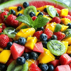 - Watermelon - Strawberries - Blueberries - Kiwi - Mango - Natural honey - Fresh lime juice - Lime zest - Fresh mint leaves The Honey Lime Fruit Salad is a colorful dish made with fresh fruits. You can choose fruits that are in season for the best taste. This salad includes five main fruits. First, the watermelon adds a juicy crunch. Strawberries bring sweetness and color. Blueberries add their deep blue hue and a burst of flavor. Kiwi gives a lovely tartness, while mango provides a rich, tropical touch. For the dressing, I prefer using natural honey. It adds a smooth sweetness that pairs well with the tangy lime. Fresh lime juice brings brightness to the dish. Lime zest adds another layer of citrus flavor that makes the salad pop. You can garnish the salad with fresh mint leaves. They not only look pretty but also add a refreshing aroma. This combination of fruits and dressing creates a delightful medley that is both nutritious and delicious. First, gather your fruits. You need watermelon, strawberries, blueberries, kiwi, and mango. - Dicing and slicing techniques: Use a sharp knife for clean cuts. Cut the watermelon into bite-sized cubes. Hull and slice the strawberries into thin pieces. Peel and thinly slice the kiwi. Dice the mango into small chunks. - Mixing fruits without bruising: Add all the diced fruits to a large mixing bowl. Mix gently using a spatula. Avoid pressing too hard to keep the fruit intact. Next, prepare the dressing. You’ll need honey and lime juice. - Whisking honey and lime juice: In a small bowl, add three tablespoons of honey. Squeeze lime juice into the bowl. Whisk until the mixture is smooth. This dressing brings sweetness and tartness to the salad. Now it’s time to bring everything together. - Drizzling dressing: Pour the honey-lime dressing over the fruit in the large bowl. - Tossing fruits gently: Use a spatula to toss the fruit and dressing. Be gentle to avoid smashing the fruit. - Infusing flavors with lime zest: Add the finely grated lime zest. Toss the salad again gently. This step adds a bright flavor. Let the salad sit for about 10-15 minutes. This helps the flavors mix well. Right before serving, add fresh mint leaves for a pop of color. Enjoy your vibrant Honey Lime Fruit Salad! For the best Honey Lime Fruit Salad, choose seasonal fruits. Seasonal fruits taste better and are fresher. Here are some great options: - Watermelon - Strawberries - Blueberries - Kiwi - Mango Look for ripe fruits. Ripe fruits are sweet and juicy. Check the following signs: - Watermelon should feel heavy and have a dull skin. - Strawberries should be bright red with no white spots. - Blueberries should be plump and firm. - Kiwi should yield slightly to pressure. - Mango should give a little when pressed. Make your fruit salad eye-catching on the plate. Use a large bowl for a colorful display. You can layer the fruits for a nice effect. For added flair, use a glass bowl to show off the layers. Pair this salad with simple dishes like grilled chicken or fish. It also works well as a light dessert after a hearty meal. You can even serve it at brunch with yogurt or granola. This fruit salad is packed with nutrients. Each fruit brings its own health perks. - Watermelon is hydrating and low in calories. - Strawberries are high in vitamin C and fiber. - Blueberries are rich in antioxidants. - Kiwi helps digestion and adds vitamin C. - Mango is a great source of vitamins A and E. Honey and lime also offer great benefits. Honey has natural sweetness and can boost energy. Lime adds flavor and is rich in vitamin C. Together, they enhance the salad's taste and health. {{image_4}} You can mix and match fruits in your Honey Lime Fruit Salad. For a tropical twist, try adding pineapple or papaya. These fruits bring a sweet and juicy flavor. You can also use mango, which adds a rich taste. For berry lovers, substitute strawberries with raspberries or blackberries. They add a tart burst to your salad. You can even combine all berries for a colorful medley. This keeps your salad fresh and exciting every time! If you want to switch up the dressing, consider yogurt-based options. Greek yogurt adds creaminess and a tangy taste. Just mix it with honey and lime juice for a smooth blend. You can also try other citrus flavors. Instead of lime, use orange or lemon juice for a different zing. These variations make your salad unique while still being refreshing. Want to turn your fruit salad into a meal? Add protein like yogurt or nuts. Chopped nuts like almonds or walnuts give a nice crunch. They also add healthy fats and protein. You can also serve it as a breakfast bowl. Top it with granola for added texture. This makes a great start to your day, brightening your morning with vibrant colors and flavors. Store your Honey Lime Fruit Salad in the fridge. Keep it cool to keep it fresh. Use an airtight container to seal in flavors and moisture. This helps the fruit stay crisp and juicy for longer. Your fruit salad will last about 2-3 days in the fridge. After that, the fruits may start to get mushy. For the best taste, enjoy it fresh! You can prep the fruits a day in advance. Chop them and store in separate containers. Keep the honey-lime dressing in a different container. This keeps everything fresh and tasty until you are ready to serve. Yes, you can use frozen fruits. Thaw them first and drain any liquid. This way, your salad stays fresh and tasty. Frozen fruits can save time and still taste great. However, fresh fruits keep their texture better. If you use frozen fruits, it may change the salad's look. Fresh fruits add a nice crunch and vibrant colors. To make this salad vegan, simply replace honey with a plant-based sweetener. Maple syrup or agave nectar works well. Both options add sweetness without animal products. You can also use coconut nectar for a unique flavor. This keeps the salad delicious and suitable for vegans. Just remember to adjust the amount to your taste. If you need a honey substitute, try maple syrup or agave nectar. They offer a similar sweetness. You can also use date syrup or brown rice syrup. Each of these options brings its own flavor. Adjust the amount based on your taste. This way, you can enjoy your salad without honey. This blog post shared how to make a fresh and tasty fruit salad. You learned about great fruits like watermelon and mango, plus how to make a honey lime dressing. I offered tips on choosing ripe fruits and serving ideas. Don't forget about the health benefits these ingredients provide. You can even try different fruits or dressings to mix things up! Enjoy this salad as a snack or a meal option. Happy mixing and savoring each bite!