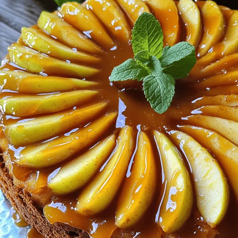 To make a delicious Caramel Apple Upside-Down Cake, you need the right ingredients. Here’s what you will need: - 3 medium apples (Granny Smith or Honeycrisp), peeled, cored, and thinly sliced - 1 cup packed brown sugar - 1/2 cup unsalted butter, plus extra for greasing - 1 teaspoon ground cinnamon - 1 1/2 cups all-purpose flour - 1 teaspoon baking powder - 1/2 teaspoon baking soda - 1/4 teaspoon salt - 1/2 cup granulated sugar - 2 large eggs, at room temperature - 1/2 cup buttermilk (or regular milk with a splash of vinegar) - 1 teaspoon pure vanilla extract These ingredients create a perfect mix of sweet and tart flavors. The apples add moisture and texture. The brown sugar helps form a rich caramel base. You can use Granny Smith apples for a tart taste or Honeycrisp for sweetness. Each choice brings its own twist to the cake. Make sure to have the butter at room temperature for easy mixing. The buttermilk adds fluffiness to the cake. This helps the cake rise and stay moist. Gather these ingredients and get ready for a tasty baking adventure! - Combine 1/2 cup unsalted butter and 1 cup packed brown sugar in a saucepan. - Stir in 1 teaspoon ground cinnamon for flavor. In a small pan, melt the butter and sugar together over low heat. Stir until it blends well and turns smooth. The cinnamon will add a sweet, warm note. - Pour the caramel mixture into the cake pan. - Neatly arrange 3 medium sliced apples over the caramel. Once the caramel is ready, pour it into a greased 9-inch round cake pan. It's important to cover the bottom evenly. Place the apple slices in a circular pattern on top, overlapping them slightly. This creates a beautiful design that looks great when you flip the cake. - Whisk 1 1/2 cups all-purpose flour, 1 teaspoon baking powder, 1/2 teaspoon baking soda, and 1/4 teaspoon salt in a bowl. - Cream 1/2 cup granulated sugar and 1/2 cup unsalted butter, adding 2 large eggs and 1 teaspoon vanilla. In a large bowl, mix the dry ingredients well. This step ensures that everything blends nicely. In another bowl, beat the sugar and butter together until fluffy. Add the eggs one at a time, mixing well each time. Then, stir in the vanilla for extra flavor. - Alternate adding dry ingredients and 1/2 cup buttermilk. - Pour batter over apples and caramel, then bake. With the mixer on low, add the dry mix and the buttermilk to the butter mix. Do this step slowly to keep the cake light. Pour the batter over the apples and caramel in the pan. Spread it evenly with a spatula. Bake the cake in a 350°F (175°C) oven for about 35-40 minutes. - Cool the cake in the pan before inverting. - Use a serving plate to flip the cake. Leave the cake in the pan for about 10 minutes after baking. This cooling time makes it easier to invert. Run a knife around the edges to loosen it. Place a serving plate on top and flip to turn it out. Slowly lift off the pan to reveal the apples and caramel. - Serve warm with ice cream or whipped cream. This cake is best enjoyed warm. You can add a scoop of vanilla ice cream or a dollop of whipped cream on top. It makes for a delightful treat that will surely impress anyone you share it with! - Measure all your ingredients carefully. This step is key for the best cake. - Keep an eye on the baking time. Check the cake often to avoid overbaking. - After baking, drizzle extra caramel on top for a sweet touch. - Use fresh herbs like mint or sage to add color and flavor. - Try different apple types. Each one brings a unique taste to the cake. - Add a pinch of nutmeg for warmth and richness in flavor. These tips can make your Caramel Apple Upside-Down Cake even better. Enjoy the process and get creative! {{image_4}} You can make this cake gluten-free. Just swap out the all-purpose flour for a gluten-free blend. Look for a blend that works well for baking. This will keep the cake fluffy and tasty. Your friends won’t even know it’s gluten-free! Want a vegan version? It's simple! Use plant-based butter instead of regular butter. For the eggs, mix flaxseed with water to make flax eggs. This will help bind your cake. You still get all the yummy flavors without any animal products. Let’s add some fun flavors! You can mix in nuts like walnuts or pecans for a nice crunch. They add great texture and taste. You can also throw in some dried fruits like raisins or cranberries. They give a sweet burst in every bite. Store any leftover cake in an airtight container at room temperature. This keeps it moist and tasty for a few days. I find that the flavors deepen over time, making each slice even better. If you want to save some cake for later, wrap slices tightly in plastic wrap. Then, place them in a freezer bag. This way, you can enjoy a slice of this delight whenever you crave it. Just remember to label the bag with the date so you won't forget! To warm up your cake, you can choose between two easy methods. For a quick option, microwave individual slices for about 15-20 seconds. If you prefer a crispy edge, use the oven. Preheat it to 350°F (175°C), then bake the slices for about 10 minutes. Either way, enjoy the warm, gooey caramel and soft apples! You can test the cake's doneness by using a toothpick. Insert it in the center of the cake. If it comes out clean, your cake is ready. If not, give it a few more minutes in the oven. This simple test helps avoid any underbaked spots, ensuring a perfect cake every time. I recommend using Granny Smith or Honeycrisp apples. They have the right mix of tartness and sweetness. Their firm texture holds well when baked. This gives you a nice bite in every slice of cake. Plus, they add a lovely flavor that pairs perfectly with the caramel. Yes, you can make this cake ahead of time! It stays fresh for a day or two. Just store it properly in an airtight container. This makes it great for parties or when you want to enjoy it later. You can bake it, let it cool, and save it until you're ready to serve. To keep your apples fresh, toss them in a bit of lemon juice. This simple trick stops oxidation, which causes browning. It helps maintain their bright color and crispness. Plus, the lemon adds a hint of flavor that works well with the cake. This recipe combines simple ingredients to create a delicious apple cake. You learned how to prepare the caramel topping, arrange the apples, and mix the batter. I shared tips for baking and presentation to make your cake stand out. You can even try various options like gluten-free or vegan. Enjoy this cake warm, perhaps with ice cream on top. It’s easy to bake and great to share. Happy baking!