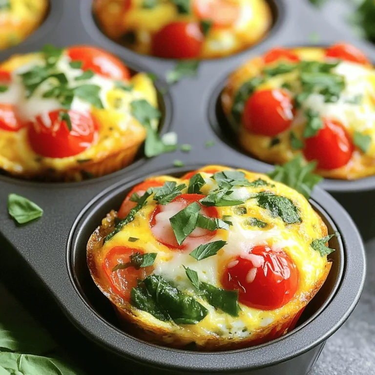 To make veggie packed egg muffins, gather these ingredients: - 6 large eggs - 1/2 cup milk (your choice of dairy or non-dairy) - 1/2 cup bell peppers, finely diced (mix of red, green, or yellow) - 1/2 cup cherry tomatoes, halved - 1/4 cup red onion, finely chopped - 1 cup fresh spinach, roughly chopped - 1/2 cup shredded cheese (cheddar, mozzarella, or your favorite cheese) - 1 teaspoon garlic powder - 1 teaspoon salt - 1/2 teaspoon freshly ground black pepper - Optional: Fresh herbs like chopped parsley or basil for garnish You can use any milk for this recipe. Here are a few options: - Whole milk adds creaminess. - Almond milk is a lighter choice. - Oat milk provides a smooth texture. - Soy milk is a great protein option. Each type of milk gives a unique flavor and texture to your muffins. Choose what you like best! Feel free to switch up the veggies and cheese. Here are some fun ideas: - Use zucchini or mushrooms for a different taste. - Swap in kale instead of spinach for added nutrients. - Try feta or goat cheese for a tangy twist. - Add corn or peas for a touch of sweetness. Mix and match based on your taste or what you have at home. The options are endless! First, set your oven to 375°F (190°C). This temperature helps the muffins rise well. While the oven heats, get your muffin tin ready. You can grease it with cooking spray or use paper muffin liners. This makes it easy to take out the muffins later. In a large bowl, crack six eggs. Pour in half a cup of milk. You can choose dairy or a non-dairy option like almond milk. Whisk these together until smooth. This mixture forms the base of your muffins. Now, add in the fun part: the veggies! Dice half a cup of bell peppers in different colors. Halve some cherry tomatoes and chop a quarter cup of red onion. Toss in a cup of fresh spinach, too. Stir gently to mix the colorful veggies with the egg base. Next, sprinkle in half a cup of shredded cheese. I like using cheddar or mozzarella. Add one teaspoon of garlic powder, one teaspoon of salt, and half a teaspoon of black pepper. Mix everything until you see a rainbow of colors in your bowl. Carefully pour the mixture into your muffin tin. Fill each cup about three-quarters full. This gives the muffins space to puff up while baking. Place the tin in the oven and bake for about 18 to 20 minutes. They are done when they look set and slightly golden. A toothpick should come out clean when you check one. After baking, take the muffin tin out of the oven. Let it cool for about five minutes. Use a knife to gently loosen the edges of each muffin. Then, carefully lift them out of the tin. For a nice touch, sprinkle fresh herbs like parsley or basil on top. You can enjoy these muffins warm or at room temperature. They make a great breakfast or snack. Plus, they can stay fresh in the fridge for up to a week! To make your veggie-packed egg muffins fluffy, use fresh eggs. Whisk them well with the milk until smooth. This process adds air, which helps the muffins puff up. Be sure not to overmix the batter after adding the veggies. Gentle folding keeps the air in the mix, leading to a lighter texture. Bake your muffins at 375°F (190°C) for 18-20 minutes. Every oven is different, so keep an eye on them. If your muffins are browning too fast, lower the temperature slightly. A toothpick test works best to check doneness; it should come out clean. If it’s not done, bake for a few more minutes. You can mix and match your veggies! Try zucchini, mushrooms, or broccoli for new flavors. For added protein, toss in cooked sausage or bacon bits. Change the cheese based on your taste—feta or goat cheese can add a nice twist. Fresh herbs like cilantro or dill can bring extra zest to your muffins. {{image_4}} To make your veggie-packed egg muffins even more filling, add protein. Consider these options: - Cooked sausage: Crumble it and mix it in. - Bacon: Crisp it up and add small bits. - Tofu: Crumble firm tofu for a plant-based option. - Chickpeas: Mash them lightly for a unique taste. These additions not only boost protein but also add rich flavors to your muffins. Cheese can change the taste of your muffins. Here are some great options: - Cheddar: Sharp and tangy, it melts well. - Mozzarella: Creamy and mild, perfect for a gooey texture. - Feta: Adds a salty kick with a crumbly texture. - Goat cheese: Offers a tangy flavor that pairs well with veggies. Choose cheese based on what flavor you enjoy most. Using seasonal vegetables keeps your muffins fresh and tasty. Here are some swaps: - Spring: Add asparagus or peas for a vibrant touch. - Summer: Use zucchini or corn for sweetness. - Fall: Try roasted butternut squash or kale for heartiness. - Winter: Use root vegetables like carrots or beets for earthiness. These swaps not only enhance flavor but also make use of fresh produce. To keep your veggie-packed egg muffins fresh, place them in an airtight container. You can store them in the fridge for up to a week. Make sure they are completely cool before sealing. This helps maintain their texture and flavor. If you see moisture, you can place a paper towel inside the container to absorb it. If you want to save muffins for later, freezing is a great option. Let the muffins cool completely, then wrap each one in plastic wrap. Place the wrapped muffins in a freezer-safe bag or container. They will stay fresh for about three months. When you’re ready to eat, simply thaw them in the fridge overnight. To enjoy your muffins warm, you can reheat them in the oven or microwave. For the oven, preheat it to 350°F (175°C). Bake the muffins for about 10-15 minutes. If using a microwave, heat each muffin for about 30 seconds to 1 minute. Check to see if they are warm enough. You can also add a sprinkle of fresh herbs before serving for extra taste. To make these muffins meal prep friendly, follow these steps: - Batch cooking: Make a large batch to last the week. - Portioning: Divide muffins into single servings for easy grab-and-go meals. - Storage: Store in an airtight container in the fridge. - Reheating: Microwave muffins for a quick breakfast. Meal prepping makes mornings easier and keeps you on track with healthy eating. Yes, you can use frozen vegetables! Just remember to thaw and drain them first. - Texture: Some frozen veggies may be softer, but they still taste great. - Convenience: Using frozen veggies saves time and adds a mix of nutrients. Frozen vegetables are a smart choice when fresh options are not available. These muffins pair well with many sides. Here are some tasty options: - Fresh fruit: Berries or sliced apples add sweetness. - Yogurt: A dollop of yogurt adds creaminess and protein. - Salad: A simple green salad brings crunch and freshness. These sides enhance your meal and bring additional flavors to your breakfast. To prevent sticking, follow these tips: - Grease the pan: Use cooking spray or oil to coat the muffin tin. - Use liners: Paper liners help muffins pop out easily and keep cleanup simple. - Cool before removing: Let the muffins cool for a few minutes before taking them out. These steps ensure your muffins come out perfectly every time! These veggie-packed egg muffins are easy to make and fun to customize. We covered ingredients, cooking steps, and smart tips to ensure your muffins turn out fluffy and tasty. Remember to try different veggies, cheeses, and storage methods to keep things fresh. If meal prep is your style, these muffins fit perfectly. You can enjoy them hot or cold. With creativity, you can make a variety of muffins that suit your taste. Enjoy baking and sharing your creations with others!