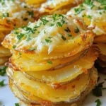 - 4 medium-sized russet potatoes - 1 cup finely grated Parmesan cheese - 1 teaspoon garlic powder - 1 teaspoon onion powder - 1 teaspoon dried thyme - Salt and freshly ground black pepper - 1/4 cup extra-virgin olive oil - Fresh parsley (for garnish) - Alternatives to russet potatoes: You can use Yukon gold or red potatoes. They provide a slightly different flavor but work well. - Vegan cheese options: For a dairy-free version, try using a vegan Parmesan or nutritional yeast. They offer a cheesy taste without the dairy. - Herbs and spices variations: Feel free to mix it up! Rosemary or paprika add a nice twist. You can also try Italian seasoning for more depth. First, preheat your oven to 400°F (200°C). This heat makes the potatoes crispy. While the oven warms, wash the russet potatoes under cold water. This removes dirt and makes them clean. Next, peel the potatoes with a vegetable peeler. Now, slice the potatoes. Use a mandoline slicer or a sharp knife. Aim for slices that are about 1/8 inch thick. Thin slices help the potatoes crisp up nicely. In a large mixing bowl, add the potato slices. Pour in 1/4 cup of extra-virgin olive oil. Then add 1 teaspoon of garlic powder, 1 teaspoon of onion powder, and 1 teaspoon of dried thyme. Sprinkle in salt and black pepper to taste. Toss the potato slices well. Make sure every slice is coated evenly. This mix adds great flavor to your stacks. Now it's time to build the stacks. On your lined baking sheet, layer the potato slices in circular shapes. Overlap them slightly. This helps air flow around each slice, making them crisp. Stand the slices up so they can cook evenly. After layering, grab your grated Parmesan cheese. Sprinkle it generously over the top of each stack. Make sure some cheese gets between the layers too. This adds extra flavor and crispiness. Place your baking sheet in the oven. Bake the stacks for 30 to 35 minutes. Watch them closely as they cook. You want them golden brown and crunchy. When they look perfect, take them out. Let them cool for 3 to 5 minutes. This helps them firm up. Use a spatula to lift them off the sheet. Enjoy your crispy potato stacks! To make your potato stacks super crispy, slice the potatoes thin. Aim for about 1/8 inch thick. This size helps them cook evenly and get nice and crunchy. Use a mandoline for best results. Air circulation is key to crispiness. When stacking, overlap the slices slightly. This allows hot air to flow around each slice as they bake. It’s like giving them a little space to breathe, which makes a big difference. Garnishing can elevate your dish. Fresh parsley looks great on top of the stacks. It adds a pop of color and freshness. You can also use chives or green onions for a different flavor. For an extra kick, try adding a sprinkle of chili flakes or lemon zest. These small touches can enhance the taste and make your dish stand out. One big mistake is overcrowding the baking sheet. If the stacks are too close, they won’t crisp up well. Make sure to leave space between each stack. Another mistake is not seasoning enough. Salt and pepper are essential to bring out the flavors. Don’t be shy with your seasonings; every slice needs it for the best taste. {{image_4}} You can change the flavor of your crispy potato stacks easily. Try adding spices like paprika or cayenne pepper for a kick. A little chili powder gives it some heat. Use herbs like rosemary or oregano for a fresh twist. Cheese lovers will enjoy changing the cheese. Instead of Parmesan, try cheddar for a sharp taste. Gruyère can add a nutty flavor, while mozzarella brings a gooey texture. Mixing cheeses can also give depth to your stacks' flavor profile. If you need gluten-free options, you’re in luck! This recipe is already gluten-free, so you can enjoy it as is without worry. Just check your spices to ensure they are gluten-free too. For a fun twist, you can create vegetable stacks. Use zucchini, eggplant, or sweet potatoes instead of russet potatoes. Slice them thin and stack them just like the potatoes. This way, you can enjoy different flavors and add some color to your plate. To store leftover potato stacks, let them cool first. Place them in an airtight container. Keep them in the fridge for up to three days. This helps maintain their flavor. To keep the stacks crispy, do not stack them on top of each other. Lay them flat in the container. You can also use parchment paper between layers. This helps absorb moisture and keeps them crunchy. Yes, you can freeze cooked potato stacks. Let them cool completely before freezing. Place them in a single layer on a baking sheet first. Freeze for about an hour. Then, transfer them to a freezer-safe bag. They can last up to three months in the freezer. For thawing, take them out the night before and place them in the fridge. When ready, reheat them in the oven. Set the oven to 375°F (190°C) and heat for about 15-20 minutes. This will help them regain that crispy texture. To keep your potato stacks crispy, slice the potatoes thinly. A mandoline works best. Rinse the slices in cold water. Soaking the slices for 30 minutes helps remove excess starch. Dry them well with a towel before baking. Overlapping the slices slightly on the baking sheet allows for better airflow. This also helps them crisp up nicely. Crispy Parmesan Potato Stacks pair well with many dips. Sour cream is a classic choice. You can also try ranch dressing for a creamy touch. For something zesty, use barbecue sauce or a spicy aioli. Each dip adds a new flavor to the dish. Choose your favorite or mix and match! Yes, you can make these stacks in advance. Prepare the potato slices and season them. Layer the slices in stacks and refrigerate them. When ready to bake, take them out and let them sit at room temperature for 10-15 minutes. This helps them cook evenly. Reheat in the oven for crispy results. Baking these stacks takes about 30-35 minutes at 400°F (200°C). Keep an eye on them towards the end. If they start to brown too quickly, lower the temperature. The stacks should be golden and crunchy when done. Let them cool for a few minutes before serving for the best texture. This blog covered how to make Crispy Parmesan Potato Stacks using simple steps and key ingredients. You learned how to prepare, assemble, and bake them for great results. Remember, some easy swaps and tips can help enhance your dish. Avoid common mistakes for crispy stacks. Whether you’re cooking for yourself or a crowd, these stacks are sure to impress. Enjoy experimenting with flavors and variations to make them your own!