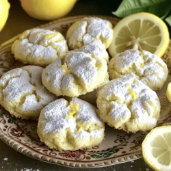 - 2 cups all-purpose flour - 1 teaspoon baking powder - ½ teaspoon baking soda - ½ teaspoon salt - ½ cup unsalted butter, softened - 1 cup granulated sugar - 1 large egg - 1 tablespoon freshly grated lemon zest - 2 tablespoons freshly squeezed lemon juice - 1 teaspoon pure vanilla extract - 1 cup powdered sugar for rolling When making these lemon crinkle cookies, I start with the basics. You need all-purpose flour for structure. Baking powder and baking soda help the cookies rise, while salt enhances the flavors. The butter gives the cookies their rich taste. I always use unsalted butter, as it allows me to control the saltiness. Granulated sugar adds sweetness and helps with the texture. I like to add a large egg. It binds the ingredients and makes the cookies tender. Freshly grated lemon zest and squeezed lemon juice bring that bright, zesty flavor. This is key to the cookie's character. Pure vanilla extract adds a hint of warmth and depth. Finally, powdered sugar is crucial for the crinkle effect. It coats the dough balls before baking, creating that signature look. Each ingredient plays an important role in making these cookies taste amazing. - Preheat your oven to 350°F (175°C). - Line two baking sheets with parchment paper. This helps the cookies not stick. - In a bowl, whisk together the flour, baking powder, baking soda, and salt. - Make sure these dry ingredients mix well. This step is key for good cookies. - In a large bowl, cream the softened butter and granulated sugar until light and fluffy. - This takes about 2 to 3 minutes. - Next, add in the egg, lemon zest, lemon juice, and vanilla extract. - Beat until everything is smooth and mixed well. - Gradually add the dry mixture to the wet mixture. - Mix on low speed to keep the cookies tender. - Stop mixing as soon as it comes together. - Cover the dough and chill it in the refrigerator for about 30 minutes. - Chilling helps the cookies keep their shape. - Take out the dough and roll about 1 tablespoon into a ball. - Roll each ball in powdered sugar until well coated. - Place the balls on the baking sheets, spaced about 2 inches apart. - Bake for 10 to 12 minutes. Look for crinkly tops and set edges. - Let them cool on the sheets for 5 minutes before moving them to a wire rack. Chilling the dough is key for that crinkle look. When dough is cold, it spreads less while baking. This helps form those lovely cracks on top. Aim to chill your dough for at least 30 minutes. It makes a big difference! When rolling in powdered sugar, cover each ball well. This creates a nice white coating. Make sure to roll them evenly to achieve a beautiful, snowy finish. Use generous amounts of sugar, as it helps with the crinkle effect. Accurate oven temperature is crucial. An oven that’s too hot can dry out your cookies. I recommend using an oven thermometer to check the heat. Set it to 350°F (175°C) for the best results. Place your baking sheets in the center of the oven. This promotes even baking. If you have multiple sheets, rotate them halfway through. This way, all cookies bake uniformly and have that perfect texture. For a stunning display, arrange cookies on a bright plate. Use a decorative serving dish to catch the eye. You can also dust with a little extra powdered sugar for flair. Garnish your cookies with fresh lemon slices or zest. This adds a pop of color and enhances the lemon aroma. It makes your cookies look as good as they taste! {{image_4}} You can twist the classic flavor of these cookies. Try adding poppy seeds for a crunchy bite. Just toss in about a tablespoon of seeds into the dough. This gives the cookies a lovely texture and taste. Another fun option is to swap lemon zest for orange zest. This change brings a sweet, citrusy flavor that’s bright and refreshing. Use the same amount of zest as you would for lemon. Your cookies will still be soft and crinkly, but with a unique flavor twist. If you want a healthier cookie, you can use coconut oil instead of butter. Melt the coconut oil before mixing it with sugar. This swap can give your cookies a subtle coconut flavor and a softer texture. You can also make gluten-free cookies. Use almond flour or a gluten-free blend. If you choose almond flour, use slightly less than the recipe calls for. This will help keep the cookies from being too dense. These cookies pair wonderfully with tea or coffee. The tangy lemon flavor complements warm drinks perfectly. Serve them at your next gathering for a delightful treat. You can also use these cookies as a base for ice cream sandwiches. Choose your favorite ice cream, scoop it between two cookies, and enjoy a fun dessert. This is a great way to impress guests and satisfy your sweet tooth. To keep your Bakery-Style Lemon Crinkle Cookies fresh, use an airtight container. This helps maintain their soft texture. At room temperature, they stay tasty for about a week. You do not need to refrigerate them, as cold air can make them dry. If you want to enjoy these cookies later, freezing is a great option. First, let the cookies cool completely. Then, place them in a single layer on a baking sheet. Freeze them for about an hour until firm. After that, transfer the cookies to a zip-top bag or airtight container. This way, they won’t stick together. When you are ready to eat them, take out the cookies and let them thaw at room temperature. For the best texture, enjoy them within three months of freezing. To stop your cookies from spreading too much, check your dough. The dough should be thick and not too soft. Chilling the dough for at least 30 minutes helps. This step firms up the butter, which keeps the shape. Also, ensure your oven is at the right temperature, around 350°F (175°C). Use an oven thermometer if needed. If your cookies spread too much, try adding a bit more flour. Yes, you can use other flours! For a gluten-free option, try almond flour or a gluten-free blend. Each flour will change the texture a bit. Almond flour makes cookies more tender. Whole wheat flour adds a nutty flavor but may make them denser. If you switch flours, keep an eye on the dough's consistency. You may need to adjust the liquid amounts. These cookies stay fresh for about 5 days when stored correctly. Keep them in an airtight container at room temperature. For longer storage, you can freeze them. They freeze well for up to 3 months. Just make sure to wrap them tightly in plastic wrap. When you want to enjoy them, thaw them at room temperature. You now have all the steps to make delicious lemon cookies. From gathering fresh ingredients to baking and storing them right, these tips ensure tasty results. Remember to chill the dough for the best texture. Experiment with flavors or health options to make them your own. Enjoy your baking journey, and share these cookies with friends and family for a special treat!