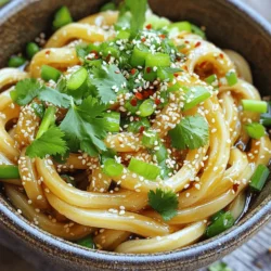 - 300g fresh udon noodles - 3 tablespoons sesame oil - 4 cloves garlic, finely minced I love using fresh udon noodles for this dish. They have a great texture and soak up flavors well. The sesame oil adds a rich, nutty taste that really shines. Minced garlic gives a strong aroma and flavor that brings everything together. - 2 tablespoons soy sauce - 1 tablespoon rice vinegar - 1 tablespoon honey - 1 teaspoon chili flakes (optional for heat) The soy sauce adds saltiness and umami. Rice vinegar brings a touch of acidity, balancing the dish. Honey adds sweetness, while chili flakes offer a kick. You can skip the chili flakes if you want a milder flavor. - 2 spring onions, finely chopped - 2 tablespoons toasted sesame seeds - Fresh cilantro leaves, for garnish Chopped spring onions add a fresh crunch. Toasted sesame seeds give a nice crunch and flavor boost. Fresh cilantro leaves brighten the dish and make it look beautiful. I always add these toppings for a better taste and presentation. 1. Bring a large pot of salted water to a rolling boil. 2. Add 300g of fresh udon noodles to the pot. 3. Cook the noodles for 2-3 minutes or until tender. 4. Once cooked, drain the noodles and rinse them under cold water. This stops the cooking and keeps them firm. 1. Heat 3 tablespoons of sesame oil in a large skillet over medium heat. 2. Add 4 minced garlic cloves to the oil. Sauté for about 30 seconds. 3. Stir often and watch for the aroma. Don’t let the garlic burn; it can taste bitter! 4. Next, combine 2 tablespoons of soy sauce, 1 tablespoon of rice vinegar, 1 tablespoon of honey, and 1 teaspoon of chili flakes in the skillet. 5. Stir well and let the mixture cook for 1 minute. Let it bubble gently to thicken. 1. Add the drained udon noodles to the skillet. Toss them in the sauce to coat well. 2. Stir and heat the noodles for about 2 minutes. This helps the flavors mix together. 3. Remove the skillet from heat. Stir in 2 chopped spring onions and 2 tablespoons of toasted sesame seeds. 4. Give everything a final toss to combine. Enjoy your quick and tasty dish! - To prevent noodles from sticking, stir them gently while cooking. This helps keep them separate. - Rinsing cooked noodles is crucial. It stops the cooking and removes excess starch. This step ensures a better texture. - Want a stronger flavor? Add more garlic. It gives the dish a nice kick. - You can also add a splash of lime for zest. A little acidity brightens the dish. - Feel free to experiment with extra vegetables. Peppers, carrots, or broccoli work well. They add color and nutrition. - Serve your noodles in deep bowls. This helps hold the sauce and makes for a great look. - For a fancy touch, sprinkle extra sesame seeds on top. You can also add a lime wedge on the side. This makes your dish pop visually. {{image_4}} You can easily add protein to your udon noodles. Chicken, shrimp, or tofu work great. If you use chicken or shrimp, cook them first. For chicken, sauté pieces for about 5-7 minutes. Shrimp cooks faster, taking only about 2-3 minutes. If you opt for tofu, use firm tofu and cube it. Sauté it for about 5 minutes until golden. This way, your dish stays tasty and filling. For a vegetarian or vegan twist, swap honey for agave syrup. This keeps the sweetness without using animal products. You can also add more veggies to boost flavor and nutrition. Try bell peppers, broccoli, or snap peas. Sauté these veggies for a few minutes before adding the sauce. This brings color and crunch to your noodles. If you need a gluten-free option, good news! You can use gluten-free udon or rice noodles. Look for brands that match the texture of regular udon. Adjust the sauce by ensuring all ingredients are gluten-free, like tamari instead of soy sauce. This way, you enjoy the same great taste without gluten. To keep leftover noodles fresh, place them in an airtight container. This helps prevent dryness. Store them in the fridge for up to 3 days. When you're ready to eat, reheat them in a pan with a bit of water or sesame oil. This keeps them moist and tasty. If you want to save the noodles longer, you can freeze them. Place the cooked udon noodles and sauce in a freezer-safe container. Make sure to leave some space for expansion. They can last in the freezer for about 2 months. When you're ready to use them, move them to the fridge overnight to thaw. To reheat, gently warm them in a skillet over low heat until hot. This dish stays good for about 3 days in the fridge. If you freeze it, the flavors will last longer. Always check for signs of spoilage. Look for changes in color or a sour smell. If you notice these signs, it's best to throw them away. Enjoy your noodles fresh and tasty! Fresh udon noodles cook quickly. They usually take about 2-3 minutes in boiling water. You want them tender but not mushy. Once cooked, drain and rinse them under cold water. This stops the cooking process and helps keep them firm. Yes, you can prep Minute Sesame Garlic Udon Noodles in advance. Cook the noodles and store them in the fridge for up to 3 days. Keep the sauce separate to maintain flavor. When ready to eat, just reheat the noodles and mix with the sauce. This makes for a fast and tasty meal! These noodles pair well with many sides. Try a fresh salad with crunchy veggies. You can also serve them with steamed broccoli or sautéed bok choy. For protein, add grilled chicken or tofu. This makes your meal balanced and satisfying! In this article, I shared a simple recipe for Minute Sesame Garlic Udon Noodles. We covered the key ingredients like fresh noodles, sesame oil, and garlic. I explained the step-by-step cooking process and offered tips to enhance flavor and presentation. You learned about variations for different diets and how to store leftovers properly. Enjoy crafting your dish, and don’t hesitate to add your own twist. Cooking is about joy and creativity. Happy noodle making!