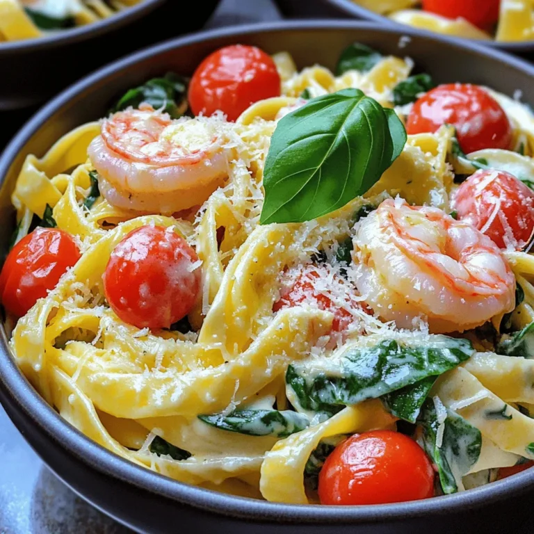 - 8 oz fettuccine pasta - 1 lb shrimp, peeled and deveined - 2 tablespoons extra virgin olive oil - 3 cloves garlic, finely minced - 1 cup cherry tomatoes, halved - 2 cups fresh spinach - 1 cup heavy cream - 1 cup grated Parmesan cheese - 1 teaspoon Italian seasoning blend - Salt and freshly ground pepper to taste - Fresh basil leaves - Extra sprinkle of Parmesan cheese - Large pot - Cutting board - Knife - Measuring cups and spoons - Stirring spoon - Serving bowls Using these ingredients, you can make a rich and creamy dish. The fettuccine pasta will soak up the sauce. The shrimp adds a nice protein boost. Garlic and tomatoes give great flavor, while spinach adds color and nutrients. I like to use fresh basil and extra cheese as garnishes. They brighten the dish and make it look fancy. Having the right tools makes cooking easier. A large pot is key for cooking the pasta and sauce together. A good knife helps with chopping the garlic and tomatoes. Measuring cups ensure you get the right amount of each ingredient. With these tools, you will make cooking fun and simple. First, gather your ingredients. You will need: - 8 oz fettuccine pasta - 1 lb shrimp, peeled and deveined - 2 tablespoons extra virgin olive oil - 3 cloves garlic, finely minced - 1 cup cherry tomatoes, halved - 2 cups fresh spinach - 1 cup heavy cream - 1 cup grated Parmesan cheese - 1 teaspoon Italian seasoning blend - Salt and freshly ground pepper to taste - Fresh basil leaves for garnish Make sure all your ingredients are ready before cooking. This helps the process flow smoothly. 1. In a large pot, heat the olive oil over medium heat. Wait until it shimmers. 2. Add the minced garlic. Sauté for about 30 seconds until it smells good and turns golden. 3. Next, add the shrimp. Season them with salt, pepper, and Italian seasoning. Cook for 2-3 minutes until they turn pink and opaque. 4. Once cooked, take the shrimp out and place them on a plate. 5. In the same pot, add the halved cherry tomatoes. Sauté them for about 2 minutes until they soften. 6. Pour in the heavy cream and stir well. Let it simmer for about 2-3 minutes to thicken. 7. Add the fettuccine pasta. Make sure it is covered in the creamy sauce. If needed, splash in some water. 8. Cook the pasta according to the package directions. Stir it occasionally to stop it from sticking. 9. When the pasta is al dente, fold in the fresh spinach. Let it wilt for a minute. 10. Stir in the grated Parmesan cheese until it melts into the sauce. Return the cooked shrimp and mix everything. 11. Taste the dish. Adjust the seasoning with more salt and pepper if needed. To serve, spoon the pasta into shallow bowls. Add a few fresh basil leaves for color. Sprinkle extra Parmesan cheese on top to enhance the flavor. Enjoy your creamy Tuscan shrimp pasta! To get juicy shrimp, follow these simple steps: - Use fresh shrimp when possible. Frozen shrimp works, but fresh tastes better. - Don't overcook the shrimp. Cook them just until they turn pink and opaque. This takes about 2-3 minutes. - Season shrimp well with salt and pepper before cooking. This adds great flavor. For a rich and smooth sauce, try these tips: - Start with heavy cream. It gives the best creaminess. - Stir the cream into the pot after cooking the tomatoes. This helps blend the flavors. - Let the sauce simmer gently. This thickens it without boiling away the creaminess. Avoid these common pitfalls to make your dish perfect: - Don’t skip the garlic. It adds depth to the sauce. - Avoid cooking pasta too long. It should be al dente for the best texture. - Don’t forget to taste your dish. Adjust the salt and pepper to suit your taste. By following these tips, you can make the best Creamy Tuscan Shrimp Pasta. Enjoy the flavors! {{image_4}} If you want to change the shrimp, you can try chicken or scallops. Chicken breast works well; just cut it into small pieces. Cook it the same way as shrimp. If you prefer scallops, they cook fast. Sauté them for about 2-3 minutes until they are golden. You don’t have to stick to fettuccine. You can use penne, linguine, or even spaghetti. If you want a healthier choice, try whole wheat or gluten-free pasta. Just keep an eye on cooking times, as they can vary. For more taste, think about adding some sun-dried tomatoes or artichoke hearts. Mushrooms can add a nice earthy flavor too. Fresh herbs like parsley or oregano can also enhance the dish. You can add these right before serving for a fresh touch. To keep your creamy Tuscan shrimp pasta fresh, store it in an airtight container. Make sure to let it cool before sealing. Place the container in the fridge. Leftovers will stay good for 3 to 4 days. If you want to enjoy it later, freezing is a great option. When it’s time to reheat, use a skillet on low heat. Add a splash of water or cream to help it warm up without drying out. Stir gently and cover the skillet. This method keeps it creamy and prevents burning. You can also use the microwave. Place it in a microwave-safe bowl and cover with a lid. Heat in 30-second bursts, stirring in between. If you want to freeze the pasta, do it right after cooling. Use a freezer-safe container or a zip-top bag. Make sure to remove as much air as possible. The pasta can last for up to 2 months in the freezer. When ready to eat, thaw it in the fridge overnight. Reheat as mentioned above for the best results. Yes, you can use frozen shrimp for this recipe. Just make sure to thaw them first. Place the shrimp in a bowl of cold water for about 15 to 20 minutes. After thawing, peel and devein them if needed. This will help them cook evenly and taste fresh in your creamy Tuscan shrimp pasta. You can easily make this recipe gluten-free by swapping fettuccine with gluten-free pasta. Many brands offer great options made from rice or corn. Just cook the gluten-free pasta according to the package instructions. The sauce and shrimp will pair nicely with the gluten-free pasta, giving you a delicious meal. If you want a lighter option, you can swap heavy cream with half-and-half or whole milk. This will change the texture and richness slightly. For a dairy-free option, use coconut milk or cashew cream. Both will give you a creamy base without dairy. Just remember to adjust the seasoning to maintain the flavor. This blog post covered the key steps to make a delicious shrimp dish. We discussed essential ingredients, easy cooking instructions, and helpful tips for success. I shared variations to fit your taste and how to store leftovers properly. Remember to avoid common mistakes for the best results. Keep experimenting with flavors and options. Cooking should be fun and creative. Enjoy each bite of your meal!