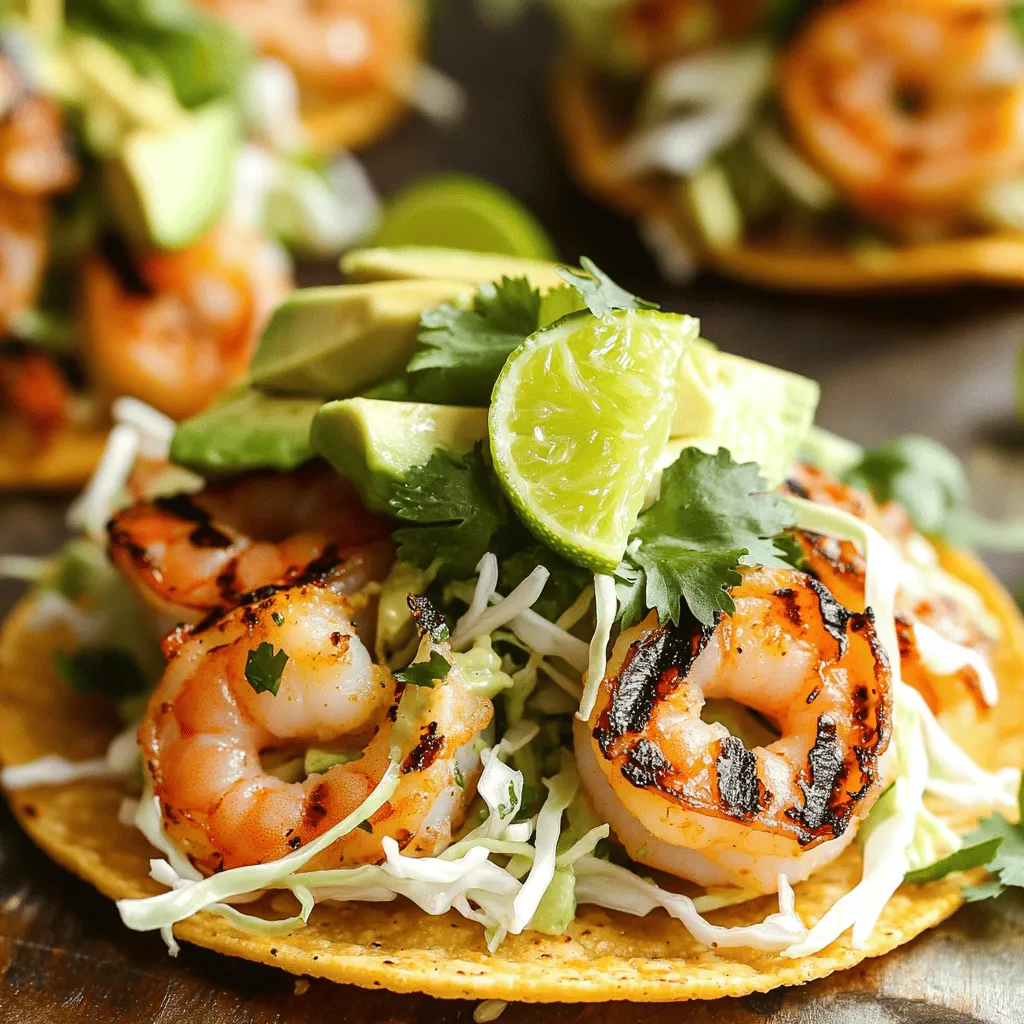 - 1 lb large shrimp, peeled and deveined - 2 tablespoons extra virgin olive oil - 2 fresh jalapeños, finely chopped - Zest and juice of 2 limes - 2 cloves garlic, minced - 1 teaspoon ground cumin - Sea salt and freshly cracked black pepper - 8 small crispy corn tostada shells - 1 ripe avocado, thinly sliced - 1 cup finely shredded green cabbage - Fresh cilantro leaves, chopped - Lime wedges, for serving - Add diced tomatoes for freshness. - Use a dash of chili powder for extra heat. - Include sliced radishes for a crunchy bite. - Drizzle with hot sauce for a spicy kick. - Medium bowl for mixing the marinade. - Grill or grill pan for cooking shrimp. - Tongs to flip the shrimp easily. - Serving platter for tostadas. - Knife and cutting board for slicing ingredients. Each ingredient plays a role in making these tostadas shine. The shrimp brings a tasty protein base, while jalapeños add a delightful kick. Lime zest and juice provide zesty brightness. Crunchy cabbage and creamy avocado balance the flavors. Don't forget your grill—it's key for that smoky taste! To start, gather your ingredients. In a medium bowl, mix together: - 2 tablespoons extra virgin olive oil - 2 fresh jalapeños, finely chopped - Zest and juice of 2 limes - 2 cloves garlic, minced - 1 teaspoon ground cumin - Sea salt and black pepper to taste Whisk these ingredients well. This marinade gives the shrimp a bright and zesty flavor that makes each bite exciting. Now, add 1 pound of peeled and deveined shrimp to the bowl. Toss the shrimp gently until each piece is coated. Let the shrimp sit for at least 15 minutes. This step allows the shrimp to soak up all the delicious flavors from the marinade. While the shrimp marinates, preheat your grill or grill pan to medium-high heat. Once hot, place the shrimp in a single layer on the grill. Grill for 2 to 3 minutes on each side. Look for that beautiful pink color and opaque look. This is when the shrimp are perfectly cooked! Once done, remove them from the heat. Next, prepare your tostadas. Grab 8 small crispy corn tostada shells and arrange them on a serving platter. On each tostada, add a handful of shredded green cabbage. This adds a nice crunch and fresh flavor. Now, place several pieces of grilled shrimp on top of the cabbage. Make sure each tostada gets a good amount of shrimp for a tasty bite. For the final touch, add slices of ripe avocado on top of each tostada. Then, sprinkle fresh chopped cilantro over the avocado for a burst of color and flavor. Serve with lime wedges on the side. Just before eating, squeeze fresh lime juice over the tostadas. This adds a delightful zing that ties all the flavors together! To grill shrimp well, start with the right heat. Preheat your grill to medium-high. This gives the shrimp a nice sear. Make sure the grill grates are clean and greased. Place the shrimp in a single layer. Grill for 2-3 minutes per side. Watch for the shrimp to turn pink and opaque. This shows they are done. Avoid overcooking; otherwise, they can become tough. If you have leftovers, store them correctly. Keep shrimp and tostadas in separate containers. This helps maintain their texture. Place cooked shrimp in an airtight container. They can stay in the fridge for up to 2 days. For tostadas, store them at room temperature in a dry place. Avoid stacking them to prevent sogginess. You can easily adjust the spice level. If you like it mild, use only one jalapeño. Remove the seeds to reduce heat. Want more spice? Add another jalapeño or use a hotter pepper. You can also add hot sauce to the marinade. This gives you control over the heat. Remember, spice is personal, so taste as you go! {{image_4}} If you want to switch things up, there are great options. You can use chicken, fish, or even scallops. These proteins can soak up the jalapeño lime marinade too. Just make sure to adjust the cooking time. Chicken usually takes longer, while fish cooks fast. Feel free to experiment with your favorite seafood or meat. For a vegetarian twist, swap shrimp for hearty veggies. Grilled zucchini, bell peppers, or mushrooms work well. You can also use black beans for protein. Toss them in the same marinade for extra flavor. This keeps the dish fresh and tasty while being meat-free. Toppings can add more fun to your tostadas. Here are some ideas: - Crumbled feta or queso fresco for a salty bite. - Fresh salsa or pico de gallo for a juicy kick. - Sliced radishes for a crunchy texture. - Pickled jalapeños for more heat. - A drizzle of chipotle mayo for creaminess. Mix and match to make your perfect tostada! To keep your jalapeño lime grilled shrimp tostadas fresh, store the components separately. Place leftover shrimp in an airtight container. Refrigerate them for up to two days. Tostada shells can become soggy, so store them in a dry place. Keep the avocado slices in a separate container with lemon juice to prevent browning. Shredded cabbage should also be in its own container to stay crisp. When reheating shrimp, use a skillet over low heat. Add a splash of olive oil to keep them moist. Heat for a few minutes until warm. Avoid the microwave, as it makes shrimp rubbery. Tostadas can be warmed in the oven at 350°F for about five minutes. This keeps them crispy while heating. If you want to prepare meals ahead, freeze the shrimp before grilling. Marinate them, then place in a freezer-safe bag. They can last up to three months. Thaw in the fridge overnight before grilling. Avoid freezing the tostadas and avocado, as they do not freeze well. Yes, you can use frozen shrimp! Just make sure to thaw them first. Place the shrimp in a bowl of cold water for about 15-20 minutes. This will help them thaw quickly and evenly. After thawing, pat the shrimp dry with a paper towel. This step helps the marinade stick better. Making tostada shells is simple! Just take corn tortillas and fry them in hot oil. Heat about an inch of oil in a pan over medium heat. Once hot, add the tortillas, one at a time. Fry them for about 1-2 minutes on each side until they are crispy and golden. Drain them on paper towels to remove excess oil. Tostadas pair well with many sides. Here are a few ideas: - Mexican rice - Refried beans - Black bean salad - Grilled corn on the cob These sides add flavor and balance to your meal. Grilling shrimp takes just 4-6 minutes. Grill them for about 2-3 minutes on each side. The shrimp should turn pink and opaque when done. Watch them closely, as overcooking can make them tough. Absolutely! You can make the marinade a few hours before cooking. Store it in the fridge in an airtight container. This will allow the flavors to meld together nicely. Just add the shrimp when you're ready to cook. This blog post gave you a complete guide for making tasty shrimp tostadas. You learned about the key ingredients and how to prepare them. I shared my favorite tips for grilling and storing leftovers. You also discovered fun variations like using different proteins and veggie options. Remember, customizing your tostadas makes them even more delicious. You now have the tools to create a great meal at home. Enjoy every bite of your shrimp tostadas!