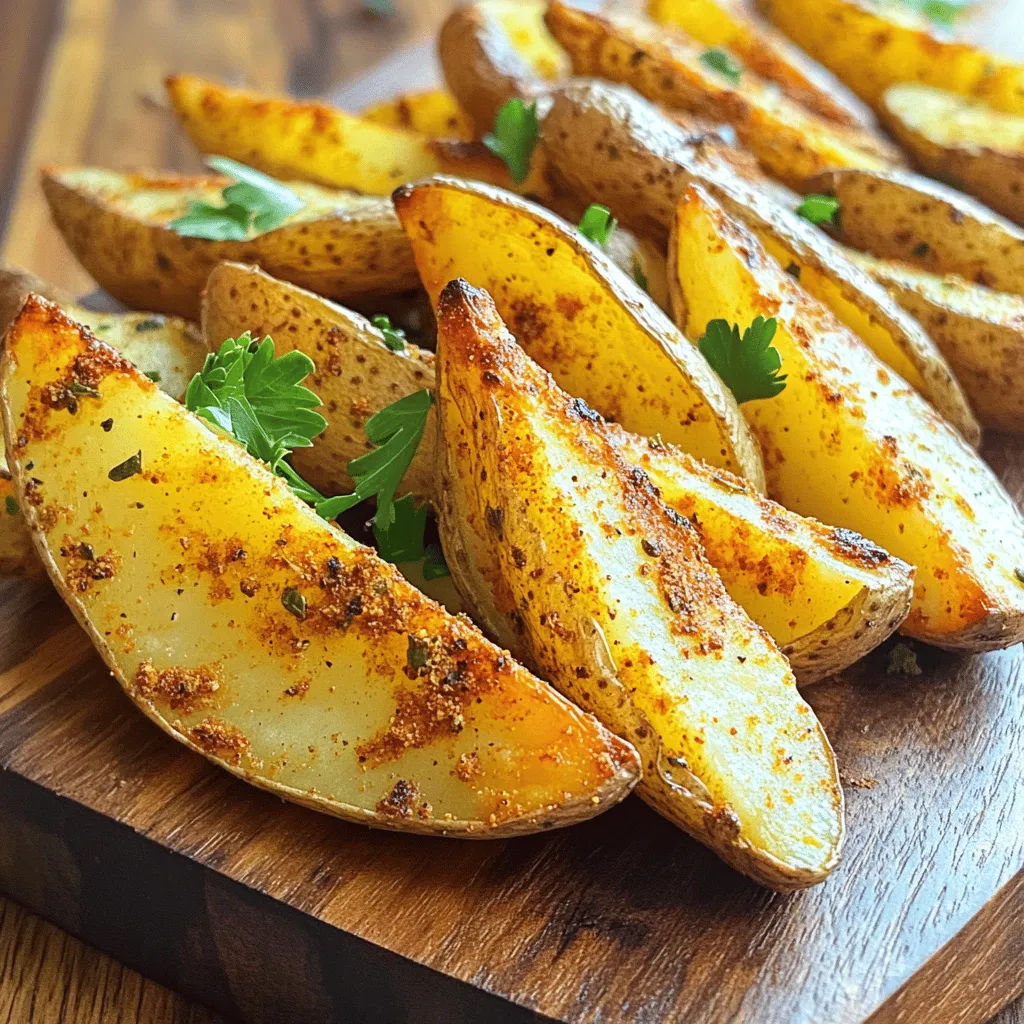 - 4 medium russet potatoes - 2 tablespoons olive oil - 1 teaspoon garlic powder - 1 teaspoon smoked paprika - 1 teaspoon dried oregano - ½ teaspoon chili powder - Salt and black pepper to taste - Fresh parsley for garnish To make crispy air fryer potato wedges, you need simple ingredients. Start with four medium russet potatoes. They have a nice texture and flavor. Next, use two tablespoons of high-quality olive oil. This oil helps the wedges become golden and crisp. For flavor, gather seasonings. You will need one teaspoon of garlic powder, smoked paprika, and dried oregano. Each adds its own taste. A half teaspoon of chili powder gives a little kick. Don’t forget salt and freshly cracked black pepper. Adjust these to your liking. Finally, grab fresh parsley. This herb adds color and a fresh taste as a garnish. With these ingredients, you're ready to make a snack that everyone will love! First, set your air fryer to 400°F (200°C). Preheating helps the potato wedges cook evenly. A hot fryer means crispy edges and a soft inside. This step only takes a few minutes, so don’t skip it! Next, take four medium russet potatoes. Scrub them well to remove dirt. Cut each potato into wedges. Aim for even sizes to cook them the same. Place the wedges in a large mixing bowl. Drizzle two tablespoons of high-quality olive oil over the wedges. Use your hands or a spatula to toss them. Make sure each wedge gets coated in oil. This helps them get crispy. Now, add one teaspoon each of garlic powder, smoked paprika, and dried oregano. Also, add half a teaspoon of chili powder, salt, and black pepper to taste. Toss again to evenly coat the wedges with all the spices. The aroma will be amazing! Start by laying the potato wedges in the air fryer basket. Ensure they form a single layer. This step is key. If you stack them, they will not cook evenly. This can lead to soggy spots. If your basket is small, cook in batches. This way, every wedge gets crispy. Set the air fryer to 400°F (200°C). Cook the potato wedges for 15 to 20 minutes. Remember to shake the basket halfway through. This helps all sides crisp up nicely. Check for golden brown color. If they look pale, cook them a bit longer. After cooking, let the wedges rest for a couple of minutes. This allows steam to escape and enhances crispiness. The fresh parsley garnish adds color and flavor. Serve hot for the best taste. Enjoy your crispy air fryer potato wedges! {{image_4}} For crispy potato wedges, russet potatoes work best. They have a high starch content, which gives you that fluffy inside. You can also use Yukon Gold potatoes for a creamier texture. Just make sure to scrub them well before cutting. To get the perfect crunch, soak your potato wedges in water for 30 minutes before cooking. This helps remove excess starch. After soaking, dry them thoroughly with a towel. Toss them in olive oil and your favorite spices. A single layer in the air fryer helps too. Don’t overcrowd the basket; this keeps the air flowing. One common mistake is not seasoning enough. Don’t be shy with the salt and spices; they bring out the flavor. Another mistake is not shaking the basket halfway through cooking. This step ensures even crispiness. Lastly, let the wedges rest for a few minutes after cooking. This brief wait enhances their crunch. You can make your potato wedges spicy or mild. To add heat, use more chili powder. You can also add cayenne pepper for an extra kick. For milder flavors, skip the chili powder. Instead, focus on herbs like oregano for taste. Get creative with your seasonings! Instead of garlic powder, try onion powder for a different flavor. You can mix in Italian herbs for a fresh twist. For a zesty option, add lemon zest and pepper. Each combination gives the wedges a unique taste. Cheese can elevate your potato wedges. Sprinkle shredded cheddar or Parmesan before air frying. For a fun twist, top the wedges with crumbled bacon or green onions after cooking. This adds flavor and texture, making your snack even more delicious. After you enjoy your crispy air fryer potato wedges, you might have some left. To keep them fresh, store them in an airtight container. Let them cool first, then place them in the fridge. They will stay good for about 3 to 4 days. If you want to keep them longer, consider freezing. When it’s time to eat your leftover wedges, reheating them is key. The best way is to use the air fryer again. Set it to 350°F (175°C) and cook for about 5 to 7 minutes. This will help them regain their crispiness. You can also use an oven. Just spread them on a baking sheet and heat at 375°F (190°C) for about 10 minutes. If you want to save your wedges for a future snack, freezing is a great option. First, let them cool completely. Then, place them in a single layer on a baking sheet. Freeze them for about an hour. Once frozen, transfer them to a freezer bag. They will last for up to 3 months. When you’re ready to enjoy them, cook directly from frozen in the air fryer. Cook potato wedges in an air fryer for 15 to 20 minutes. Check them at 15 minutes. Shake the basket halfway through to help them cook evenly. The wedges should be golden brown and crispy when done. Keep an eye on them to prevent burning. Yes, you can make potato wedges without oil. Just season them well with spices. The texture may not be as crispy, but they will still taste great. Try to use a non-stick air fryer to help prevent sticking. There are many great sauces for potato wedges. Here are a few ideas: - Ketchup - Ranch dressing - Barbecue sauce - Spicy mayo - Sour cream with chives Feel free to mix and match based on your taste! You learned how to make crispy air fryer potato wedges using simple ingredients. We covered each step, from prepping the potatoes to air frying them perfectly. You can also customize seasonings and toppings to fit your taste. Remember to store leftovers properly to enjoy later. With these tips, you’ll make tasty wedges every time. Enjoy cooking and sharing this delicious dish with friends and family!