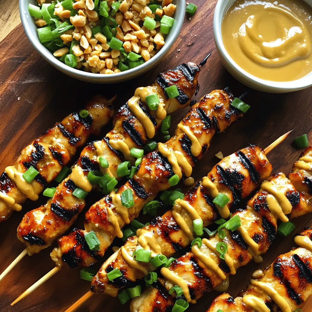 - 1 lb (450g) chicken breast, cut into 1-inch bite-sized pieces - 2 tablespoons soy sauce - 1 tablespoon sesame oil - 1 tablespoon fresh lime juice - 2 teaspoons fresh ginger, grated - 2 cloves garlic, minced - 1 teaspoon brown sugar - 1/4 teaspoon red pepper flakes (adjust for spice preference) - 1/2 cup smooth peanut butter - 1/4 cup coconut milk - 1 tablespoon fish sauce (or substitute with an equal amount of extra soy sauce) - Wooden or metal skewers (soaked in water for 30 minutes if wooden) Let’s break down some key ingredients. The chicken breast serves as the protein base. It cooks quickly and absorbs flavors well. Soy sauce adds saltiness and depth. Sesame oil gives a hint of nuttiness and richness. Fresh lime juice brightens the dish with citrus notes, while ginger and garlic bring aromatic warmth. Peanut butter is the star of the show. It forms a creamy sauce that binds all flavors. Coconut milk adds a smooth texture and slight sweetness. Fish sauce, though optional, enhances umami. If you want less fishy taste, use more soy sauce. You can change some ingredients if needed. For chicken, try tofu for a vegetarian option. Shrimp works well too. If you don’t have sesame oil, use olive oil for a different taste. No coconut milk? Use regular milk or yogurt, but texture will differ. To adjust spice, add more or fewer red pepper flakes. You can also add chopped herbs like cilantro for freshness. Want a nut-free version? Substitute peanut butter with sunflower seed butter. To start, gather a large mixing bowl. In this bowl, whisk together the soy sauce, sesame oil, fresh lime juice, grated ginger, minced garlic, brown sugar, and red pepper flakes. This mix creates a tangy and savory marinade. Next, add the chicken pieces into the bowl. Make sure each piece is coated well. Cover the bowl with plastic wrap. Place it in the fridge for at least 30 minutes. This allows the chicken to soak up all those great flavors. While the chicken marinates, it’s time for the peanut sauce. Grab a separate bowl for this step. Combine the smooth peanut butter, coconut milk, and fish sauce. If you don’t have fish sauce, use more soy sauce. Add a splash of warm water to help blend everything. Whisk until the sauce is smooth and creamy. Taste it to see if it needs more seasoning. Set this delicious sauce aside for later. Once the chicken is ready, it’s time to grill. Preheat your grill or grill pan to medium heat. While it heats, take the marinated chicken and thread it onto the skewers. Leave a small gap between each piece. This helps the chicken cook evenly. When the grill is hot, place the skewers on it. Grill them for about 10 to 12 minutes. Turn them occasionally, so they cook evenly and get nice grill marks. Check that the chicken’s internal temperature reaches 165°F. Once done, brush some peanut sauce over the skewers for extra flavor. Enjoy these tasty Thai peanut chicken skewers! To get the most flavor, marinate the chicken well. Mix soy sauce, sesame oil, lime juice, ginger, garlic, brown sugar, and red pepper flakes in a bowl. Whisk until it blends well. Add chicken pieces, making sure they are all coated. Cover the bowl. Let it sit in the fridge for at least 30 minutes. I often marinate it longer, even overnight, for deeper flavor. Before grilling, soak wooden skewers in water for 30 minutes. This helps prevent burning. Preheat your grill to medium heat. When ready, thread marinated chicken onto skewers. Leave small gaps between the pieces. This allows heat to circulate and cook evenly. Grill the skewers for 10 to 12 minutes. Turn them often for even charring. Always check the internal temperature; it should reach 165°F. Serve the skewers hot. Brush some peanut sauce over them for extra flavor. Keep extra peanut sauce on the side for dipping. You can also add some chopped green onions or crushed peanuts as a garnish. This adds color and crunch. Pair these skewers with rice or a fresh salad for a complete meal. {{image_4}} You can swap chicken for other proteins. Tofu works well for a vegan dish. Use firm tofu and press it to remove extra water. Cut it into cubes and marinate like the chicken. Shrimp is another tasty option. Just peel and devein them. Shrimp cooks fast, so grill them for only 4-6 minutes. If you want a fully vegan meal, use tofu as mentioned. You can also try seitan. It has a great texture and absorbs flavors well. For a vegetarian option, you can add vegetables like bell peppers and zucchini. Just marinate and skewer them alongside the tofu. You can change the flavor to suit your taste. To make it spicier, add more red pepper flakes or some sriracha to the marinade. For a sweeter dish, increase the brown sugar in the marinade. You can also mix in honey or maple syrup for a different sweetness. This way, you can make the skewers your own! To keep your Thai peanut chicken skewers fresh, place them in an airtight container. This helps maintain flavor and texture. You can store them in the fridge for three to four days. For best results, let the skewers cool to room temperature before sealing them up. This prevents moisture from building up, which can make them soggy. When you're ready to enjoy the leftovers, reheating them properly makes a big difference. You can use a microwave, but I recommend using an oven or grill for the best taste. If using a microwave, heat them on a microwave-safe plate for about one to two minutes. Check them every 30 seconds. If using an oven, set it to 350°F (175°C) and heat them for about 10 minutes. This helps keep the chicken juicy and the flavors intact. If you have extra skewers, freezing them is a great option. Place them in a freezer-safe bag or container. Try to remove as much air as possible. You can freeze them for up to three months. When you're ready to eat, thaw them overnight in the fridge. After thawing, reheat as mentioned above. This way, you can enjoy these tasty skewers anytime! You can serve Thai peanut chicken skewers with a variety of sides. I love pairing them with jasmine rice or coconut rice. Both add a nice touch. You could also try a fresh salad with cucumbers and carrots. This adds crunch and freshness. For something heartier, serve with grilled vegetables. The charred flavor complements the skewers well. If you want more spice, add a side of chili sauce. Yes, you can make the peanut sauce in advance. This saves time on busy days. Just mix the peanut butter, coconut milk, and fish sauce as described. Then store it in an airtight container. Keep it in the fridge for up to a week. Before serving, give it a good stir. If it’s too thick, add a splash of warm water. To check if the chicken is fully cooked, use a meat thermometer. It should read 165°F (75°C). If you don’t have a thermometer, cut a piece open. The meat should be white, not pink. Juices should run clear. Make sure to check the thickest part of the chicken. This guarantees it’s safe to eat. You learned how to make Thai Peanut Chicken Skewers. We explored ingredients, marinating, and grilling tips. Variations and storage advice help you enjoy leftovers too. Make these skewers your own with different proteins and flavors. Experiment with sauces or sides to find your favorite combo. Enjoy the process and share the dish with friends and family. Happy cooking!