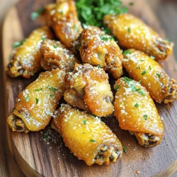 - 2 pounds chicken wings - 1 tablespoon olive oil - 4 cloves garlic, minced - 1 teaspoon garlic powder - 1 teaspoon onion powder - 1 teaspoon smoked paprika - 1/2 teaspoon black pepper - 1/2 teaspoon salt - 1/2 cup grated Parmesan cheese - 2 tablespoons fresh parsley, chopped (for garnish) Gathering the right ingredients is key for flavor. Start with fresh chicken wings. I prefer to use organic wings for the best taste. Olive oil adds richness and helps the seasoning stick. Minced garlic is a must for that bold taste. For the seasoning, I like to use garlic powder, onion powder, and smoked paprika. These spices kick the flavor up a notch. Black pepper and salt balance everything out. Finally, the grated Parmesan cheese brings a creamy, salty finish. Don't forget the parsley! It adds a splash of color and freshness on top. First, you need to pat the wings dry. Use paper towels to remove any moisture. This step is key for crispy wings. If the wings are wet, they won’t crisp up as well. Next, mix your seasoning. In a large bowl, combine 1 tablespoon of olive oil, 4 cloves of minced garlic, 1 teaspoon of garlic powder, 1 teaspoon of onion powder, 1 teaspoon of smoked paprika, 1/2 teaspoon of black pepper, and 1/2 teaspoon of salt. Whisk them together until they blend well. Add the wings and toss them around. You want every wing to be coated with that rich, tasty mix. Now, it’s time to air fry. Preheat your air fryer to 400°F (200°C). Once ready, place the wings in a single layer in the basket. Cook them for 25 to 30 minutes. Halfway through, shake the basket. This helps the wings cook evenly. You'll know they’re done when they look golden brown and crispy. To get those perfect crispy wings, start by drying them well. Pat the wings dry with paper towels. Removing moisture is key. If the wings are wet, they won’t crisp up nicely. Next, set your air fryer to 400°F (200°C). This high heat helps achieve that golden brown color we all love. Cook the wings for 25 to 30 minutes. Don’t forget to shake the basket halfway through. This ensures even cooking and crispiness. Want to boost the flavor? Try adding extra spices. A pinch of cayenne pepper can add heat if you like spice. You can also mix in some Italian seasoning for a new twist. For cheese, Parmesan is great, but consider using Pecorino Romano for a sharper taste. Mixing different cheeses can elevate the dish even more. When it’s time to serve, think about what to pair with your wings. Ranch or blue cheese dressing makes a great dip. Celery sticks add a nice crunch and freshness. For garnishing, sprinkle some chopped parsley on top. It adds color and a fresh taste. Arrange the wings on a stylish platter for a beautiful presentation. Enjoy these wings hot for the best experience! {{image_4}} You can change the flavor of your garlic parmesan wings in fun ways. For a spicy kick, try buffalo garlic parmesan wings. Just add your favorite buffalo sauce to the seasoning mix before tossing it with the wings. You’ll get that tangy heat with the rich taste of garlic and cheese. If you prefer something sweeter, make honey garlic parmesan wings. Mix honey into the seasonings after cooking the wings. This adds a sticky sweetness that pairs well with the savory garlic and cheese. You can also cook these wings in different ways. If you don’t have an air fryer, try the oven-baked version. Set your oven to 425°F. Arrange the wings on a baking sheet and bake for about 40-45 minutes, flipping halfway. This method gives you crispy wings, too! If you enjoy grilling, make grilled garlic parmesan wings. Marinate the wings in the garlic and spice mix. Grill them over medium heat for about 20-25 minutes, turning often. This gives the wings a smoky flavor that is hard to resist. If you need to make the recipe gluten-free, use certified gluten-free ingredients. Most spices are safe, but check for hidden gluten in any sauces or seasonings. For lower calorie options, use skinless chicken wings. You can also reduce the amount of olive oil and cheese. This helps keep the flavor while cutting down on calories. Enjoy your wings without worry! To keep your garlic Parmesan air fryer wings fresh, store them in an airtight container. Make sure they are cooled down before sealing. This will help keep their crispiness. In the fridge, these wings last for about 3 to 4 days. The best way to reheat your wings is in the air fryer. Preheat the air fryer to 375°F (190°C). Place the wings in a single layer. Heat them for about 5 to 7 minutes. This method keeps them crispy and delicious. If you don’t have an air fryer, you can use an oven. Preheat it to 350°F (175°C). Spread the wings on a baking sheet. Bake for about 10 to 15 minutes. Yes, you can freeze garlic Parmesan wings. To freeze, first, let them cool completely. Then, place them in a freezer-safe bag or container. They can last for up to 3 months in the freezer. When you are ready to eat, thaw them in the fridge overnight. Reheat them in the air fryer for the best results. This way, they will taste just as good as when they were fresh! Cook wings in an air fryer for 25 to 30 minutes at 400°F (200°C). Halfway through, shake the basket. This step ensures the wings cook evenly and stay crispy. You want them to be golden brown when done. Yes, you can use frozen wings. Increase the cooking time to about 30 to 35 minutes. Make sure to check if they reach a safe internal temperature of 165°F (74°C). If your air fryer has a defrost setting, use it first. This helps cook the wings evenly and keeps them juicy. Garlic parmesan wings taste great with several sauces. Here are some popular options: - Ranch dressing - Blue cheese dressing - Honey mustard - Hot sauce for a spicy kick These sauces add different flavors and make your meal more fun! Enjoy experimenting to find your favorite pairing. This article covered the key steps and ingredients for making delicious garlic parmesan wings. We looked at the main items needed, how to prepare and cook the wings, and even some variations to try. These wings can be added to many meals and are perfect for sharing. Remember, keeping wings dry is key for crispiness. Try different flavors or dips to make them your own. Enjoy crafting a tasty dish that everyone will love!