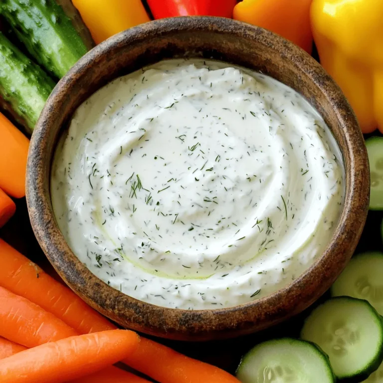 To make this dip, you need a few key ingredients. Here’s what you will need: - 1 cup plain Greek yogurt - 1/4 cup mayonnaise - 1 tablespoon fresh lemon juice - 1 teaspoon garlic powder - 1 teaspoon onion powder - 1 teaspoon dried dill - 1/2 teaspoon dried parsley - 1/2 teaspoon salt - 1/4 teaspoon freshly ground black pepper These ingredients come together to create a rich and creamy base. The Greek yogurt gives it a nice tang and thick texture. Using mayonnaise adds extra creaminess and flavor. Want to spice things up? Here are some optional add-ins: - 1 teaspoon hot sauce for heat - 1 tablespoon chopped fresh chives for a bite - 1 teaspoon smoked paprika for depth - 1 teaspoon fresh herbs like basil or cilantro Feel free to mix and match these add-ins. They can change the flavor to match your taste or the occasion. For dipping, fresh veggies work best! Here are some great options: - Baby carrots - Cucumber sticks - Bell pepper strips - Cherry tomatoes - Celery sticks These veggies not only look nice but also taste great with the dip. You can choose any combination to make your platter colorful and fun. Enjoy! To start, grab a medium-sized mixing bowl. Add one cup of plain Greek yogurt and a quarter cup of mayonnaise. Whisk these two together until they blend well. This base gives your dip a rich and creamy texture. Next, pour in one tablespoon of fresh lemon juice. Then, add one teaspoon each of garlic powder and onion powder. Toss in one teaspoon of dried dill, half a teaspoon of dried parsley, half a teaspoon of salt, and a quarter teaspoon of freshly ground black pepper. These seasonings add a lot of flavor to the dip. Now, gently fold all the ingredients together with a spoon or spatula. Make sure everything is mixed well. After mixing, taste your dip. If you want a stronger flavor, feel free to add more salt or herbs. Adjust it to your liking. Once your dip tastes great, cover the bowl tightly with plastic wrap or a lid. Place it in the refrigerator for at least 30 minutes. This time helps the flavors mix and develop. When you're ready to serve, scoop the dip into a bowl and set out fresh vegetables for dipping. Enjoy! To make a smooth dip, start with plain Greek yogurt and mayonnaise. Use a medium bowl. A whisk or spatula works best for mixing. Blend the yogurt and mayo until it is smooth. This ensures a creamy texture. Once combined, add fresh lemon juice and seasonings. Fold them in gently. You want to keep the dip light and fluffy. Tasting your dip is key. Adjust the salt or herbs as you prefer. When serving your dip, use a colorful platter. Arrange fresh vegetables around the dip for a fun look. Baby carrots, cucumber sticks, and bell pepper strips work great. You can also add a sprig of fresh dill or parsley on top. This adds brightness and makes it more appealing. Use bowls that contrast with your dip's color. This will make the dip pop on the table. This recipe is easy to modify based on your taste. Want some heat? Add a pinch of cayenne pepper or hot sauce. You can also mix in crumbled feta for a tangy twist. If you love herbs, try adding fresh chopped chives or basil. The options are endless. Feel free to experiment and find your favorite blend. Each variation can give a new flavor to the classic dip. {{image_4}} To make a spicy version, add some heat. Start with a tablespoon of hot sauce. You can also mix in cayenne pepper or red pepper flakes. Adjust the amount based on your heat preference. This twist adds a fun kick and pairs well with crunchy veggies. If you love fresh herbs, try adding them for a burst of flavor. Chopped fresh chives or cilantro work great. You can also use basil or tarragon for a unique twist. Just add a tablespoon or two of your chosen herb. This gives your dip a fresh, vibrant taste. Want a vegan option? Swap the Greek yogurt and mayonnaise with plant-based versions. Look for vegan yogurt made from almonds or coconuts. You can even use silken tofu blended until smooth. This way, you keep the creamy texture while making it dairy-free. Add the same spices and lemon juice for flavor. After you enjoy your creamy Greek yogurt ranch dip, store any leftovers in an airtight container. This keeps the dip fresh and prevents it from absorbing other smells in your fridge. If you don't have a container, cover the bowl tightly with plastic wrap. The dip can last up to five days in the fridge when stored properly. To ensure the best taste, try to eat it within three days. Always check for signs of spoilage, like any off-odors or changes in texture, before eating. You can freeze this dip if you have more than you can eat. Use a freezer-safe container and leave some space at the top. This allows for expansion as it freezes. When you’re ready to eat it, thaw the dip in the fridge overnight. Stir well before serving to restore its creamy texture. Yes, you can use low-fat Greek yogurt. It will still taste great. Low-fat yogurt makes the dip lighter but keeps it creamy. If you're counting calories, this is a good choice. The dip lasts about 3 to 5 days in the fridge. Make sure to store it in an airtight container. Always check for any changes in smell or texture before you eat it. You can serve this dip with many fresh veggies. Try baby carrots, cucumber sticks, or bell pepper strips. Chips or crackers also work well for a fun snack. Yes, this recipe is gluten-free. All the ingredients are safe for those with gluten issues. Just double-check any packaged items like mayonnaise to ensure gluten-free status. You now have a clear guide to making creamy Greek yogurt ranch dip. Start with yogurt and mix in spices for a tasty snack. Customize it with fresh veggies or spicy add-ins to suit your taste. Store it well to keep it fresh for longer. Enjoy this dip with your favorite snacks or meals. Remember, the best part of cooking is making it your own!