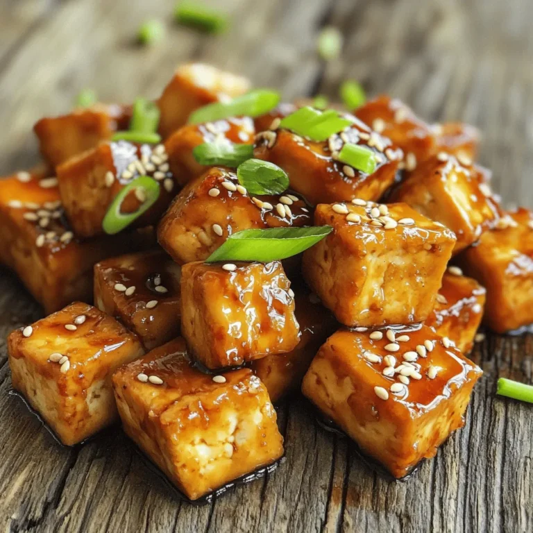 - 1 block (14 oz) firm tofu, thoroughly pressed and drained - 1/4 cup soy sauce - 1/4 cup pure maple syrup - 2 tablespoons rice vinegar - 1 tablespoon sesame oil - 2 tablespoons cornstarch - 1 tablespoon olive oil - 2 cloves garlic, minced - 1 teaspoon fresh ginger, grated - Sesame seeds, for garnish - Chopped green onions, for garnish The main players in this recipe are the firm tofu and the flavorful sauce. Firm tofu holds its shape well and absorbs flavors nicely. The soy sauce adds a savory touch, while the maple syrup gives a hint of sweetness. Rice vinegar brightens the flavor, and sesame oil adds a lovely nutty note. For the extra crunch, cornstarch is key. It coats the tofu perfectly, helping it crisp up in the oven. Olive oil is crucial too, as it helps achieve that golden brown finish. The garlic and ginger give the dish a fresh kick, making each bite exciting. Don't forget the garnishes! Sesame seeds and green onions add a pop of color and texture. These small touches elevate the dish and make it look beautiful on your plate. 1. First, preheat your oven to 400°F (200°C). This step is key for crispiness. 2. Next, line a baking sheet with parchment paper. This will help with cleanup. 3. Carefully cut your pressed tofu into 1-inch cubes. Make sure each piece is even. 1. In a medium bowl, mix together your marinade. Combine soy sauce, maple syrup, rice vinegar, sesame oil, minced garlic, and grated ginger. Whisk until smooth. 2. Add the tofu cubes to the marinade. Use your hands or a spatula to coat them well. 3. Cover the bowl and let the tofu marinate for 20-30 minutes. This helps the tofu soak up the flavors. 1. In a shallow dish, spread the cornstarch evenly. This will make your tofu crispy. 2. Remove the tofu from the marinade, letting any extra drip off. Toss each cube in the cornstarch until fully coated. 3. Place the coated tofu on the baking sheet, giving them space to cook evenly. 4. Drizzle olive oil over the tofu. This will help it crisp up nicely. 5. Bake for 25-30 minutes, flipping the tofu halfway through. Look for a golden brown color. 6. After baking, drizzle any leftover marinade over the tofu. Toss gently to enhance the flavor. 7. Finally, garnish your dish with sesame seeds and chopped green onions for a fresh finish. To get that perfect crispy texture, cornstarch is essential. It forms a nice coating that fries up golden and crunchy. Without cornstarch, your tofu may turn out soft or chewy. Make sure to coat each piece evenly. Next, drizzle olive oil over the tofu. This helps it crisp up nicely in the oven. The oil adds flavor too, making every bite delicious. Using homemade teriyaki sauce can elevate your dish. Store-bought sauces may lack depth, so try making your own. A blend of soy sauce, maple syrup, and sesame oil creates a rich flavor. Also, allow enough time for marination. Letting the tofu soak for 20-30 minutes helps it absorb all the tasty sauce. This step is key for a flavorful meal. Crispy baked teriyaki tofu pairs well with rice or quinoa. Both grains soak up the sauce and balance the dish. Add some sautéed vegetables on the side for a colorful plate. Broccoli, bell peppers, or snap peas work great. Enjoy your meal with chopsticks for a fun twist! {{image_4}} You can switch up the tofu texture for your Crispy Baked Teriyaki Tofu. Firm tofu works great for a crispy bite. If you want a softer feel, try silken tofu. Remember, silken tofu may not hold shape as well. For extra crunch, extra-firm tofu is the best choice. If you need a soy sauce alternative, tamari is a good pick. It has a similar taste and is often gluten-free. Coconut aminos also work well and add a sweeter flavor. Both keep the dish tasty while meeting dietary needs. Spice things up by adding red pepper flakes for heat. This simple change gives your tofu a nice kick. Five-spice powder offers a warm, aromatic twist. Just a pinch can elevate the dish and impress your guests. You can also add veggies to your baked tofu. Bell peppers, broccoli, or carrots add color and nutrition. Toss them with the marinade for a burst of flavor. These extra ingredients make the meal more filling and vibrant. To make this dish gluten-free, choose tamari instead of soy sauce. Ensure all other ingredients are gluten-free as well. This small swap keeps the flavors intact while catering to dietary needs. For a vegan-friendly option, this recipe is already perfect. All the ingredients are plant-based. Just be sure to double-check that your maple syrup is 100% pure. Enjoy this dish knowing it fits into your vegan lifestyle! To store leftovers, let the tofu cool first. Place it in an airtight container. You can keep it in the fridge for up to 3 days. When you want to reheat, use an oven or an air fryer. This keeps the tofu crispy. Avoid the microwave, as it makes the tofu soggy. For freezing baked tofu, ensure it’s fully cooled. Cut it into smaller pieces if needed. Use a freezer-safe bag or container. Remove as much air as possible. Baked tofu can last up to 3 months in the freezer. When you’re ready to use it, take it out and thaw it in the fridge overnight. This keeps the texture nice and firm. In the fridge, expect your tofu to last about 3 days. In the freezer, it can stay good for 3 months. Watch for signs of spoilage like off smells or a change in texture. If it looks slimy or discolored, it’s best to discard it. To get your tofu extra crispy, start by using firm tofu. Press it well to remove water. This step helps the tofu soak up flavors and get crispier. After pressing, cut it into cubes. Next, coat the tofu in cornstarch. The cornstarch creates a crunchy layer when baked. Make sure each piece has an even coat. Drizzle olive oil over the coated tofu before baking. This oil helps achieve that golden brown color. Bake the tofu at 400°F (200°C) for 25-30 minutes. Flip the cubes halfway through to ensure even cooking. When the tofu turns golden brown, it will be crispy and delicious. Yes, you can prepare this recipe ahead of time. Start by pressing and cutting the tofu. Marinate the tofu in the sauce for 20-30 minutes. If you want to save time later, you can marinate it overnight in the fridge. After marinating, coat the tofu in cornstarch. You can store the coated tofu in the fridge for a few hours. However, it’s best to bake it fresh for the best texture. Baking it right before serving ensures the tofu stays crispy. This dish is great for meal prep! After baking the tofu, let it cool down. Store the crispy tofu in an airtight container in the fridge. It will last for up to four days. To reheat, place the tofu in an oven at 350°F (175°C) for 10-15 minutes. This method brings back the crispiness. Pair the tofu with steamed rice or quinoa and sautéed veggies for a complete meal. Enjoy a tasty and healthy lunch or dinner all week! In this blog post, I covered how to make delicious baked tofu using simple ingredients like firm tofu, soy sauce, and maple syrup. We explored marinating techniques and baking steps to achieve that perfect crispy texture. Remember to play with flavors and try different ingredients for variety. Store your leftovers properly and enjoy them later. The key is to have fun while cooking. Baked tofu is tasty, versatile, and great for any meal. Enjoy the journey and your tasty dish!
