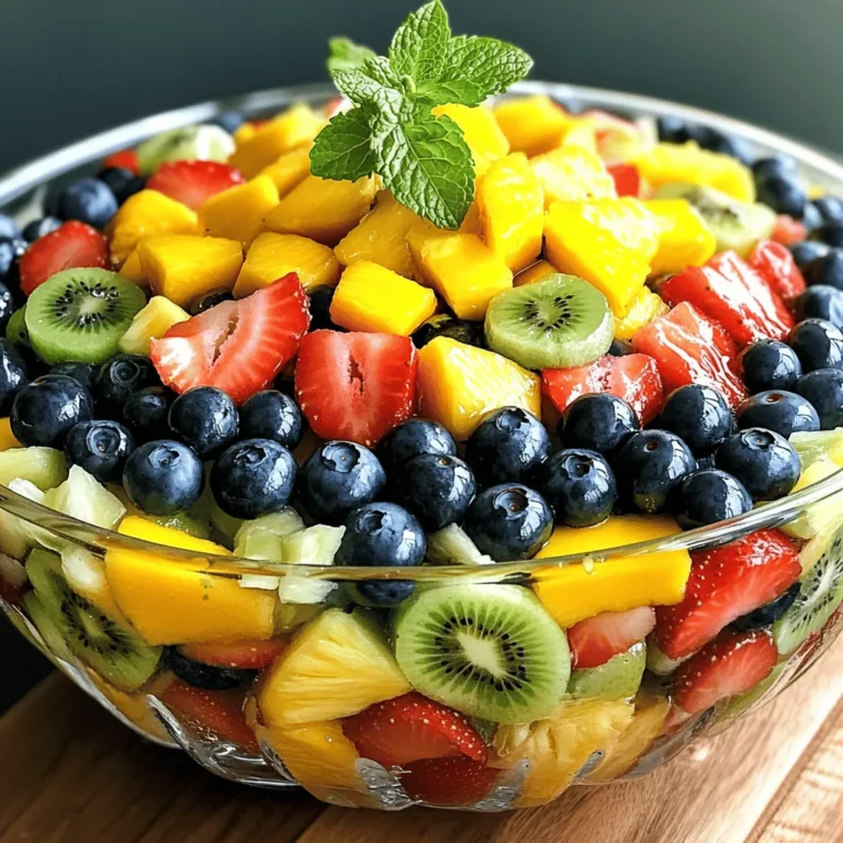 - 1 cup fresh strawberries, hulled and sliced - 1 cup juicy blueberries - 1 cup ripe kiwi, peeled and diced - 1 cup sweet pineapple, cubed - 1 cup succulent mango, diced - 2 tablespoons pure honey - 2 tablespoons freshly squeezed lime juice - 1 tablespoon fresh mint leaves, finely chopped - Suggestions for other fruits I love how fresh fruits make this salad a joy to eat. You can use any mix of fruits you like. Strawberries are sweet and bright. Blueberries burst with flavor. Kiwi adds a fun tartness. Pineapple gives it a tropical touch. Mango brings a creamy feel. For the honey lime dressing, you need just two simple things: honey and lime juice. Honey adds sweetness, while lime juice gives a zing. You can adjust the honey to suit your taste. If you want a hint of freshness, sprinkle in some mint leaves. Feel free to swap fruits! Bananas, oranges, or even grapes work well. Just pick what you enjoy the most. This salad is all about fun flavors and colors. Enjoy mixing and matching! - Rinse the strawberries, blueberries, kiwi, pineapple, and mango in cold water. - Remove the green tops from the strawberries, then hull and slice them. - Peel the kiwi and cut it into small pieces. - Chop the pineapple and mango into bite-sized cubes. - Combine all the fruit in a large mixing bowl. - Gently toss the fruit using a large spoon or spatula. This avoids squashing the pieces. - In a small bowl, whisk together honey and lime juice. - Keep whisking until the honey dissolves fully in the lime juice. - Drizzle the honey-lime dressing over the mixed fruit. - Gently toss the fruits and dressing together until all pieces are coated. - Allow the salad to sit for about 10 minutes. - This helps the flavors blend and the fruit soak in the dressing. Serve your honey lime fruit salad in a clear glass bowl. This choice shows off the bright colors of your fruits. The vibrant look makes it tempting for everyone. You can also use mint leaves to add a touch of green. A fresh sprig on top gives a nice pop and adds a lovely fragrance. To balance the sweetness, try adding a pinch of salt. This little trick makes the flavors stand out more. You can also adjust the honey to fit your taste. If you like it sweeter, add more honey. If you prefer less sweetness, use less honey. Choosing ripe fruit is key to great taste. Look for fruits that feel firm but yield slightly when pressed. Prepare your fruits just before serving. This keeps them fresh and bright. The longer they sit, the soggier they can get. Enjoy your salad at its best! {{image_4}} You can add a fun twist to your Honey Lime Fruit Salad. Try adding coconuts or papaya for a tropical vibe. The sweet coconut adds richness, while papaya brings a soft texture. You can also swap lime juice for mango juice. This change gives the salad a sweet and fruity taste. For a berry-filled salad, mix in fresh raspberries or blackberries. These berries add color and a tart flavor. You may also enjoy a yogurt dressing. Simply mix yogurt with honey and a bit of lime for a creamy touch. This version is both tasty and refreshing. Using seasonal fruits can keep your salad exciting all year. In summer, use berries, peaches, or nectarines. In winter, try apples, pears, or citrus fruits. Adjusting your fruit based on the season keeps each salad unique and fresh. It’s a simple way to enjoy new flavors! Store your Honey Lime Fruit Salad in the fridge. Use an airtight container to keep it fresh. This helps prevent the fruits from getting mushy or losing their taste. Make sure to seal it tightly. Enjoy your fruit salad within three days for the best taste. After that, it may not taste fresh. Look for signs that the salad has spoiled, like a sour smell or slimy texture. If you see these signs, it’s time to toss it out. If you have extra salad, don’t worry! You can use it in many ways. Blend it into a smoothie for a fruity drink. You can also add it to yogurt for a tasty snack. Another fun idea is to layer it in desserts, like parfaits, for a colorful treat. Using canned fruit can be quick and easy. However, fresh fruit always tastes better. Canned fruit may have added sugar or preservatives. This can change the flavor and texture. Here are some pros and cons to consider: - Pros: - Convenient and ready to use - Longer shelf life - Can save time in prep - Cons: - Often less flavor than fresh - May be mushy - Can contain added sugar If you choose canned fruit, avoid fruit in syrup. Instead, look for fruit packed in juice or water. It is usually healthier and tastier. Yes, but honey is not vegan. You can swap honey for agave syrup or maple syrup. Both options keep the sweet flavor. Here are some fully vegan ideas: - Use agave syrup or maple syrup instead of honey - Add a splash of coconut or almond milk for creaminess - Use other sweet fruits to enhance flavor These swaps keep the fruit salad tasty and vegan-friendly. Fruit is naturally gluten-free. So, you can use any fresh fruit without worry. Make sure the dressing is gluten-free too. Use pure honey and fresh lime juice. Here are some tips to ensure safety: - Check labels on any added ingredients - Avoid gluten-containing dressings or toppings - Always use fresh, unprocessed fruits This way, you can enjoy a safe and delicious fruit salad. This fruit salad combines fresh, vibrant ingredients and a sweet honey lime dressing. You learned how to prepare ripe fruits, mix them, and enhance their flavors. I shared tips for perfect presentation and offered variations to keep it exciting. Remember, freshness is key, so prepare the salad just before serving. Enjoy this healthy treat as a snack or dessert. With the right storage, your leftovers can last and still taste great. Dive into your creativity and enjoy customizing this fruit salad to match your taste!