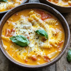 For this cozy soup, gather these ingredients: - 1 tablespoon olive oil - 1 medium onion, finely diced - 4 cloves garlic, minced - 1 pound ground beef or Italian sausage (optional) - 1 can (28 ounces) crushed tomatoes - 4 cups chicken or vegetable broth - 2 teaspoons Italian seasoning blend - 1 teaspoon red pepper flakes (optional) - 10 lasagna noodles, broken into bite-sized pieces - 1 cup heavy cream - 1 cup grated Parmesan cheese, plus more for serving - 1 cup shredded mozzarella cheese - Salt and freshly ground black pepper to taste - Fresh basil leaves, torn, for garnish You can swap some ingredients if needed. Some options include: - Use turkey or chicken instead of beef or sausage. - Replace heavy cream with half-and-half or coconut cream for a lighter soup. - Use vegetable broth for a vegetarian version. - Substitute Parmesan with Pecorino Romano for a sharper taste. Fresh herbs and spices can really boost flavor. Here are my favorites: - Fresh basil adds a sweet touch. - Oregano gives a warm, earthy flavor. - Thyme can add a nice depth to the soup. - For heat, fresh chili peppers can spice it up. Using these tips, you can make a delicious One-Pot Creamy Garlic Parmesan Lasagna Soup that fits your tastes! To make this soup, start by heating 1 tablespoon of olive oil in a large pot over medium heat. Add 1 medium onion, finely diced. Cook it for about 3-4 minutes until it turns clear. If you like, add 1 pound of ground beef or Italian sausage. Cook it for 5-6 minutes until it browns. Make sure to break it apart with a spoon. Drain any extra fat so your soup stays light. Next, stir in 4 cloves of minced garlic. Cook for another 1-2 minutes until the garlic smells great. Then, pour in 1 can of crushed tomatoes and 4 cups of chicken or vegetable broth. Add 2 teaspoons of Italian seasoning and 1 teaspoon of red pepper flakes if you want some heat. Mix it all well and bring to a gentle boil. Once boiling, add 10 broken lasagna noodles. Lower the heat and let it simmer for 10-12 minutes until the noodles are soft. After that, stir in 1 cup of heavy cream, 1 cup of grated Parmesan cheese, and 1 cup of shredded mozzarella cheese. Mix until the cheeses melt and the soup is creamy. Finally, season with salt and black pepper to taste. Let it cook for an extra 2-3 minutes until everything is hot. Serve it hot with fresh basil leaves on top and more Parmesan if you like. This soup takes about 30 minutes to make. Start by chopping your onion and garlic while the oil heats. This helps save time. You can also break the lasagna noodles while the meat cooks. Since everything cooks in one pot, you won’t spend a lot of time washing dishes. When the soup starts bubbling, that’s your cue to add the noodles. Look for the noodles to be a bit soft but not mushy. The soup should look creamy and thick once you add the cheeses. If it seems too thick, add a splash of broth to adjust the texture. If you see the cheese melting nicely, you know you’re on the right track! To make your soup extra creamy, use heavy cream. It gives a rich taste that blends well with the cheese. You can also add cream cheese for even more texture. Just mix it in after you add the heavy cream, so it melts smoothly. Lastly, stir in a bit of sour cream before serving. This will add a nice tangy flavor. To keep your noodles from getting mushy, add them at the right time. Wait until the soup is boiling before adding the broken lasagna pieces. Cook them for 10 to 12 minutes. If you cook them too long, they will turn soft and break apart. If you want to prepare the soup early, cook the noodles separately. Add them just before serving to keep them firm. Pair your lasagna soup with crispy garlic bread. The crunch of the bread complements the creamy soup. You can also serve a light salad on the side. A simple mix of greens with a lemon vinaigrette works well. This gives a fresh balance to the meal. If you want a drink, a glass of red wine pairs perfectly with the flavors. {{image_4}} You can make this soup meatless. Simply skip the ground beef or sausage. Use extra vegetables for more flavor and texture. Try adding mushrooms, bell peppers, or zucchini. These veggies bring a lovely taste and keep the soup hearty. For a keto-friendly version, swap the lasagna noodles for zucchini noodles or cauliflower rice. This change cuts carbs but keeps that creamy taste. Use full-fat cheese to enhance richness without adding carbs. If you love heat, add more red pepper flakes or a dash of hot sauce. You can also stir in diced jalapeños for a fresh kick. For extra flavor, consider adding sun-dried tomatoes or a splash of balsamic vinegar. These small tweaks create exciting new layers in your soup. To keep your One-Pot Creamy Garlic Parmesan Lasagna Soup fresh, store it in an airtight container. Make sure it cools to room temperature before sealing it. This helps avoid condensation, which can make the soup watery. The soup will last up to four days in the fridge. Always check for any off smells or changes in color before eating. When you’re ready to enjoy the leftovers, reheating is key. Place the soup in a pot over low heat. Stir it often to help it heat evenly. You can add a splash of broth or cream to restore creaminess. This method keeps the flavors fresh and rich. Avoid using the microwave, as it may alter the texture and taste. If you want to save some for later, this soup freezes well. Let the soup cool completely, then transfer it to a freezer-safe container. It can last for up to three months in the freezer. When you’re ready to eat it, move the soup to the fridge overnight to thaw. Reheat it on the stove, adding a bit of broth to help with consistency. Yes, you can make this soup ahead of time. Just store it in an airtight container. Let it cool before putting it in the fridge. The flavors will blend together nicely. When you’re ready to eat, just reheat it on the stove. Lasagna soup pairs well with several sides. I recommend crispy garlic bread for a warm, crunchy contrast. A fresh salad with a light vinaigrette also works great. You can even add some garlic knots for a fun twist. To make this soup gluten-free, swap regular lasagna noodles for gluten-free ones. Many brands offer tasty options. Check the label to ensure they cook well in soup. Also, make sure your broth is gluten-free. Absolutely! You can mix and match your favorite cheeses. Try using ricotta for a creamier texture. You can also use sharp cheddar for a bolder flavor. Just keep in mind, each cheese will change the taste a bit. We explored the key ingredients for your soup, from substitutions to fresh herbs. I shared step-by-step cooking methods and tips to perfect your dish. You learned how to enhance creaminess and avoid overcooked noodles. Experiment with variations to fit your diet and taste preferences. Store your soup well, ensuring it stays flavorful. Keep these insights handy. Your lasagna soup journey can be both fun and delicious. Enjoy every bite and impress those around you!