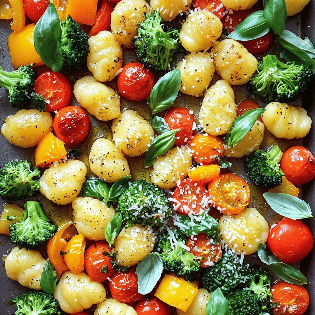 - 1 pound gnocchi (store-bought or homemade) - 2 cups broccoli florets - 1 cup cherry tomatoes, halved - 1 bell pepper, diced (choose red or yellow for sweetness) - 4 cloves fresh garlic, minced - 1/4 cup extra-virgin olive oil - 1/2 cup freshly grated Parmesan cheese - 1 teaspoon Italian seasoning blend - Sea salt and freshly cracked black pepper, to taste - Fresh basil leaves for garnish Gathering the right ingredients sets the stage for this dish. You can use store-bought gnocchi for ease or make your own if you're feeling adventurous. Gnocchi brings a soft, pillowy texture that complements the veggies. For vegetables, you need 2 cups of broccoli florets, 1 cup of halved cherry tomatoes, and 1 diced bell pepper. You can pick red or yellow bell peppers for a hint of sweetness. Fresh garlic adds a punch of flavor, while Italian seasoning ties everything together. Extra-virgin olive oil is key to help the flavors meld and keep everything moist. A generous sprinkle of freshly grated Parmesan cheese adds that tasty, cheesy finish. Lastly, fresh basil leaves will brighten your dish with color and taste. With these ingredients, you are ready to make a delightful meal that is both easy and tasty. Enjoy the process and the wonderful aromas that fill your kitchen! - Preheat the oven to 425°F (220°C). - Line the baking sheet with parchment paper. First, I always start by preheating my oven. This helps the dish cook evenly. Lining the baking sheet with parchment paper makes cleanup easy. You will thank yourself later. - Combine gnocchi and vegetables in a mixing bowl. - Drizzle with olive oil and add minced garlic and seasonings. Next, grab a large mixing bowl. Add your gnocchi, broccoli florets, halved cherry tomatoes, and diced bell pepper. Drizzle the extra-virgin olive oil over everything. Then, toss in the minced garlic, Italian seasoning, sea salt, and freshly cracked black pepper. Mix well. You want every piece coated in oil and seasonings for the best flavor. - Spread mixture evenly on the baking sheet. - Sprinkle Parmesan cheese and roast. Now, transfer your mixture to the prepared baking sheet. Spread it out evenly. This helps everything cook well. Next, generously sprinkle the freshly grated Parmesan cheese on top. The cheese will melt and create a delicious crust. Place the baking sheet in the oven and roast for 20-25 minutes. The gnocchi should turn golden brown, and the veggies will become tender. - Stir the mixture after roasting. - Garnish and serve. Once the timer goes off, carefully pull out the baking sheet. Use a spatula to gently stir the mixture. This redistributes the cheese and flavors. Finally, serve warm, garnished with fresh basil leaves. The basil adds a lovely touch to the dish. Enjoy your meal! If you want to change up the gnocchi, you can use gluten-free gnocchi. Many brands offer tasty options. You can also make homemade gnocchi using mashed potatoes and gluten-free flour. For veggies, feel free to switch depending on what’s in season or what you like. Try zucchini, asparagus, or carrots for a fresh twist. Each veggie adds a new flavor and texture, keeping your meal exciting. To get the perfect golden brown gnocchi, give them space on the baking sheet. If they are too crowded, they steam instead of roast. Make sure the oven is hot enough at 425°F (220°C). For veggies, cut them into similar sizes. This helps them cook evenly. Stir them halfway through roasting to ensure every piece gets that nice caramelization. Pair your dish with a simple salad or crusty bread for a full meal. A light vinaigrette can complement the flavors nicely. To make your dish look fancy, consider drizzling balsamic reduction on top just before serving. This adds both flavor and a beautiful shiny finish. Serve in shallow bowls or on a platter to show off those vibrant colors. {{image_4}} You can adapt this dish with seasonal vegetables. In spring, add asparagus or peas. During summer, zucchini and bell peppers shine brightly. In fall, butternut squash adds sweetness. Winter calls for hearty greens like kale or Brussels sprouts. Using in-season veggies not only boosts flavor but also supports local farmers. Plus, these fresh options keep the meal exciting! To change the flavor profile, try adding herbs or spices. Fresh rosemary or thyme can bring a nice touch. For a kick, sprinkle in some red pepper flakes. You can also blend in some smoked paprika for a warm, earthy taste. Experiment with different seasonings to find your favorite mix. This way, each meal can feel new and special. You can create vegetarian or vegan versions of this recipe. For a vegan option, skip the Parmesan cheese or use a plant-based alternative. Use nutritional yeast to add a cheesy flavor without dairy. If you want to add protein, consider chickpeas or white beans. These modifications make this dish flexible for everyone at your table. To keep your gnocchi and veggies fresh, store leftovers in an airtight container. You can place the dish in the fridge for up to three days. Make sure it cools down to room temperature first. This helps prevent sogginess. I often separate the cheese from the veggies if I have extra. For the best taste and texture, reheat your leftovers in the oven. Preheat your oven to 350°F (175°C). Spread the gnocchi and veggies on a baking sheet. Heat for about 10-15 minutes, until warm. This method keeps the gnocchi crispy. You can also use the microwave if you're in a hurry, but the texture will change. To freeze the dish, let it cool completely first. Then, place your gnocchi and veggies in a freezer-safe bag. Squeeze out any air before sealing. You can freeze it for up to three months. For thawing, move it to the fridge overnight before reheating. This helps it cook evenly. You can use store-bought or homemade gnocchi. Store-bought gnocchi saves time and is easy to find. Look for a brand that has a good texture. Homemade gnocchi can taste fresher and is fun to make. If you choose homemade, you’ll need time to prepare the dough. Both options will work great in this recipe. Yes, you can prep this dish ahead of time. Chop your veggies and gnocchi, then store them in the fridge. Mix everything together right before cooking. This way, the flavors stay fresh. You can also roast the dish and store leftovers for later. Just reheat in the oven for a tasty meal. Broccoli, cherry tomatoes, and bell peppers work well in this dish. For seasonal options, try zucchini, asparagus, or bell peppers. These veggies add color and flavor. You can also use spinach or kale for a leafy touch. Choose veggies you enjoy for the best taste. The key is to pick fresh, vibrant vegetables for maximum flavor. This recipe highlights the joy of mixing simple ingredients, like gnocchi and fresh veggies. You learned how to prepare, roast, and serve a delicious dish. Remember, you can swap ingredients and customize flavors to suit your taste. The tips for storage and reheating ensure you'll enjoy it later. Embrace creativity with this recipe, and you'll find joy in every bite. Enjoy your cooking adventure!
