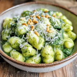 - 1 pound potato gnocchi - 2 cups fresh spinach, roughly chopped - 1 cup heavy cream - 1/2 cup basil pesto - 1/2 cup freshly grated Parmesan cheese - 2 tablespoons extra virgin olive oil - 2 cloves garlic, finely minced - Salt and black pepper, to taste - Optional: Toasted pine nuts for garnish To make Creamy Pesto Gnocchi with Spinach, gather these simple and fresh ingredients. Start with one pound of potato gnocchi. You can find this at most grocery stores. Use two cups of fresh spinach, which adds color and nutrition. Heavy cream creates the creamy texture, so use one cup. For flavor, add half a cup of basil pesto. This can be store-bought or homemade, depending on your time. Don’t forget the cheese! Freshly grated Parmesan cheese enhances the dish. Use half a cup to get that rich taste. For cooking, you need two tablespoons of extra virgin olive oil. This will help sauté the garlic. Speaking of garlic, two cloves, finely minced, give great flavor. Lastly, season with salt and black pepper to taste. If you want a crunchy touch, consider adding toasted pine nuts as a garnish. With these ingredients, you can create a delightful dinner that everyone will love. - Fill a large pot with salted water. - Bring to a rolling boil and add potato gnocchi. - Cook until they rise to the surface, about 2-3 minutes. Cooking gnocchi is simple. I always use plenty of salt. This adds great flavor. Once the water boils, drop in the gnocchi. Watch for them to float; that means they are done. Drain them well and put them aside. - Sauté minced garlic in olive oil. - Gradually pour in heavy cream and bring to a simmer. - Stir in basil pesto and grated Parmesan cheese. For the sauce, heat olive oil in a non-stick skillet. Add minced garlic and cook for about one minute. You want it fragrant but not burnt. Then, slowly pour in heavy cream. Let it simmer gently. Next, mix in basil pesto and Parmesan cheese. Stir well until the sauce is creamy and smooth. - Add chopped spinach and cook until wilted. - Fold in the drained gnocchi. - Season with salt and black pepper. Now, add the chopped spinach to the skillet. Cook it for about two minutes until it wilts. Gently fold in the gnocchi, coating each piece in the creamy sauce. Finally, season with salt and black pepper. Taste and adjust if needed. This step brings everything together in a lovely way. - Ensure the water is well-salted for flavor. Salt brings out the best taste in gnocchi. - Use a non-stick skillet to prevent sticking. This helps keep the gnocchi intact and makes cleanup easier. - Do not overcook the gnocchi to maintain texture. Cook them just until they float to the top. Overcooking makes them mushy. - Watch the garlic closely to avoid burning. Garlic can go from golden to burnt in seconds. Stir it often to keep it safe. - Serve in shallow bowls for presentation. This makes the dish look more inviting and allows for easier eating. - Garnish with toasted pine nuts and basil. The nuts add crunch, while basil gives a fresh touch. {{image_4}} You can easily adapt this recipe to fit your needs. If you want a gluten-free version, use gluten-free gnocchi. This option still gives you that soft and chewy texture. For a dairy-free choice, simply swap the heavy cream with a plant-based alternative like coconut cream or cashew cream. This keeps the dish rich and creamy without the dairy. Want to add more flavor? Try adding sun-dried tomatoes or roasted vegetables. These ingredients bring a sweet and savory taste that pairs well with the creamy pesto. If you need extra protein, grilled chicken or shrimp works great too. Just toss them in right before you serve your dish. You can switch up the sauce to keep things exciting. For a different flavor, replace the basil pesto with sun-dried tomato pesto. This gives a tangy and rich twist. If you want something even creamier, try a creamy Alfredo sauce base instead. Both options will keep your meal exciting and delicious. To keep your creamy pesto gnocchi fresh, store it in an airtight container. This method helps retain flavor. You can keep the dish in the fridge for up to 3 days. Make sure to let it cool before sealing. When it's time to enjoy your leftovers, reheat them in a skillet. Use medium heat and add a splash of cream. This keeps the sauce creamy and prevents it from drying out. I recommend avoiding the microwave. It can change the texture of the gnocchi. Freezing this dish is not a good idea. The texture of the gnocchi will change when frozen. Instead, enjoy it fresh. If you have leftovers, refrigerate them as described above. I love serving Creamy Pesto Gnocchi with a fresh side salad. A simple green salad with cherry tomatoes and a light vinaigrette pairs well. You can also serve garlic bread to soak up the creamy sauce. Roasted vegetables, like zucchini or bell peppers, add a nice touch. For a heartier meal, grilled chicken or shrimp complements the dish perfectly. Yes, making homemade gnocchi is fun and easy! You need just a few ingredients: potatoes, flour, and egg. Start by boiling the potatoes until soft. Then, mash them and mix with flour and an egg to form a dough. Roll the dough into small pieces and shape them into little dumplings. Boil them in salted water until they float, just like store-bought gnocchi! Absolutely! Creamy Pesto Gnocchi works great for meal prep. You can make it and store it in the fridge for up to three days. Just keep it in an airtight container. When you're ready to eat, reheat it gently in a skillet. Add a splash of cream to keep it creamy and delicious. This blog post covered how to make creamy pesto gnocchi. We explored key ingredients like potato gnocchi, fresh spinach, and pesto. You learned step-by-step instructions to cook this meal. The tips helped ensure perfect texture and flavor. Remember, you can modify it to fit dietary needs or flavor preferences. Don't hesitate to experiment with different ingredients. Enjoy every comforting bite of this simple yet delicious dish!