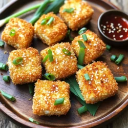 To make Air Fryer Crispy Tofu Nuggets, gather these items: - 1 block (14 oz) firm tofu, well-pressed and drained - 1/2 cup cornstarch - 1/2 cup panko breadcrumbs - 1 tablespoon nutritional yeast - 1 teaspoon garlic powder - 1 teaspoon onion powder - 1/2 teaspoon smoked paprika - Salt and black pepper to taste - 2 tablespoons soy sauce - 1 tablespoon olive oil or sesame oil You can switch some ingredients if needed. Here are some options: - Firm Tofu: Use extra-firm tofu for more crunch. - Cornstarch: Arrowroot powder works well if you need a substitute. - Panko Breadcrumbs: Regular breadcrumbs can replace panko but may not be as crunchy. - Nutritional Yeast: Skip it if you want a simpler flavor. - Soy Sauce: Tamari is a good gluten-free option. - Olive Oil: Any vegetable oil is fine if you don't have olive oil. Each serving of these tofu nuggets offers a tasty and healthy snack. Here’s the breakdown per serving: - Calories: Approximately 150 - Protein: 8 grams - Carbohydrates: 16 grams - Fat: 6 grams - Fiber: 1 gram These nuggets are a great way to enjoy a plant-based snack that is both crunchy and satisfying. They fit well into many diets and are easy to make! Start with a block of firm tofu. Make sure to press it well. Pressing removes excess water. This step helps the tofu get crispy. Cut the tofu into bite-sized cubes. Aim for 1-inch pieces. This size ensures even cooking. Place the cubes on a clean towel. Let them sit for a few minutes to dry. In one bowl, mix cornstarch, garlic powder, onion powder, smoked paprika, salt, and pepper. This blend adds flavor and crunch. In another bowl, whisk soy sauce and olive oil. Dip each tofu cube into the soy sauce mix. Make sure every side gets coated. Then transfer the cubes to the cornstarch mix. Toss gently until coated evenly. Next, move the coated tofu to the panko breadcrumbs. Press lightly so the crumbs stick well. Preheat your air fryer to 400°F (200°C) for about 5 minutes. This ensures the nuggets cook evenly. Spray the air fryer basket with a bit of cooking spray. Place the tofu nuggets in a single layer. Avoid overcrowding the basket to allow air flow. Air fry them for 15 to 18 minutes. Flip the nuggets halfway through. They should be golden brown and crispy when done. Once finished, let them cool for a moment before serving. Enjoy your crunchy tofu nuggets! To get your tofu nuggets extra crispy, use panko breadcrumbs. They create a nice crunch. Press the tofu well to remove moisture. This helps the nuggets stay crispy inside the air fryer. After coating, let the nuggets sit for a few minutes before frying. This allows the coating to set up. I love pairing these nuggets with sweet chili sauce. It adds a nice kick. You can also try spicy sriracha for heat. For a creamier option, mix soy sauce with a bit of mayo and lime juice. This gives a cool contrast to the crunchy nuggets. Serve the crispy tofu nuggets on a fun plate. You can add sliced veggies for color. Carrot sticks or cucumber slices work great. Garnish with chopped scallions or sesame seeds for a nice touch. This makes your dish look fancy and appetizing. {{image_4}} To add some heat to your tofu nuggets, try making spicy tofu nuggets. Start with the basic recipe. Then, add cayenne pepper or chili powder to the dry mix. You can also mix sriracha into the soy sauce. This will give your nuggets a nice kick. Adjust the spice to your taste. If you love heat, don't hold back! For a fresh twist, make herb-infused nuggets. Use dried herbs like oregano, thyme, or basil in the cornstarch mixture. You can also add fresh herbs if you have them. Just chop them finely before mixing. This will give your tofu a lovely aroma and flavor. These nuggets pair well with a light dip. To make gluten-free tofu nuggets, swap regular breadcrumbs for gluten-free panko. You can find this at most grocery stores. Make sure your soy sauce is also gluten-free. Tamari is a great choice here. It has a similar taste but is safe for gluten-free diets. Enjoy your crispy nuggets without worry! You can store leftover tofu nuggets in the fridge. Place them in an airtight container. They stay fresh for about 3 to 4 days. Make sure they cool down before sealing. This helps keep them crispy. Avoid stacking them too high, so they don’t get soggy. To reheat tofu nuggets, use the air fryer for best results. Preheat it to 350°F (175°C). Air fry the nuggets for about 5 to 7 minutes. This will make them crispy again. You can also use an oven. Set it to 350°F (175°C) and bake for about 10 minutes. Check them often to avoid overcooking. If you want to freeze your tofu nuggets, let them cool completely first. Place them in a freezer-safe bag or container. They can last up to 2 months in the freezer. To cook from frozen, do not thaw. Just air fry them straight from the freezer at 400°F (200°C) for about 15-20 minutes. Enjoy the crunch! To make these tofu nuggets gluten-free, swap regular soy sauce for tamari. Tamari is a gluten-free soy sauce alternative. Always check the panko breadcrumbs. Some brands offer gluten-free options made from rice or corn. You can also skip the breadcrumbs entirely. Use crushed gluten-free snacks for a similar crunch. Using soft tofu is not ideal for this recipe. Firm tofu gives the best texture and holds its shape well. Soft tofu tends to break apart during cooking. If you want a softer nugget, you can try silken tofu. Just be prepared for a different texture and adjust cooking time. There are many tasty dipping sauces for your tofu nuggets. Here are a few favorites: - Sweet chili sauce - Spicy sriracha - Soy sauce mixed with rice vinegar - Peanut sauce - Tangy barbecue sauce These sauces add flavor and fun to your snack! Feel free to mix and match to find your perfect pair. This blog post covered everything you need to make tasty tofu nuggets. We explored the ingredients, how to prep and cook them, and tips for extra crispiness. I shared fun variations and how to store and reheat your nuggets. Tofu nuggets are not only easy to make but also very versatile. Enjoy experimenting with flavors and sharing them with friends and family. Have fun in the kitchen and savor every bite!