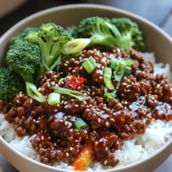 - 1 lb ground beef - 3 tablespoons soy sauce - 2 tablespoons gochujang (Korean red chili paste) - 1 tablespoon sesame oil - 1 tablespoon brown sugar - 3 cloves garlic, minced - 1 teaspoon fresh ginger, grated - 1 cup broccoli florets - 2 green onions, thinly sliced - Toasted sesame seeds - Sliced red chili pepper (optional) The main ingredients in this dish bring a rich, savory flavor. Ground beef is easy to cook and absorbs the marinade well. Soy sauce adds saltiness, while gochujang gives heat and depth. Sesame oil provides a nutty aroma and taste. Additional flavorings elevate the dish. Brown sugar balances the spice and adds sweetness. Fresh garlic and ginger bring brightness and warmth to the mix. For color and crunch, we need vegetables. Broccoli florets add a vibrant green touch and a healthy element. The green onions will add a fresh, sharp taste when sprinkled on top. Toasted sesame seeds give a nice crunch, while sliced red chili pepper can amplify the heat if you dare! To start, grab a medium mixing bowl. In this bowl, mix together 3 tablespoons of soy sauce, 2 tablespoons of gochujang, and 1 tablespoon of sesame oil. Next, add 1 tablespoon of brown sugar, 3 minced garlic cloves, and 1 teaspoon of grated ginger. Whisk until all the ingredients blend well. This marinade packs a punch of flavor and sets the stage for your beef. Now, heat a large skillet over medium-high heat. Add 1 pound of ground beef to the skillet. As it cooks, use a spatula to break the beef into smaller pieces. Cook for about 5-7 minutes or until it turns a nice brown color. Make sure to stir it often for even cooking. The beef should be fully cooked and juicy at this point. Once the beef is browned, carefully drain any extra fat from the skillet. Pour your prepared marinade over the beef. Stir well to coat the meat evenly. Continue cooking for another 2-3 minutes. This allows the flavors to meld and the beef to glaze beautifully. In the final 2 minutes, add 1 cup of broccoli florets to the skillet. Stir occasionally. This helps the broccoli steam and soak up some of that tasty sauce. Cook until the broccoli is tender but still bright and crisp. This adds a pop of color and crunch. To serve, take a bowl and spoon in a generous portion of cooked rice. You can use either white or brown rice. Then, add a hearty scoop of the spicy beef and broccoli mixture on top. For the final touch, sprinkle sliced green onions and toasted sesame seeds over each bowl. If you like more spice, add some sliced red chili pepper. Serve hot and enjoy! To get the best beef, brown it well. Use medium-high heat for even cooking. Break the beef into small pieces with a spatula as it cooks. This helps it brown better and keeps it juicy. Avoid cooking it too long, or it may become dry. Keep an eye on the color. You want it a nice brown, not gray. If you like it spicy, you can customize the heat. Start with two tablespoons of gochujang. If you want more heat, add a bit more. You can also slice red chili pepper and sprinkle it on top when serving. This lets everyone decide how spicy they want it. Remember, gochujang is bold, so taste as you go. To save time, use pre-cooked rice. You can find it in most stores. This cuts down on cooking time and helps you serve the meal faster. Just heat the rice in the microwave while you cook the beef. This way, everything is ready at the same time. Enjoy a warm, delicious meal in minutes! {{image_4}} You can swap ground beef for other proteins. Ground chicken or turkey works well. If you want a vegetarian option, try tofu. Tofu absorbs flavors nicely. It adds protein and keeps the dish light. This way, everyone can enjoy the meal. Adding more veggies makes this dish colorful and healthy. Bell peppers add sweetness and crunch. Snap peas bring a fresh snap, while carrots add bright color. You can mix and match your favorite vegetables. This not only boosts nutrition but also makes it fun! Want to kick up the flavor? Try adding sriracha for extra heat. Hoisin sauce gives a sweet, rich taste. You can even add a splash of lime juice for freshness. Don’t be afraid to get creative with flavors. Your taste buds will thank you! Store leftovers in an airtight container for up to 3 days. This keeps the beef fresh. Make sure to cool it down before sealing. It helps keep the flavors intact. If you want to enjoy it later, just remember to check for any off smells before eating. You can freeze the cooked beef mixture. Let it cool completely first. Then, transfer it to a freezer-safe bag. Squeeze out all the air before sealing. This will help prevent freezer burn. You can freeze it for up to three months. When you're ready to eat, thaw it in the fridge overnight. To reheat without losing flavor, use a skillet. Heat it on medium-low and add a splash of water. This keeps the beef moist and tasty. Stir occasionally until it’s warm throughout. You can also use a microwave. Place the beef in a bowl and cover it with a damp paper towel. Heat in short bursts to avoid overcooking. Enjoy your meal like it's fresh! Yes, you can prepare this dish ahead of time. To do this, cook the beef and broccoli as instructed. Then, let it cool before storing. Place the beef mixture in an airtight container in the fridge. This keeps well for up to three days. You can also pre-cook the rice. Store it separately to maintain its texture. When ready to eat, simply reheat both the rice and beef mixture together. Absolutely! To make a vegetarian version, swap out the ground beef with plant-based protein. Use options like crumbled tofu or tempeh. You can also try lentils or chickpeas for added flavor and nutrition. Just ensure you use the same marinade for a similar taste. This way, you keep the core flavors intact while making it suitable for everyone. To reduce the spice level, use less gochujang in the marinade. Start with one tablespoon instead of two. You can also add more brown sugar to balance the heat. Another tip is to add more broccoli and rice to dilute the spice. This keeps the meal tasty without overwhelming your palate. Many side dishes enhance Korean beef bowls. Try serving with kimchi for a tangy kick. A simple cucumber salad with sesame oil works well too. Steamed edamame or pickled vegetables also make great options. You can even add a light miso soup for a complete meal. These sides complement the flavors beautifully and add variety. This blog post explored making Korean beef bowls, from key ingredients to step-by-step cooking. You learned how to mix flavors using beef, soy sauce, gochujang, and fresh veggies. The tips help you perfect your dish and offer fun variations, like swapping proteins or tossing in extra vegetables. Embrace these ideas to elevate your cooking. Enjoy your delicious Korean beef bowl today!