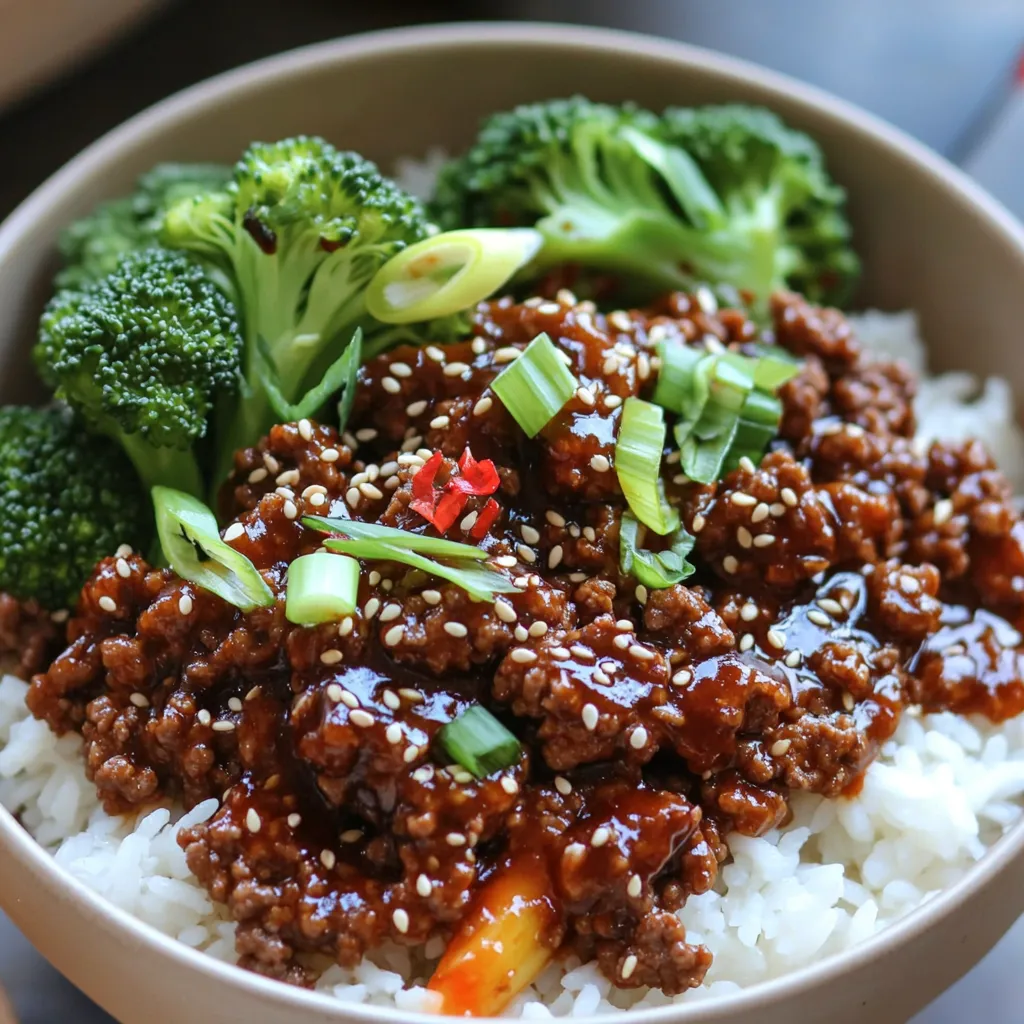 - 1 lb ground beef - 3 tablespoons soy sauce - 2 tablespoons gochujang (Korean red chili paste) - 1 tablespoon sesame oil - 1 tablespoon brown sugar - 3 cloves garlic, minced - 1 teaspoon fresh ginger, grated - 1 cup broccoli florets - 2 green onions, thinly sliced - Toasted sesame seeds - Sliced red chili pepper (optional) The main ingredients in this dish bring a rich, savory flavor. Ground beef is easy to cook and absorbs the marinade well. Soy sauce adds saltiness, while gochujang gives heat and depth. Sesame oil provides a nutty aroma and taste. Additional flavorings elevate the dish. Brown sugar balances the spice and adds sweetness. Fresh garlic and ginger bring brightness and warmth to the mix. For color and crunch, we need vegetables. Broccoli florets add a vibrant green touch and a healthy element. The green onions will add a fresh, sharp taste when sprinkled on top. Toasted sesame seeds give a nice crunch, while sliced red chili pepper can amplify the heat if you dare! To start, grab a medium mixing bowl. In this bowl, mix together 3 tablespoons of soy sauce, 2 tablespoons of gochujang, and 1 tablespoon of sesame oil. Next, add 1 tablespoon of brown sugar, 3 minced garlic cloves, and 1 teaspoon of grated ginger. Whisk until all the ingredients blend well. This marinade packs a punch of flavor and sets the stage for your beef. Now, heat a large skillet over medium-high heat. Add 1 pound of ground beef to the skillet. As it cooks, use a spatula to break the beef into smaller pieces. Cook for about 5-7 minutes or until it turns a nice brown color. Make sure to stir it often for even cooking. The beef should be fully cooked and juicy at this point. Once the beef is browned, carefully drain any extra fat from the skillet. Pour your prepared marinade over the beef. Stir well to coat the meat evenly. Continue cooking for another 2-3 minutes. This allows the flavors to meld and the beef to glaze beautifully. In the final 2 minutes, add 1 cup of broccoli florets to the skillet. Stir occasionally. This helps the broccoli steam and soak up some of that tasty sauce. Cook until the broccoli is tender but still bright and crisp. This adds a pop of color and crunch. To serve, take a bowl and spoon in a generous portion of cooked rice. You can use either white or brown rice. Then, add a hearty scoop of the spicy beef and broccoli mixture on top. For the final touch, sprinkle sliced green onions and toasted sesame seeds over each bowl. If you like more spice, add some sliced red chili pepper. Serve hot and enjoy! To get the best beef, brown it well. Use medium-high heat for even cooking. Break the beef into small pieces with a spatula as it cooks. This helps it brown better and keeps it juicy. Avoid cooking it too long, or it may become dry. Keep an eye on the color. You want it a nice brown, not gray. If you like it spicy, you can customize the heat. Start with two tablespoons of gochujang. If you want more heat, add a bit more. You can also slice red chili pepper and sprinkle it on top when serving. This lets everyone decide how spicy they want it. Remember, gochujang is bold, so taste as you go. To save time, use pre-cooked rice. You can find it in most stores. This cuts down on cooking time and helps you serve the meal faster. Just heat the rice in the microwave while you cook the beef. This way, everything is ready at the same time. Enjoy a warm, delicious meal in minutes! {{image_4}} You can swap ground beef for other proteins. Ground chicken or turkey works well. If you want a vegetarian option, try tofu. Tofu absorbs flavors nicely. It adds protein and keeps the dish light. This way, everyone can enjoy the meal. Adding more veggies makes this dish colorful and healthy. Bell peppers add sweetness and crunch. Snap peas bring a fresh snap, while carrots add bright color. You can mix and match your favorite vegetables. This not only boosts nutrition but also makes it fun! Want to kick up the flavor? Try adding sriracha for extra heat. Hoisin sauce gives a sweet, rich taste. You can even add a splash of lime juice for freshness. Don’t be afraid to get creative with flavors. Your taste buds will thank you! Store leftovers in an airtight container for up to 3 days. This keeps the beef fresh. Make sure to cool it down before sealing. It helps keep the flavors intact. If you want to enjoy it later, just remember to check for any off smells before eating. You can freeze the cooked beef mixture. Let it cool completely first. Then, transfer it to a freezer-safe bag. Squeeze out all the air before sealing. This will help prevent freezer burn. You can freeze it for up to three months. When you're ready to eat, thaw it in the fridge overnight. To reheat without losing flavor, use a skillet. Heat it on medium-low and add a splash of water. This keeps the beef moist and tasty. Stir occasionally until it’s warm throughout. You can also use a microwave. Place the beef in a bowl and cover it with a damp paper towel. Heat in short bursts to avoid overcooking. Enjoy your meal like it's fresh! Yes, you can prepare this dish ahead of time. To do this, cook the beef and broccoli as instructed. Then, let it cool before storing. Place the beef mixture in an airtight container in the fridge. This keeps well for up to three days. You can also pre-cook the rice. Store it separately to maintain its texture. When ready to eat, simply reheat both the rice and beef mixture together. Absolutely! To make a vegetarian version, swap out the ground beef with plant-based protein. Use options like crumbled tofu or tempeh. You can also try lentils or chickpeas for added flavor and nutrition. Just ensure you use the same marinade for a similar taste. This way, you keep the core flavors intact while making it suitable for everyone. To reduce the spice level, use less gochujang in the marinade. Start with one tablespoon instead of two. You can also add more brown sugar to balance the heat. Another tip is to add more broccoli and rice to dilute the spice. This keeps the meal tasty without overwhelming your palate. Many side dishes enhance Korean beef bowls. Try serving with kimchi for a tangy kick. A simple cucumber salad with sesame oil works well too. Steamed edamame or pickled vegetables also make great options. You can even add a light miso soup for a complete meal. These sides complement the flavors beautifully and add variety. This blog post explored making Korean beef bowls, from key ingredients to step-by-step cooking. You learned how to mix flavors using beef, soy sauce, gochujang, and fresh veggies. The tips help you perfect your dish and offer fun variations, like swapping proteins or tossing in extra vegetables. Embrace these ideas to elevate your cooking. Enjoy your delicious Korean beef bowl today!