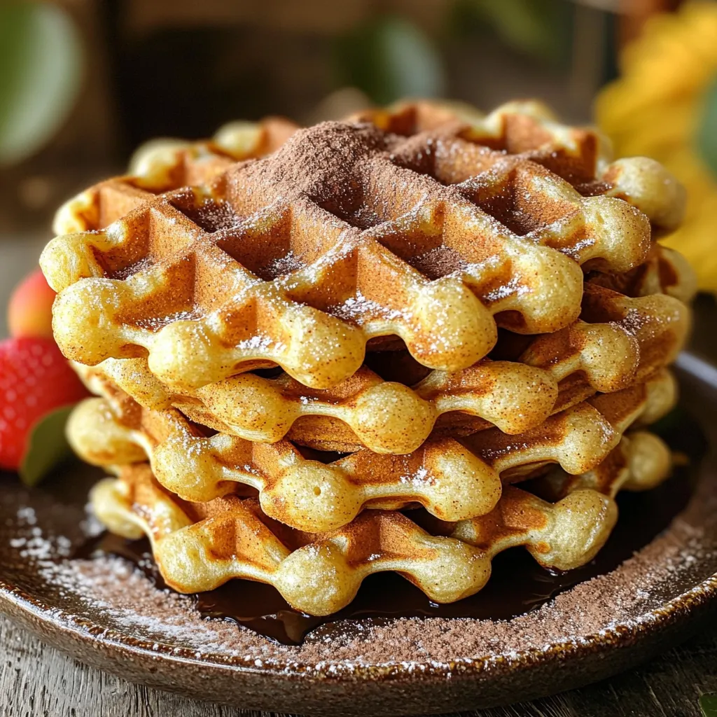 - 1 cup all-purpose flour - 1 tablespoon baking powder - 1/2 teaspoon salt - 1/2 teaspoon ground cinnamon - 1 tablespoon granulated sugar The main ingredients form the base of our churro waffles. All-purpose flour gives the waffles their structure. Baking powder helps them rise, while salt enhances the flavor. Ground cinnamon adds warmth and sweetness. Granulated sugar balances all the flavors. - 1 cup milk - 1 large egg - 2 tablespoons unsalted butter, melted The wet ingredients bring moisture and richness to the batter. Milk adds creaminess, while the egg helps bind everything together. Unsalted butter, when melted, adds a lovely flavor and texture. - 1/2 cup granulated sugar (for coating) - 2 tablespoons ground cinnamon (for coating) - 1 cup chocolate sauce (for drizzling, optional) The coating turns our waffles into a true treat. Mixing granulated sugar with ground cinnamon creates that classic churro flavor. Drizzling chocolate sauce on top adds indulgence, making every bite even more special. Preheat your waffle maker according to the manufacturer’s instructions. This step is key for crispy and fluffy waffles. A hot waffle maker cooks the batter evenly. In a large bowl, combine the following dry ingredients: - 1 cup all-purpose flour - 1 tablespoon baking powder - 1/2 teaspoon salt - 1/2 teaspoon ground cinnamon - 1 tablespoon granulated sugar Whisk these ingredients together well. This helps distribute the baking powder and cinnamon evenly. In a separate bowl, whisk together: - 1 cup milk - 1 large egg - 2 tablespoons unsalted butter, melted Make sure the mixture is smooth. This will ensure your batter is creamy and delicious. Pour the wet ingredients into the bowl with the dry mixture. Gently stir until just combined. It’s fine if the batter is a bit lumpy. Avoid overmixing; it can make the waffles tough. Lightly grease the waffle maker with non-stick spray. Pour enough batter into the maker to cover the bottom completely. Close the lid and cook until the waffles are golden-brown, usually about five minutes. Prepare your cinnamon-sugar mixture in a small bowl. Combine: - 1/2 cup granulated sugar - 2 tablespoons ground cinnamon Once the waffles are cooked, dip them in the cinnamon-sugar mixture. Make sure to coat both sides evenly for that sweet, churro-like flavor. Enjoy your warm, cinnamon sugar churro waffles! To make light and fluffy churro waffles, you must avoid overmixing. Mix the wet and dry ingredients until they just come together. It’s okay if the batter is a bit lumpy. Overmixing can lead to tough waffles that lose their charm. Trust me, a few lumps are just fine! For a fun and tasty presentation, stack two or three waffles on a plate. Drizzle them with chocolate sauce for a rich touch. You can also sprinkle extra cinnamon sugar on top for added sweetness. Fresh fruit, like strawberries or bananas, adds color and balances the sweetness. This makes your dessert not only delicious but also pretty to look at! When picking a waffle maker, look for a few key features. A non-stick surface helps with easy removal. Adjustable temperature settings let you control the crispiness. Also, consider a model that indicates when the waffles are done cooking. This way, you can avoid overcooking and enjoy perfectly golden-brown churro waffles every time! {{image_4}} You can make your churro waffles even better! Try adding a splash of vanilla extract. It gives a sweet, warm flavor that pairs well with cinnamon. You can also mix in some cocoa powder for a chocolate twist. This will add depth and a rich taste to your waffles, making them extra special. If you need a gluten-free option, you can easily swap out the all-purpose flour. Use a gluten-free flour blend instead. Look for blends that have a mix of rice flour, potato starch, and tapioca flour. This will keep your waffles light and fluffy while being safe for gluten-free diets. Want to take your churro waffles to the next level? Think about stuffing them! You can fill them with chocolate or cream cheese. For chocolate, just add some chocolate chips to the batter before cooking. For cream cheese, mix it with a bit of sugar and cinnamon, then spoon it into the batter. This will create a delightful surprise inside each waffle! To keep your churro waffles fresh, store them in the fridge. Place them in an airtight container. They will stay good for about 2 to 3 days. If you want to keep them longer, consider freezing them. To reheat your churro waffles, use your toaster or oven. This method helps maintain their crispy texture. Heat them at 350°F (175°C) for about 5-7 minutes. You can also use a microwave, but they may become soft. You can freeze your churro waffles. If they are cooked, let them cool first. Wrap each waffle in plastic wrap or foil. Then, place them in a freezer bag. They can last for up to 2 months. If you freeze uncooked batter, store it in a sealed container. Use it within a month for best results. Yes, you can use other flours. Here are some options: - Whole Wheat Flour: This adds fiber. The flavor is nutty and rich. The texture may be denser. - Almond Flour: This is gluten-free. It gives a unique taste. Waffles may be more crumbly. - Oat Flour: This is also gluten-free. It will add a mild flavor. The waffles may be softer. Experiment with these flours. Adjust the liquid in the batter if needed. Making the batter ahead is simple. Follow these tips: - Mix Dry and Wet Separately: Whisk together dry ingredients first. In another bowl, mix the wet ones. - Combine Before Cooking: When ready to cook, mix them together. This helps keep waffles fluffy. - Store in the Fridge: Keep the mixed batter in a sealed container. Use it within 24 hours for best results. This way, you can enjoy churro waffles any time! Pair churro waffles with these delicious options: - Fresh Fruit: Berries, bananas, or apples add color and freshness. - Ice Cream: A scoop of vanilla or chocolate ice cream makes it a dessert. - Coffee or Hot Chocolate: These drinks complement the sweetness well. - Whipped Cream: A dollop adds creaminess and fun! Try these pairings for a delightful experience. Enjoy your churro waffles! This guide covers everything you need for churro waffles. You learned about key ingredients, step-by-step cooking, and helpful tips. I shared ways to add flavors and suggested easy storage methods. With these tips, your waffles will be delicious and fun. Whether you enjoy them simple or stuffed, churro waffles can impress everyone. Try them for breakfast or dessert, and enjoy tasty moments with friends and family. Happy cooking!