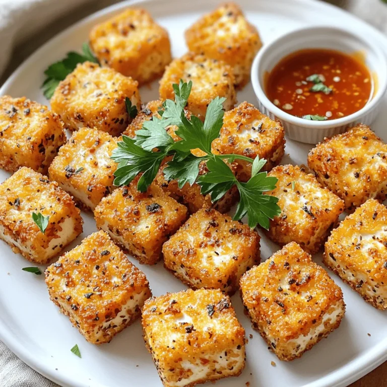 - 14 oz firm tofu, well-drained and pressed - 3 tablespoons cornstarch - 1 tablespoon garlic powder - 1 tablespoon onion powder - 1 teaspoon smoked paprika - 1 teaspoon sea salt - 1/2 teaspoon freshly ground black pepper - 2 tablespoons soy sauce - 2 tablespoons sesame oil - Fresh parsley, finely chopped - Dipping sauces like sweet chili sauce or soy sauce These ingredients come together to create a delightful dish. Firm tofu is the star here, providing the base for amazing flavor. The cornstarch makes each bite super crispy. Garlic powder and onion powder add depth, while smoked paprika brings a hint of warmth. Season your tofu with sea salt and black pepper for a balanced taste. Soy sauce adds umami, while sesame oil gives it a nice nutty finish. For garnishing, fresh parsley adds a pop of color and freshness. Pair your crispy bites with sweet chili sauce or soy sauce for a delicious dip. This simple mix of ingredients helps you create a great snack or meal in no time. To start, I press the tofu to remove excess moisture. This step is key for crispiness. Use a clean towel or paper towels to wrap the tofu. Place a heavy object on top for about 15 minutes. After pressing, cut the tofu into bite-sized cubes, around 1 inch. Place the cubes in a mixing bowl. Next, I prepare the dry seasoning mix. In a small bowl, blend together: - 3 tablespoons cornstarch - 1 tablespoon garlic powder - 1 tablespoon onion powder - 1 teaspoon smoked paprika - 1 teaspoon sea salt - 1/2 teaspoon freshly ground black pepper Mix these well to ensure even flavor. Then, drizzle 2 tablespoons soy sauce and 2 tablespoons sesame oil over the tofu. Toss the tofu gently, coating each cube with the sauce. This adds great flavor. Now, sprinkle the dry seasoning mix over the tofu. Toss again until all cubes are covered. This step creates a delicious crust when cooked. Before cooking, I preheat the air fryer to 380°F (193°C) for about 5 minutes. This ensures even cooking. Arrange the tofu in a single layer in the air fryer basket. Do not let them overlap; this keeps them crispy. I cook the tofu for 15-20 minutes. Halfway through, I shake the basket to promote even crisping. The tofu is done when it turns golden brown and feels crisp. Once cooked, I carefully transfer the tofu bites to a serving plate. I love adding fresh parsley on top for a nice touch. Serve these crispy bites hot with a side of sweet chili sauce or soy sauce for dipping. Enjoy! To get that ideal crunch, make sure you space the tofu cubes in the air fryer. If they sit too close, they will steam instead of crisp. Arrange them in a single layer. This allows hot air to circulate around each piece. I recommend setting the air fryer to 380°F (193°C). This temperature cooks the tofu just right, giving it a golden brown finish. For deeper flavor, marinate your tofu before cooking. Let the tofu sit in soy sauce and sesame oil for at least 15 minutes. This helps the flavors soak in. You can also add a touch of lemon juice for a zesty kick. After cooking, use fresh herbs like parsley for garnish. This not only adds color but also a fresh taste. After frying tofu, clean the air fryer to keep it in good shape. Let it cool, then wipe down the basket with a damp cloth. You can also soak it in warm, soapy water. To prevent sticking, spray the basket lightly with cooking oil before adding the tofu. This simple step keeps the tofu from sticking and makes cleanup easier. {{image_4}} You can easily change the taste of your crispy garlic tofu bites. Adding spices like chili powder or cumin gives your bites a warm kick. If you like sweet flavors, try teriyaki or hoisin sauce. These sauces can transform the dish into something new and exciting. For a gluten-free version, use tamari instead of soy sauce. This swap keeps the flavor while meeting dietary needs. If you're looking for vegan options, choose plant-based seasonings. They add flavor and keep your dish healthy without any animal products. Pair your tofu bites with rice or a fresh salad. This combo makes for a balanced meal. You can also create a crispy tofu salad bowl. Just toss the bites with greens, veggies, and your favorite dressing. This adds color and nutrition to your plate. To store your crispy garlic tofu bites, let them cool completely. This step helps keep them fresh. Place the cooled tofu in an airtight container. Glass or plastic containers work well for storage. Make sure to keep them in the fridge. They will last for about 3 to 5 days. To reheat your crispy tofu, use an air fryer if you can. Preheat the air fryer to 350°F (175°C). Place the tofu bites in a single layer. Heat them for about 5 to 7 minutes. This method keeps the tofu crispy. You can also use a skillet. Add a tiny bit of oil and heat on medium. This will also help regain some crunch. You can freeze cooked tofu bites for later use. Allow them to cool completely before freezing. Place them in a freezer-safe bag or container. Remove as much air as possible to avoid freezer burn. They can last up to 3 months in the freezer. When ready to eat, thaw them in the fridge overnight. Reheat in the air fryer or skillet as mentioned above. You can still enjoy crispy tofu using an oven or stovetop. For the oven, preheat it to 400°F (200°C). Cut the tofu into cubes and coat them with cornstarch and your favorite seasonings. Spread the cubes on a baking sheet lined with parchment paper. Bake for about 25-30 minutes, flipping halfway through for even browning. For the stovetop, heat a skillet over medium heat. Add oil and wait until it shimmers. Add the tofu cubes and cook for about 10 minutes. Turn them often until all sides are golden brown and crispy. Yes, you can use extra-firm tofu. It has less moisture, so it makes for crispier bites. Just remember to adjust the cooking time slightly. Extra-firm tofu may need a few more minutes to reach the same golden color. Popular dipping sauces include: - Sweet chili sauce - Soy sauce - Teriyaki sauce You can also try making your own sauce. Mix soy sauce with honey and a splash of lime juice for a tasty blend. Another option is a simple garlic aioli. Just mix mayonnaise, minced garlic, and a squeeze of lemon juice. This adds a creamy touch to your crispy tofu bites. We explored how to make crispy garlic tofu bites step by step. You learned about key ingredients, preparation, cooking tips, and flavor variations. Remember, pressing tofu and proper marinating are crucial for taste. Experiment with spices and pair it with your favorite sides. With these tips, you can create delicious tofu that satisfies any craving. Enjoy your cooking adventure, and make it your own!