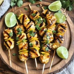- 1 lb boneless, skinless chicken breast - 3 tablespoons honey - 2 tablespoons freshly squeezed lime juice - 1 tablespoon soy sauce - 2 cloves garlic, finely minced - 1 teaspoon ground cumin - 1 teaspoon paprika - Salt and pepper, to taste - Skewers (wooden or metal) - Fresh cilantro, chopped (for garnish) Gathering the right ingredients makes a big difference. For this dish, I start with fresh chicken. I cut the chicken breast into 1-inch cubes. This size cooks evenly and stays juicy. Next, I mix the marinade. I whisk together honey, lime juice, and soy sauce. The honey gives a sweet touch, while lime adds zest. Then, I add minced garlic, cumin, paprika, salt, and pepper. Each spice brings its own flavor, enhancing the chicken. When it comes to skewering, I suggest using either wooden or metal skewers. If you choose wooden skewers, soak them in water first. This step prevents them from catching fire on the grill. Finally, don't forget the cilantro. It adds a fresh pop of color and taste at the end! To start, blend the marinade ingredients. You will need honey, lime juice, soy sauce, minced garlic, ground cumin, paprika, salt, and pepper. Mix these in a large bowl. Whisk until the mixture is smooth. Next, coat the chicken pieces thoroughly in the marinade. Make sure every piece gets a good layer. Then, cover the bowl tightly with plastic wrap. Place it in the refrigerator for 30 minutes to 2 hours. The longer you marinate, the more flavor the chicken absorbs. If you use wooden skewers, soak them in cold water for at least 30 minutes. This prevents them from burning on the grill. While the skewers soak, preheat your grill to medium-high heat. This step is important for even cooking. Now it’s time to thread the chicken onto the skewers. Remove the marinated chicken from the bowl and discard any leftover marinade. Thread the chicken pieces onto the skewers, leaving small gaps between each piece. This helps them cook evenly. Place the skewers on the preheated grill. Grill the chicken for 10-12 minutes, turning occasionally. Make sure to check the internal temperature, aiming for 165°F (75°C). This ensures the chicken is safe to eat and juicy. For the best flavor, marinate the chicken for at least 30 minutes. If you have more time, let it sit for up to 2 hours. This longer time helps the chicken soak up all the tasty marinade. You can switch things up by adding fresh herbs like thyme or basil. You could also try a splash of orange juice for a sweet twist! To get those perfect grill marks, make sure your grill is hot. Place the skewers at a 45-degree angle when you start grilling. This helps create those nice lines. Turn the skewers every three to four minutes. This way, the chicken cooks evenly. Always check the chicken’s internal temperature. It should reach 165°F (75°C) to be safe to eat. For a pretty plate, lay the skewers on a white platter. The contrast makes the colors pop! You can add lime wedges for a fresh touch. Scatter some chopped cilantro around the plate for extra color. Serve with rice, grilled veggies, or a fresh salad to make a complete meal. Enjoy your delicious Honey Lime Grilled Chicken Skewers! {{image_4}} You can switch chicken for shrimp or tofu. Shrimp cooks quickly and adds a nice taste. Tofu absorbs flavors well and is a great plant-based option. If you prefer chicken, try different cuts. Thighs can add more flavor and moisture compared to breasts. Each protein will change the taste and texture of the dish. You can boost the marinade's taste by adding herbs and spices. Consider fresh cilantro, chili powder, or ginger. Each can change the flavor profile and make it unique. You could also add fruits like pineapple or mango. These fruits bring a sweet touch that pairs nicely with the honey and lime. Grilling vegetables on the skewers can add color and nutrition. Bell peppers, zucchini, and red onions work well. They grill nicely and add a crunch. You can alternate chicken and veggies on the skewers for a fun mix. This not only enhances flavor but also makes the dish more colorful. To keep your grilled chicken skewers fresh, place them in an airtight container. This helps lock in moisture and flavor. You can also wrap them tightly in plastic wrap. Store the skewers in the fridge. They will last for 3 to 4 days this way. When reheating, keep the chicken moist. Use a microwave or a skillet. If using the microwave, cover the skewers with a damp paper towel. This adds steam and keeps the chicken juicy. On the stove, heat with a bit of oil over low heat. This prevents drying out. Pair your reheated chicken with sides like rice or salad. They complement the flavors well. If you want to freeze your skewers, wrap them tightly in foil or freezer bags. This protects them from freezer burn. Make sure to remove as much air as possible. You can freeze them for up to 3 months. When ready to eat, thaw in the fridge overnight. Reheat them gently to keep their taste and texture. To know if chicken skewers are done, check the internal temperature. The safe temperature for cooked chicken is 165°F (75°C). Use a meat thermometer to check this. Insert it into the thickest part of the chicken. This ensures the chicken is safe and juicy. If you don't have a thermometer, look for clear juices and firm texture. Yes, you can use store-bought marinade. They save time and can be very tasty. Look for one with good ingredients. However, they may be high in sodium or preservatives. Homemade marinades let you control the flavor and health aspects. You can adjust the taste to your liking. Many sides go well with honey lime grilled chicken skewers. Here are some great options: - Grilled corn on the cob - Cilantro lime rice - Fresh garden salad - Roasted vegetables - Guacamole with tortilla chips - Coleslaw for crunch These sides enhance the flavors and make the meal complete. Enjoy mixing and matching! Grilling honey lime chicken skewers is simple and rewarding. You start by marinating chicken in a flavorful mix. Then, you skewering and grill it to perfection. Add your favorite veggies for extra taste. Storing any leftovers is easy too. Remember, check the chicken's temperature for safety. Try these tips to enhance your dish each time. Experiment with different proteins and marinades. Enjoy your delicious skewers with perfect sides. This meal will impress your family and friends!