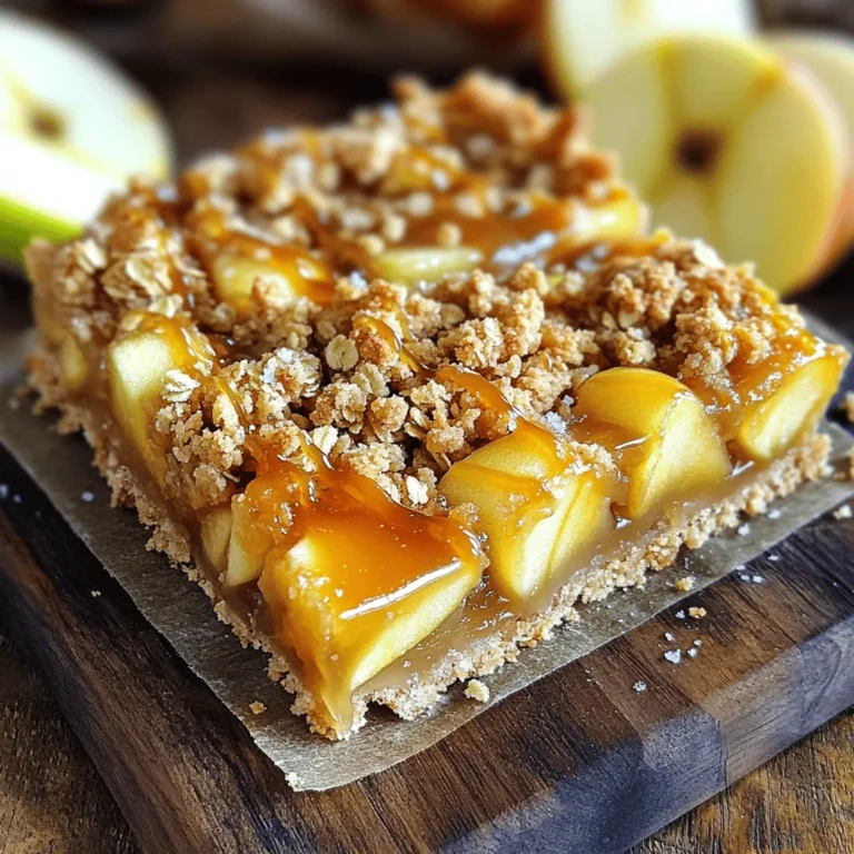 To make these tasty bars, gather these main ingredients: - 2 cups all-purpose flour - 1 cup rolled oats - 1/2 cup brown sugar, tightly packed - 1/2 cup granulated sugar - 1/2 teaspoon baking powder - 1/2 teaspoon baking soda - 1/2 teaspoon ground cinnamon - 1/2 cup unsalted butter, melted - 1 large egg - 4 medium apples, peeled, cored, and diced - 1/2 cup salted caramel sauce (store-bought or homemade) - 1/2 teaspoon sea salt (for garnish) These ingredients create a perfect balance of sweet and salty. The apples add freshness, while the caramel brings richness. You will need some basic tools to make these bars: - A 9x13 inch baking dish - Parchment paper - Large mixing bowl - Measuring cups and spoons - Mixing spoon or spatula - Knife and cutting board for apples Using the right tools makes your cooking easier and more fun. If you want to switch things up, here are some great ideas: - For gluten-free bars, use gluten-free flour. - Swap brown sugar with coconut sugar for a different flavor. - Use any apple type you like, such as Granny Smith or Honeycrisp. - Try adding nuts like walnuts or pecans for extra crunch. - Instead of salted caramel, use chocolate sauce for a twist. These substitutions can make the recipe fit your taste and diet. Feel free to get creative! 1. First, preheat your oven to 350°F (175°C). This step warms the oven for even baking. 2. Line a 9x13 inch baking dish with parchment paper. Leave some overhang for easy removal later. 3. In a large bowl, mix together: - 2 cups all-purpose flour - 1 cup rolled oats - 1/2 cup brown sugar - 1/2 cup granulated sugar - 1/2 teaspoon baking powder - 1/2 teaspoon baking soda - 1/2 teaspoon ground cinnamon 4. Make sure to blend these dry ingredients well. This ensures a great flavor. 5. Add 1/2 cup melted unsalted butter and 1 large egg to the dry mix. Stir until it forms a crumbly dough. 6. Press about two-thirds of this mixture into the bottom of the baking dish. This creates a solid crust. 7. In another bowl, toss 4 diced medium apples with half of the salted caramel sauce. This adds sweet flavor. 8. Spread the apple mix evenly over the crust. 1. Sprinkle the remaining crumble mixture on top of the apples. This adds more texture. 2. Drizzle the rest of the salted caramel sauce over the top. This gives a rich flavor. 3. Bake in your preheated oven for 30-35 minutes. Check if the top is golden brown and apples are tender. 1. Once baked, take the dish out and let it cool for at least 30 minutes. This helps the bars set. 2. After cooling, sprinkle the top with a bit of sea salt for an amazing taste contrast. 3. Use the parchment overhang to lift the bars out of the pan. This makes cutting easier. 4. Cut into squares or rectangles for serving. 5. For a lovely display, serve the bars on a wooden board. Drizzle more salted caramel and add fresh apple slices. To get the best crumble, mix your dry ingredients well. Combine flour, oats, sugars, baking powder, baking soda, and cinnamon. When you add melted butter and egg, mix until crumbly. Do not overwork it; keep a few bigger crumbs. This will give your bars that nice crunchy top. One common mistake is using too many wet ingredients. This can make your crumble soggy. Make sure to press the base firmly into the pan. If it’s loose, it may fall apart when cut. Also, don’t skip the cooling step. Cutting too soon can make a mess. For a beautiful presentation, place the bars on a wooden board. Drizzle extra salted caramel on top. Add a few fresh apple slices for color. Use a sharp knife to cut neat squares or rectangles. This makes them look appealing and ready to enjoy. {{image_4}} You can add nuts or other fruits to your bars. Walnuts or pecans work great for a crunch. Just chop them and mix them with the apples. You can also try adding berries like raspberries or blueberries. They add a nice tartness. Just remember to adjust the sugar based on sweetness. If you need gluten-free bars, swap the all-purpose flour. Use a gluten-free flour blend instead. Make sure it has a binding agent like xanthan gum. For oats, choose certified gluten-free oats. This way, everyone can enjoy these tasty treats without worry. For extra flavor, try adding spices. A pinch of nutmeg or ginger can give warmth. You can also mix in vanilla extract for a sweet aroma. If you love a richer taste, consider adding maple syrup along with the caramel. It adds depth and a lovely sweetness to the bars. To keep your leftover salted caramel apple crumble bars fresh, store them in an airtight container. This helps prevent them from drying out. Place a piece of parchment paper between layers if you stack them. You can keep them at room temperature for up to three days. For longer storage, the fridge works well too. Just remember to let them cool fully before sealing. If you want to save some bars for later, freezing is a great option. First, cut them into squares. Then, wrap each piece in plastic wrap. Place the wrapped bars in a freezer-safe bag or container. They can last up to three months in the freezer. When you’re ready to enjoy them, just thaw overnight in the fridge. To reheat your bars, preheat the oven to 350°F (175°C). Place the bars on a baking sheet and cover them with foil. Heat them for about 10-15 minutes until warm. This method keeps the crumble nice and crisp. If you want, you can also microwave a single bar for about 20-30 seconds. Enjoy them warm for the best taste! You can tell the bars are done when the top is golden brown. The apples should be soft when you poke them with a fork. A toothpick inserted in the center should come out clean or with a few crumbs. This usually takes about 30-35 minutes in the oven. Keep an eye on them. If they start to brown too quickly, cover them with foil. Yes, you can swap apples for other fruits. Pears, peaches, or berries work well. Just remember to adjust the sugar based on the fruit's sweetness. For example, berries might need less sugar than apples. Make sure to chop the fruit into small pieces for even cooking. Making salted caramel sauce is easy. Start by melting 1 cup of sugar in a saucepan over medium heat. Stir until it melts and turns a golden color. Then, add 6 tablespoons of butter and stir until melted. Slowly pour in 1/2 cup of heavy cream while stirring. Add 1 teaspoon of sea salt and mix well. Let it cool before using it in your bars. This sauce adds a rich flavor that pairs well with the apples. You learned how to make salted caramel apple crumble bars step-by-step. We covered ingredients, equipment, and tips for the perfect texture. You discovered fun variations, storage methods, and answers to common questions. With these insights, you'll create bars that impress. Enjoy sharing this delicious treat with others! Happy baking, and may each bite bring joy!