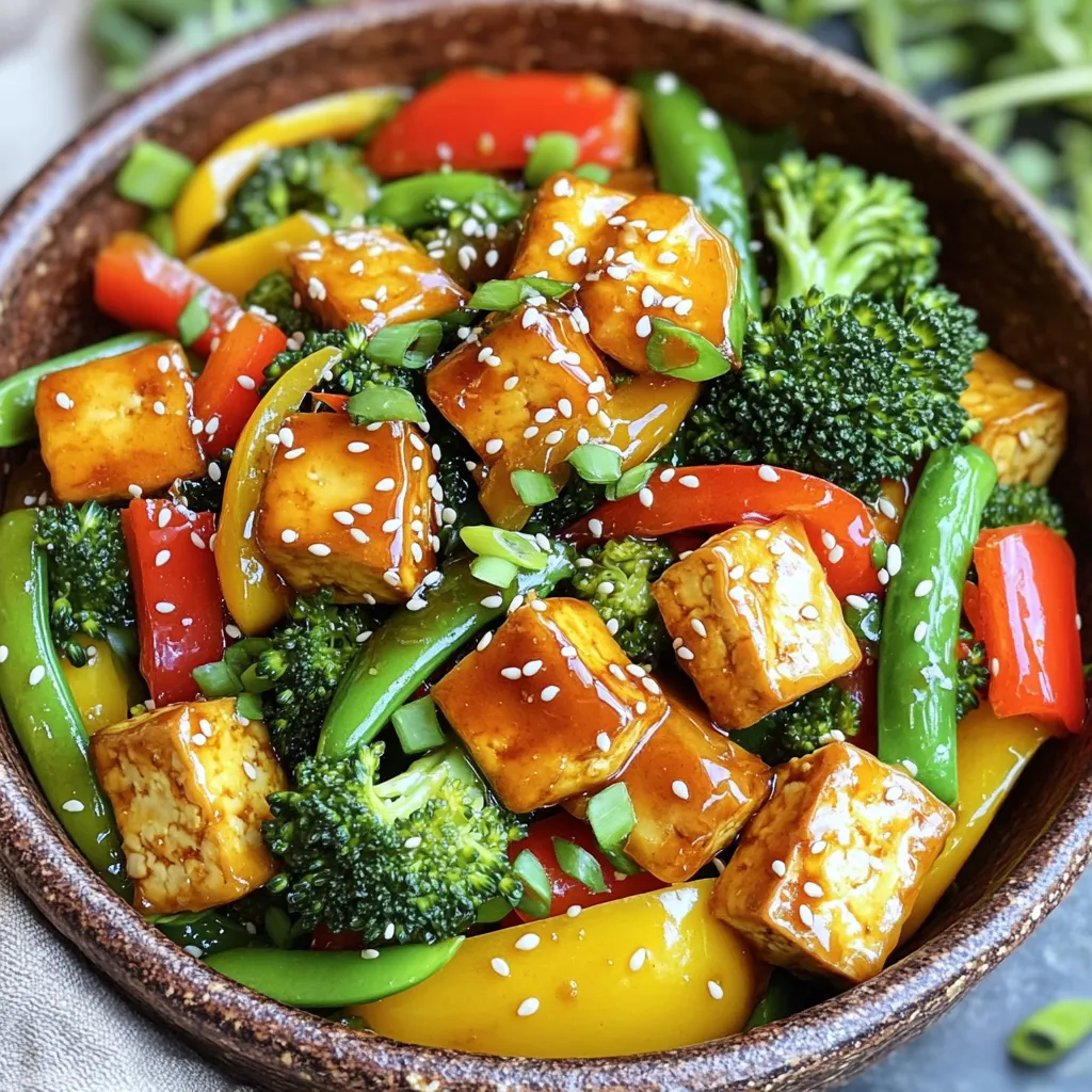- 1 block (14 oz) firm tofu, pressed and cubed - 2 tablespoons cornstarch - 2 tablespoons vegetable oil (e.g., canola or sunflower) - 1 bell pepper, sliced - 1 cup broccoli florets - 1 cup sugar snap peas - 3 cloves garlic, minced - 3 tablespoons honey - 2 tablespoons soy sauce - 1 tablespoon rice vinegar - Salt and pepper to taste - Sesame seeds and green onions for garnish Gathering the right ingredients makes this dish shine. Start with firm tofu, as it holds its shape well. Press the tofu to remove moisture. This helps it get crispy. Cornstarch gives the tofu a nice crunch. For veggies, bell peppers add color and sweetness. Broccoli and sugar snap peas bring texture and nutrients. Fresh garlic gives a bold flavor to the dish. Honey balances the savory notes. Low-sodium soy sauce keeps it tasty without being too salty. Rice vinegar adds a tangy kick. Finally, use salt and pepper to enhance all the flavors. Garnishing with sesame seeds and green onions adds a nice touch. They give your dish a fresh look and extra flavor. Enjoy the vibrant mix of colors and tastes! Pressing the tofu for better texture Tofu has a lot of water. Pressing it helps make it firmer. Wrap it in a clean towel. Place a heavy item on top. Let it rest for about 15-20 minutes. This step is key for the best texture. Cutting tofu into cubes After you press the tofu, cut it into cubes. Aim for bite-sized pieces. This helps the tofu cook evenly and absorb flavor well. Coating the tofu with cornstarch Next, place the tofu cubes in a bowl. Add two tablespoons of cornstarch. Gently toss the tofu to coat it evenly. This coating gives the tofu a nice crispy finish when cooked. Frying the tofu until crispy Heat two tablespoons of vegetable oil in your skillet. When the oil is hot, add the tofu in a single layer. Fry it for about 8-10 minutes. Turn the cubes often. You want them golden brown and crispy on all sides. Stir-frying the vegetables until tender Once the tofu is crispy, take it out and set it aside. In the same skillet, add sliced bell pepper, broccoli florets, and sugar snap peas. Stir-fry these for 5-7 minutes. The veggies should be bright and tender but still crisp. Incorporating garlic for aroma Now, add three cloves of minced garlic to the skillet. Stir it for about 30 seconds. This will fill your kitchen with a lovely smell. Be sure not to burn the garlic. Mixing the sauce ingredients In a small bowl, whisk together honey, soy sauce, and rice vinegar. Pour this sauce over the vegetables and tofu. Stir well to mix everything. Cook for an extra 2-3 minutes until the sauce thickens a bit. Combining everything in the skillet Once the sauce is ready, combine all the ingredients in the skillet. Make sure everything is well mixed and heated through. Adjusting seasoning and garnishing Taste your stir fry. Add salt and pepper as needed. For a finishing touch, sprinkle sesame seeds and chopped green onions on top. This adds a nice crunch and color. Pressing tofu is key for great texture. It removes moisture, which helps it crisp up. For best results, wrap the tofu in a clean towel. Place a heavy object on top, like a cast iron pan. Let it sit for 15-20 minutes. After pressing, cut the tofu into cubes. Coat each piece with cornstarch for a crunchy finish. When cooking, use medium-high heat. Fry the tofu until it's golden brown, about 8-10 minutes. Turn it often so it cooks evenly. You can swap out vegetables based on what you like. Try snap peas, bell peppers, and broccoli for a vibrant mix. If you want to change it up, use carrots, bok choy, or zucchini. To keep veggies crisp, don’t overcook them. Stir-fry until they are bright and tender, about 5-7 minutes. This way, they stay colorful and crunchy. Adjust the sweetness of the sauce to fit your taste. If you like it sweeter, add more honey. For a spicy kick, try adding red pepper flakes or sriracha. Mix honey, soy sauce, and rice vinegar in a bowl to create the sauce. Pour it over the cooked tofu and veggies. Stir well and let it cook for a few more minutes to thicken. Enjoy your flavorful stir fry! {{image_4}} You can switch the tofu for tempeh or seitan. Both options add unique flavors and textures. Tempeh has a nutty taste, while seitan mimics the texture of meat. If you want a protein boost, try adding edamame or chickpeas. Edamame brings a fresh crunch, and chickpeas add creaminess. To make this dish vegan, replace honey with maple syrup. Maple syrup gives a similar sweet taste. You can also explore different regional flavors by using sauces like teriyaki or hoisin. Each sauce adds its own twist to the dish. Pair your stir fry with grains like rice or quinoa. Both options soak up the sauce well. If you're into meal prep, this dish is perfect. You can store it in the fridge for quick lunches or dinners later. To store your Honey Garlic Tofu Stir Fry, let it cool first. Place the stir fry in an airtight container. This step keeps it fresh. You can store it in the fridge for about 3 to 4 days. If you want to keep it longer, consider freezing. In the freezer, it can last up to 2 months. When you're ready to eat, you can reheat the stir fry easily. The best method is to use a skillet. Heat it on medium. Add a splash of water or oil, then add the stir fry. Stir it well until it's heated through. This keeps the tofu crispy and the veggies bright. You can also use a microwave. Place the stir fry in a microwave-safe dish. Cover it with a lid or a damp towel. Heat it in short bursts, stirring in between. This helps keep the flavor and texture intact. Yes, you can use different types of tofu. I recommend using firm or extra-firm tofu. Firm tofu holds its shape well in stir-frying. Extra-firm tofu offers even more texture and crunch. Avoid silken tofu, as it can break apart too easily. Yes, this recipe can be gluten-free. Use gluten-free soy sauce, like tamari, instead of regular soy sauce. This swap keeps the dish tasty while being safe for those with gluten intolerance. Always check labels to ensure they meet your needs. You can add spice in a few ways. Try adding crushed red pepper flakes or sriracha to the sauce. You can also stir in sliced jalapeños for extra heat. Adjust the amount based on your spice level. Yes, you can use frozen vegetables. They are a great option for convenience. However, fresh vegetables usually have a better texture. If using frozen, cook them a bit longer to ensure they are heated through. Make this dish meal prep friendly by portioning it out. After cooking, cool the stir fry and divide it into containers. Store in the fridge for up to four days. Reheat in the microwave or on the stove when you're ready to eat. This recipe gives you the tools to make a tasty tofu stir fry. You learned about the right ingredients, step-by-step cooking, and important tips. You can customize it with different veggies and sauces. Remember, pressing the tofu helps it stay crispy. Proper storage will keep your leftovers fresh. Enjoy your stir fry as a fun meal or great meal prep option. Dive in and enjoy your delicious creation!