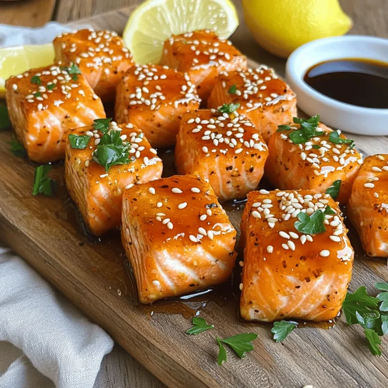 - 1 pound salmon fillet, skinless and boneless, cut into 1-inch cubes - 3 tablespoons honey - 3 tablespoons low-sodium soy sauce - 2 cloves garlic, finely minced - 1 tablespoon fresh ginger, grated - 1 tablespoon sesame oil - 1 tablespoon cornstarch - 1 tablespoon sesame seeds (for garnish) - Freshly chopped parsley or sliced green onions (for garnish) - Salt and freshly ground black pepper to taste For this recipe, I use fresh, skinless salmon. It cooks evenly and tastes great. The honey and soy sauce create a sweet and salty mix. Fresh garlic and ginger add a nice kick. I always choose low-sodium soy sauce. This helps keep the dish light and tasty. Cornstarch is key for a crispy texture. It coats the salmon and makes it golden. I also use sesame seeds for a nutty crunch. Fresh herbs like parsley or green onions brighten the dish. They add color and flavor. Make sure to season the salmon with salt and black pepper. This extra touch brings out the best in the fish. Each ingredient plays a part in making these bites a flavorful treat! First, gather your ingredients. In a bowl, whisk together honey, soy sauce, minced garlic, grated ginger, and sesame oil. This blend will give your salmon a sweet and savory flavor. Next, season your salmon cubes with salt and pepper. Toss the salmon in the marinade, making sure every piece gets coated. Allow it to marinate for at least 15 minutes. This step helps the salmon absorb all the delicious flavors. After marinating, sprinkle cornstarch over the salmon bites. Toss gently until the cubes are coated. This will help create a crispy outside during cooking. Now, preheat your air fryer to 400°F (200°C). This step is key for even cooking and achieving that perfect crisp. Place the marinated salmon in a single layer in the air fryer basket. Make sure to leave space between the pieces for proper air circulation. If your air fryer is small, you may need to cook in batches. Cook the salmon for 8-10 minutes, flipping them halfway through. They should turn golden and crisp on the outside. Once cooked, remove the salmon bites and drizzle any leftover marinade over them for extra flavor. Finally, garnish with sesame seeds and fresh parsley or green onions for a pop of color. To get the best texture, marinating is key. It helps the salmon soak up all the tasty flavors. I recommend marinating for at least 15 minutes. If you have more time, even better! Using cornstarch is a great trick for crispiness. After marinating, sprinkle one tablespoon of cornstarch over the salmon. Toss it gently to coat each piece. This ensures that your salmon bites turn out crispy and golden when cooked in the air fryer. Presentation matters! For serving, place the salmon bites on a rustic wooden board or a bright plate. Garnish with lemon wedges for a fresh touch. You can also add a small bowl of leftover marinade or soy sauce for dipping. This adds extra flavor and fun for your guests. Want to boost the flavor? Try adding spices like cayenne for a kick or some citrus zest for brightness. Fresh herbs like cilantro or dill can also add a fresh note. As for sides, the best pairings are rice or a fresh salad. They balance the rich flavors of the salmon bites. Enjoy experimenting with different sides to find your perfect match! {{image_4}} You can swap honey for different sweeteners. Try using maple syrup or agave nectar. These options can cut down on calories while keeping sweetness. Choose low-sodium soy sauce for less salt. Gluten-free soy sauce is another great choice for those with dietary needs. If you don’t have an air fryer, you can bake the salmon. Preheat your oven to 400°F (200°C). Place the salmon on a lined baking sheet and bake for 12-15 minutes. This method still keeps it moist and tasty. You can also grill the salmon bites. Just thread them onto skewers and grill for a smoky flavor. This adds depth to the dish. Want a kick? Add cayenne or paprika to the marinade for spice. These spices give a nice heat that pairs well with the sweetness. You can also try fresh herbs like basil or cilantro for a fresh taste. Squeeze some lemon or lime juice for a zesty twist. These changes keep your dish exciting and new. To keep your honey garlic salmon bites fresh, store them in an airtight container. Place a paper towel at the bottom to soak up any moisture. This helps keep the bites crispy. You can store them in the fridge for up to three days. After that, they may lose flavor and texture. When you want to enjoy your leftovers, reheating is key. The best way is to use your air fryer. Preheat it to 350°F (175°C) for a few minutes. Place the salmon bites in the basket for about 3-5 minutes. This will help them regain their crispiness. You can also use an oven at the same temperature for about 5-7 minutes. If you want to freeze the salmon bites, place them in a freezer-safe bag. Try to remove as much air as possible to avoid freezer burn. They will last for about one month in the freezer. When ready to eat, thaw them in the fridge overnight before reheating. Marinate the salmon for at least 15 minutes. This time lets the flavors mix well. For deeper taste, you can marinate for up to 30 minutes. Yes, you can use frozen salmon. First, thaw it in the fridge overnight. If short on time, place it in a sealed bag and submerge it in cold water for quicker thawing. Once thawed, pat it dry before marinating. These salmon bites go well with many sides. Try serving them with: - Steamed rice or quinoa - Roasted vegetables like broccoli or asparagus - A fresh green salad with lemon vinaigrette - For drinks, serve with white wine or green tea Enjoy mixing and matching these sides to create a full meal! This article explored the tasty journey of making honey garlic salmon bites. We covered ingredients, marinating, air frying, and tips for best results. You learned about variations and storage methods to keep your dish fresh. Incorporate these steps and ideas to enjoy delicious salmon bites. Experiment with flavors and make it your own. Enjoy your meal and the fun of cooking!