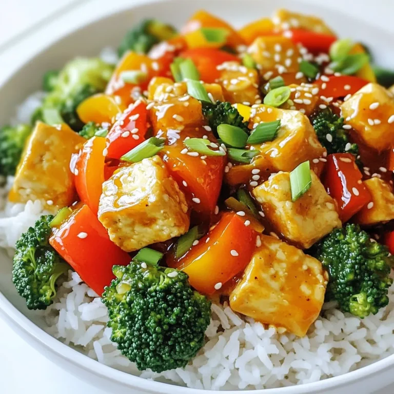 - 14 oz firm tofu, pressed and cut into even cubes - 1 cup bell peppers (any mix of red, yellow, or green), sliced into thin strips - 1 cup fresh broccoli florets, cut into bite-sized pieces - 1 tablespoon cornstarch (to create a crispy coating) - 1 tablespoon vegetable oil (for sautéing) - 3 tablespoons sweet chili sauce - 1 tablespoon soy sauce (to enhance flavor) - 1 tablespoon sesame oil (for a nutty aroma) - 2 green onions, sliced thinly (for garnish) - Sesame seeds, for garnishing - Salt and pepper to taste When making Better Than Takeout Sweet Chili Tofu, start with firm tofu. It holds its shape well and absorbs flavors nicely. Press the tofu to remove moisture. This step is key for a crispy finish. Next, pick colorful bell peppers. They add crunch and vibrancy to the dish. Fresh broccoli florets bring great texture and nutrients. For cooking, cornstarch is your best friend. It coats the tofu and helps it get crispy. Use vegetable oil for sautéing. It has a high smoke point and won’t burn easily. Sweet chili sauce gives that perfect balance of sweet and spicy. Soy sauce adds depth, while sesame oil provides a lovely nutty aroma. Don’t forget the garnishes! Green onions add a fresh bite. Sesame seeds bring a nice crunch and visual appeal. Use salt and pepper to enhance all the flavors in your dish. Each ingredient plays a role in making this meal delicious and satisfying. Enjoy every bite! - Preheat your oven to 400°F (200°C). - Prepare a baking sheet by lining it with parchment paper. - In a bowl, coat the cubed tofu with cornstarch. - Heat vegetable oil in a large skillet over medium-high heat. - Add the coated tofu and sauté until golden brown, about 10 minutes. - Transfer the crispy tofu to the lined baking sheet. - Bake the tofu for 15-20 minutes, flipping halfway through. - In the same skillet, add sliced bell peppers and broccoli florets. - Sauté the vegetables for about 5 minutes until tender but crunchy. - In a small bowl, mix sweet chili sauce, soy sauce, and sesame oil. - Add the baked tofu to the skillet with the vegetables. - Pour the sauce mixture over everything and toss gently. - Cook on low heat for 2-3 minutes to meld flavors. - Season with salt and pepper to taste. - Garnish with sliced green onions and sesame seeds before serving. To get the best crispy tofu, start by pressing it. Pressing removes extra water. This helps the tofu absorb flavor and crisp up nicely. Use a clean kitchen towel or paper towel to press the tofu. Place something heavy on top for about 15-30 minutes. Next, cornstarch is key. Use about one tablespoon for every 14 ounces of tofu. Coat each cube evenly. This creates a nice crunchy layer. The cornstarch helps give you that ideal texture. When you sauté veggies, keep their crunch. Cut bell peppers and broccoli into even pieces. This way, they cook at the same rate. Heat your skillet on medium-high. Use vegetable oil for best results. It has a high smoke point and won’t burn easily. Add the veggies to the pan once the oil is hot. Sauté for about five minutes. You want them tender but not mushy. You can also add a splash of soy sauce for extra flavor. Sweet chili tofu pairs perfectly with rice or noodles. A fluffy bed of jasmine rice makes a great base. It soaks up all the delicious sauce. You can also serve it over noodles for a different twist. For garnishing, add sliced green onions and sesame seeds. They add color and a nice crunch. Drizzle any extra sauce over the top for added flavor. This makes your dish look inviting and taste even better. {{image_4}} You can change the protein in this dish for more fun. Tempeh or seitan work great. Both give a nice bite and flavor. Tempeh has a nutty taste, while seitan is chewy. Both are rich in protein. Adding chickpeas also brings a new twist. They are soft and soak up flavors well. Plus, they add fiber and protein. You can mix them right in with the tofu for a hearty meal. You can switch up the veggies to keep it fresh. Other crunchy vegetables like carrots or snap peas add color and crunch. You can also consider zucchini or asparagus. Each will change the taste and texture. Think about using seasonal vegetables too. As seasons change, so do the best veggies. In spring, use fresh peas. In fall, try squash. This keeps your dish exciting all year round. Want to spice things up? Add chili flakes to the sauce. It gives a nice kick without overpowering. Just a pinch can change the whole flavor. You can also make a homemade sweet chili sauce. It’s simple and lets you control the taste. Just mix sugar, vinegar, and red pepper flakes. Cook it gently until it thickens. This adds a personal touch to your dish. To keep your sweet chili tofu fresh, store leftovers in the fridge. Use an airtight container to prevent moisture loss. Make sure the tofu cools completely before sealing. This helps keep the flavors intact. For best taste, try to eat leftovers within three days. You can freeze sweet chili tofu if you have extra. Place the cooled tofu in a freezer-safe bag. Remove as much air as possible to avoid freezer burn. When you want to eat it, thaw the tofu in the fridge overnight. For the best texture, reheat in a skillet on low heat until warm. This keeps it crispy instead of mushy. In the fridge, sweet chili tofu lasts about three to four days. After that, the quality may drop. Look for signs of spoilage, like an off smell or slimy texture. If you see any changes, it’s best to toss it. Always trust your senses; they guide you well when it comes to food safety. For this recipe, firm tofu works best. Firm tofu holds its shape well when cooked. It provides a nice texture that contrasts with the soft veggies. Soft tofu can break apart easily and won't give you the same crunchy bite. Yes, you can make this dish vegan. Just check the sauces you use. Some sweet chili sauces contain fish sauce or other animal products. Choose a brand that is labeled vegan, and you will enjoy a tasty meal. Yes, you can make this dish gluten-free. Use tamari instead of soy sauce. Tamari is a gluten-free alternative that tastes great. Make sure to check the labels for any added gluten in sauces. You can easily adjust the spice level. If you like it spicy, add more chili sauce. For less heat, reduce the amount of chili sauce you use. Taste the sauce as you mix it in to find your perfect balance. This blog post shared an easy way to make sweet chili tofu. We covered essential ingredients like firm tofu, bell peppers, and sweet chili sauce. Next, I outlined step-by-step cooking methods for crispy tofu and tender veggies. I also gave tips for storing leftovers and adding variations. Sweet chili tofu is fun and simple to make. You can customize it for your taste. Try new veggies or proteins to keep it fresh. Enjoy this dish hot or cold!