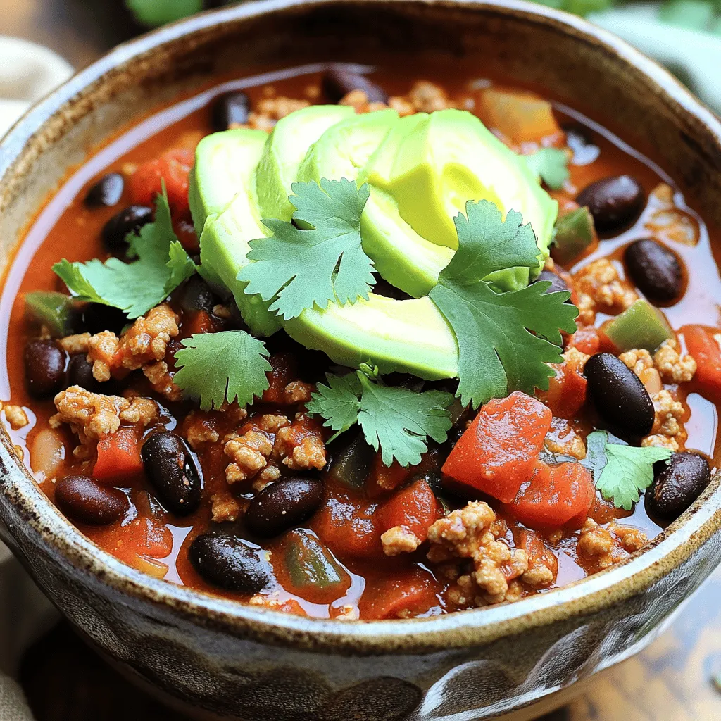 - 1 lb ground turkey - 1 can (15 oz) black beans, drained and rinsed - 1 can (15 oz) kidney beans, drained and rinsed - 1 can (28 oz) crushed tomatoes - 1 cup corn kernels (fresh, frozen, or canned) - 1 medium onion, finely chopped - 3 cloves garlic, minced (about 1 tablespoon) - 1 bell pepper (any color), chopped into bite-sized pieces - 2 tablespoons chili powder - 1 tablespoon ground cumin - 1 teaspoon smoked paprika - 1 teaspoon cayenne pepper (adjust according to heat preference) - Salt and pepper to taste - 2 tablespoons olive oil - 1 cup chicken broth (or vegetable broth for a lighter version) To make my Instant Pot spicy turkey chili, I start with ground turkey. It is lean and cooks well in the pot. Next, I add beans and crushed tomatoes for texture and flavor. I like using black and kidney beans, but you can pick your favorites. I also include corn for sweetness and bell peppers for crunch. Aromatics like onion and garlic build a strong base. I use chili powder, cumin, smoked paprika, and cayenne pepper for that spicy kick. Don’t forget to season it with salt and pepper; it makes a big difference! - Fresh cilantro - Avocado - Lime wedges For toppings, I love fresh cilantro for a burst of flavor. Sliced avocado adds creaminess, making each bite delightful. Lime wedges give a zesty touch. You can mix and match these toppings to suit your taste! Start by chopping the onion and garlic. Use a sharp knife for clean cuts. Finely chop one medium onion. Then, mince three cloves of garlic. This step adds great flavor to the chili. Next, rinse the beans and corn. Open the cans of black and kidney beans. Pour them into a colander and rinse well under cold water. This helps remove extra salt. If you use frozen corn, run it under warm water to thaw. Canned corn can be rinsed too. This keeps the chili fresh and clean. Now, it's time to cook! First, set the Instant Pot to sauté mode. Add two tablespoons of olive oil to the pot. Once it’s hot, toss in the chopped onion and minced garlic. Sauté for about 3-4 minutes, stirring often. You want the onions to be soft and smell great. Next, brown the ground turkey. Increase the heat slightly and add one pound of ground turkey. Use a wooden spoon to break it apart as it cooks. Stir until it's brown and no longer pink. This should take about 5-7 minutes. Now, add the spices and remaining ingredients. Sprinkle in two tablespoons of chili powder, one tablespoon of ground cumin, one teaspoon of smoked paprika, and one teaspoon of cayenne pepper. Stir well to coat the turkey and onions. Then, pour in the rinsed beans, one can of crushed tomatoes, one cup of corn, and one cup of chicken broth. Don’t forget to add one chopped bell pepper. Mix everything together until well combined. Secure the lid on the Instant Pot. Make sure the pressure valve is set to sealing. Select manual high pressure and set the timer for 15 minutes. When the timer goes off, let the pressure release naturally for 10 minutes. Carefully switch the valve to quick release to let out any steam. Once it's safe to open the lid, stir the chili well. Taste it and adjust the seasoning as needed. Add more salt, pepper, or cayenne pepper for extra heat if you like. Serve the chili hot. Ladle it into bowls and garnish with fresh cilantro. Add slices of avocado on top for a creamy touch. Enjoy this warm and spicy meal! How can I adjust spice levels? To control the heat, use cayenne pepper wisely. Start with one teaspoon. Taste your chili after cooking. If you want more heat, add a bit more cayenne. You can also add hot sauce at the end for extra spice. What beans should I choose? Black beans and kidney beans work great in this recipe. They add texture and protein. You can mix and match beans to suit your taste. For a creamier chili, try using pinto beans instead. How can I prep ingredients in advance? Chop your onion and garlic the night before. Store them in an airtight container in the fridge. Rinse and drain the beans ahead of time too. This saves time on chili day. What are the best practices for Instant Pot usage? Always make sure the sealing ring is in place. It helps the pot build pressure. When sautéing, keep an eye on the heat. If it gets too hot, reduce it to avoid burning. What side dishes pair well with chili? Cornbread is a classic choice. You can also serve tortilla chips for crunch. A fresh salad or guacamole adds balance to the meal. How should I choose bowls for presentation? Use colorful bowls to make your chili pop. A white bowl can showcase the vibrant colors too. Adding a wedge of lime on the side makes it look fresh and inviting. {{image_4}} You can change the ground turkey to other meats. Ground chicken or beef works well. For a twist, try ground pork for a richer flavor. If you prefer a meat-free option, use plant-based meat substitutes. Products made from soy or pea protein can be great. You can also use lentils or mushrooms for a hearty texture. Adding different vegetables can change your chili’s taste. Try diced zucchini or carrots for extra nutrition. Bell peppers can also bring a sweet touch. Incorporating unique spices gives your chili a special kick. Consider adding oregano for a herbaceous note. A dash of cinnamon can add warmth and depth. You can also try adding chipotle powder for smoky heat. After enjoying your Instant Pot spicy turkey chili, store any leftovers properly. Let the chili cool to room temperature. Then, transfer it to airtight containers. This keeps it fresh for up to four days in the fridge. Use clear containers so you can see the chili inside. Label each container with the date to track freshness easily. Freezing chili is a great way to save it for later. To freeze, allow the chili to cool first. Then, portion it into freezer-safe bags or containers. Remove as much air as possible to avoid freezer burn. You can freeze it for up to three months. To thaw, place the chili in the fridge overnight. If you're in a hurry, you can run the sealed bag under cold water. Reheat the chili in a pot over medium heat or in the microwave. Stir it often to ensure it heats evenly. Enjoy your delicious chili again with no loss of flavor! To lower the heat, try these tips: - Use less cayenne pepper. Start with half a teaspoon. - Add a bit of sugar. This can balance the heat. - Mix in more beans or corn. This will dilute the spiciness. - Serve with sour cream or yogurt. Creamy toppings cool the spice. If you want milder chili, adjust the spices. Taste as you go. Make it your own! Yes, canned tomatoes work great. They offer convenience and flavor. Here’s how they compare: - Canned tomatoes are often cooked before canning. This means they can be sweeter and richer. - Fresh tomatoes have a brighter taste. They may add more texture. - Canned tomatoes save prep time. You don’t need to chop or peel. For this recipe, crushed canned tomatoes blend well. They add depth and help thicken the chili. Chili pairs well with many sides: - Cornbread is a classic choice. It’s sweet and soft. - Rice makes a filling side. It soaks up the chili nicely. - A fresh salad adds crunch. Use romaine, tomatoes, and cucumbers. - Tortilla chips are fun for dipping. They add a nice crunch. You can also serve toppings like cheese, sour cream, or jalapeños. Get creative and enjoy your meal! This blog post covered how to make Instant Pot Spicy Turkey Chili. We discussed the key ingredients, like ground turkey, beans, and tomatoes. I shared step-by-step instructions for cooking and finishing the dish. You learned tips for flavor, cooking efficiency, and serving ideas. In the end, this chili is easy and customizable. You can make it your own with toppings or ingredient swaps. Enjoy your cooking and make a delicious meal that everyone will love!