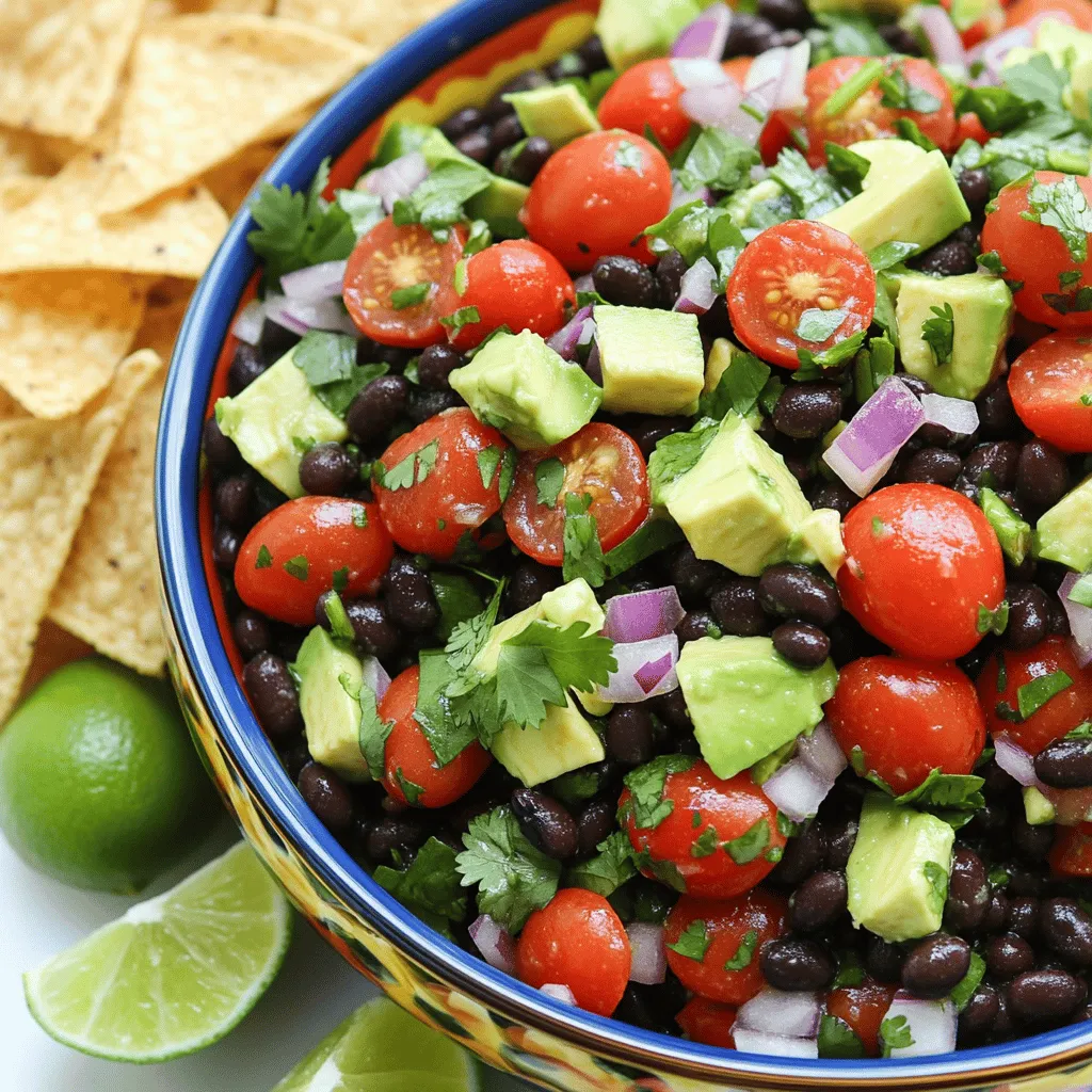 - 1 can (15 ounces) black beans, rinsed thoroughly and drained - 1 ripe avocado, cut into neat cubes - 1 cup cherry tomatoes, sliced in half - 1 small red onion, finely diced - 1 jalapeño pepper, deseeded and minced (adjust according to your spice preference) - 1/4 cup fresh cilantro leaves, coarsely chopped - Juice from 2 fresh limes - 2 tablespoons premium olive oil - Sea salt and freshly cracked black pepper, to taste This Avocado Black Bean Salsa is fun to make and enjoy. The ingredients are fresh and bright. Each one adds flavor and texture. Black beans provide protein and fiber. They also bring a creamy texture. The ripe avocado adds richness and smoothness. Cherry tomatoes give a sweet burst. Red onion adds a nice crunch. The jalapeño pepper brings heat, but you can adjust it for your taste. Fresh cilantro adds a pop of color and a fresh flavor. You’ll need lime juice to balance all the tastes. Olive oil helps to bind the flavors together. Lastly, sea salt and black pepper enhance every bite. Make sure to use the best ingredients for the best taste. You can find them at local markets or grocery stores. This salsa is not only tasty but also healthy. It’s perfect for a snack or a party. Enjoy the vibrant colors and flavors as you prepare this dish! 1. Combine black beans and avocado Start by adding the rinsed black beans to a large bowl. Next, add the diced avocado. Be gentle so you don’t mash the avocado. 2. Add remaining ingredients Slowly mix in the halved cherry tomatoes, the finely diced red onion, and the minced jalapeño. This adds color, crunch, and spice to the salsa. 3. Prepare lime dressing In a small bowl, whisk the fresh lime juice with the olive oil. Season the dressing with sea salt and black pepper to taste. This dressing brightens the salsa. 1. Mix ingredients gently Drizzle the lime dressing over your salsa mixture. Use a spatula to fold everything together. Be careful not to break up the avocado too much. 2. Taste and adjust seasoning Grab a chip and taste your salsa. You may need more lime juice or a pinch of salt to boost the flavor. 3. Let it sit before serving For the best taste, let the salsa sit for at least 15 minutes. This time helps the flavors blend beautifully. Enjoy this Avocado Black Bean Salsa with tortilla chips or as a fresh topping on tacos! To keep your avocado fresh, store it in the fridge. If it's ripe, wrap it in plastic. This slows the browning process. If you have leftover avocado, squeeze some lime juice on it. This helps keep it green for longer. When cubing an avocado, start by cutting it in half. Remove the pit carefully with a knife. Use a spoon to scoop out the green flesh. Then, slice the flesh into cubes while it's still in the skin. Finally, use the spoon to scoop out the cubes. This keeps the pieces neat and avoids mushiness. You can adjust the spice level of your salsa easily. If you like it spicy, keep the seeds in the jalapeño. For less heat, remove more seeds before chopping. Taste as you go to find your perfect heat level. To add depth, mix in other ingredients. You can use corn for sweetness or bell peppers for crunch. Chopped mango also adds a lovely fruitiness that pairs well. Don't hesitate to experiment and find new flavors that you enjoy. {{image_4}} You can change the beans in your salsa. Try pinto or kidney beans for a new taste. Each bean adds a unique flavor. If you want a fruity twist, consider adding mango or pineapple. These fruits bring sweetness and freshness to the mix. Just chop them into small pieces and fold them in gently. You can adjust the spice level in this recipe. If you like it hot, add more jalapeño. For a milder taste, skip the jalapeño or use a bell pepper instead. This salsa works for everyone, whether you are vegan or vegetarian. Just use olive oil and fresh veggies for a vegan version. If you want, you can add cheese for a vegetarian twist. Both options keep the salsa delicious and satisfying. To keep your avocado black bean salsa fresh, store it in the fridge. Use a clean, airtight container. This helps prevent browning and keeps flavors intact. Salsa tastes best within 2-3 days. If you see brown spots on the avocado, scoop them out before serving. Stir the salsa well before each use. This redistributes flavors and keeps it vibrant. You can freeze avocado black bean salsa, but it’s best to leave out the avocado. Freezing can change its texture. Instead, freeze the black bean and veggie mix. Place it in a freezer-safe bag, removing as much air as possible. It can last up to three months in the freezer. When ready to use, thaw it in the fridge overnight. Once thawed, add fresh avocado and lime juice before serving for a delicious taste. How long does Avocado Black Bean Salsa last? Avocado Black Bean Salsa can last in the fridge for about 2 days. As time goes on, the avocado may brown. To slow this, add lime juice. This keeps the salsa fresh and bright. Can I make this salsa ahead of time? Yes, you can make the salsa a few hours ahead. Just mix all the ingredients and store it in the fridge. Letting it sit helps the flavors blend. However, if you want the avocado to stay green, add it right before serving. What are the best ways to serve Avocado Black Bean Salsa? Serve Avocado Black Bean Salsa in a colorful bowl. Garnish with extra cilantro and lime wedges for a fun touch. Pair it with crispy tortilla chips for great dipping. You can also use it as a topping for tacos, burritos, or grilled meats. In this post, we explored how to make Avocado Black Bean Salsa. We covered ingredients, step-by-step instructions, and helpful tips. You learned storage methods and variations for your salsa. Remember, you can adjust flavors and add fruits for a twist. With a few easy steps, you can create a fresh, tasty dish. Enjoy experimenting with salsa to suit your taste!