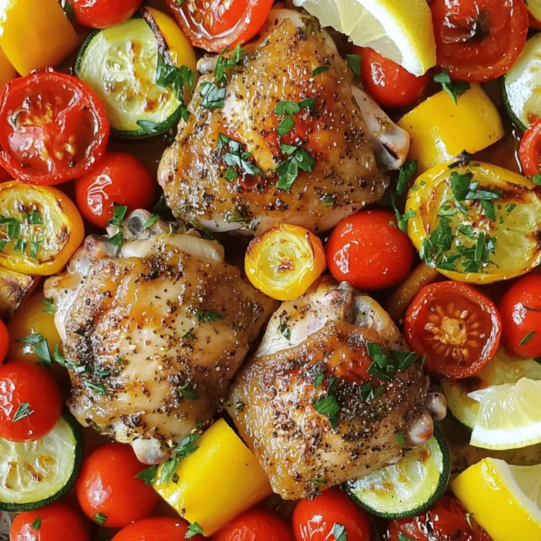 For this Sheet Pan Mediterranean Chicken Veggies, you will need: - 4 boneless, skinless chicken thighs - 1 cup cherry tomatoes, halved - 1 red bell pepper, sliced into thin strips - 1 yellow bell pepper, sliced into thin strips - 1 medium red onion, cut into wedges - 1 medium zucchini, sliced into half-moons - 3 cloves garlic, minced finely - ¼ cup extra-virgin olive oil To bring out the Mediterranean flavors, use: - 1 teaspoon dried oregano - 1 teaspoon dried thyme - 1 teaspoon smoked paprika - ½ teaspoon crushed red pepper flakes (optional) - Salt and freshly cracked pepper to taste You can enhance your dish with: - Fresh parsley, chopped (for garnish) - Lemon wedges (for serving) These ingredients create a colorful and tasty meal. The chicken thighs stay juicy, while the veggies roast to perfection. The spices add depth and warmth, making every bite a delight. Enjoy the mix of fresh, vibrant flavors that make this dish a true Mediterranean experience. Start by preheating your oven to 425°F (220°C). In a big bowl, add 4 boneless, skinless chicken thighs. Pour in ¼ cup of extra-virgin olive oil and add 3 minced garlic cloves. Then, sprinkle in 1 teaspoon each of dried oregano, dried thyme, and smoked paprika. If you like heat, add ½ teaspoon of crushed red pepper flakes. Season with salt and pepper. Mix well until the chicken is fully coated in that tasty marinade. Next, grab a large sheet pan. Place the seasoned chicken thighs in the center. Around the chicken, arrange 1 cup of halved cherry tomatoes, sliced red bell pepper, sliced yellow bell pepper, onion wedges, and zucchini slices. This colorful mix makes the dish look amazing! Drizzle a bit more olive oil over the veggies. Season them lightly with salt, pepper, and a pinch of dried oregano. Use your hands to toss the veggies, ensuring they are well-coated. Now, it’s time to roast! Place the sheet pan in your preheated oven. Roast for 25 to 30 minutes. Check that the chicken reaches 165°F (75°C) for safety. The veggies should be tender and slightly caramelized. Once done, take the pan out and let it rest for a few minutes. To serve, garnish with chopped parsley and add lemon wedges for a fresh twist. Enjoy your easy Mediterranean meal! To keep your chicken juicy, start with good-quality thighs. Thighs hold moisture better than breasts. Marinate the chicken in olive oil, garlic, and spices. Let it soak for at least 15 minutes. If you have time, marinate it longer for richer flavor. Roast it at high heat to seal in juices. Check the temperature with a meat thermometer; it should reach 165°F (75°C). This ensures it cooks through without drying out. Cut your vegetables into even sizes for even cooking. Use fresh veggies like bell peppers, zucchini, and cherry tomatoes. Toss them in olive oil and seasonings before roasting. This adds flavor and helps them brown nicely. Spread the vegetables out on the sheet pan, avoiding overcrowding. This allows them to roast instead of steam. Roast them alongside the chicken for a colorful, tasty side. Serve the chicken and veggies right from the sheet pan for a casual vibe. Garnish with fresh parsley for a pop of color. Offer lemon wedges on the side to brighten the dish. The juice adds a fresh zing. For a heartier meal, serve it over rice or couscous. Enjoy the flavors and simplicity of this one-pan dish! {{image_4}} You can easily change the protein in this dish. Instead of chicken thighs, use chicken breasts. They cook well and stay moist. You can also try turkey thighs for a leaner option. If you want red meat, use beef or lamb. Cut them into bite-sized pieces to match the cooking time. For seafood lovers, shrimp works great too. Just make sure to reduce the cooking time to about 10-15 minutes. If you want a meatless meal, this dish can still shine. Replace the chicken with hearty veggies. Use chickpeas or cannellini beans for protein. They add texture and flavor. You can also add more vegetables like eggplant or mushrooms. Just make sure to roast them until tender. This way, you keep all the delicious flavors and colors. To make this meal even better, try adding more spices. A pinch of cumin or coriander gives a warm taste. You can also mix in some fresh herbs like basil or mint. A splash of balsamic vinegar brightens the flavors. For a zesty kick, add lemon zest or capers. These small changes can make a big difference. Feel free to experiment and find your perfect blend! After enjoying your meal, let the leftovers cool. Place them in an airtight container. This keeps the chicken and veggies fresh. Store them in the fridge for up to three days. For best taste, use them within this time. If you have a lot left, consider freezing some. To reheat, take the chicken and veggies out of the fridge. You can use a microwave or oven. If using a microwave, place them on a plate and cover with a damp paper towel. Heat in short bursts, about 1-2 minutes, checking often. If using an oven, preheat it to 350°F (175°C). Place them in an oven-safe dish and heat for about 10-15 minutes. This helps keep the chicken juicy. If you plan to freeze your leftovers, do it right away. Place the chicken and veggies in a freezer-safe bag. Squeeze out as much air as possible. Label the bag with the date. You can freeze the meal for up to three months. To thaw, move it to the fridge overnight. This helps preserve the flavors and texture. Yes, you can use bone-in chicken. It may take longer to cook. Aim for an internal temperature of 165°F. Check the chicken with a meat thermometer. Bone-in chicken adds flavor, but ensure it cooks well. Cut your veggies into uniform pieces. Aim for 1-inch chunks. This helps them cook evenly. For softer veggies, like zucchini, slices work well. For firmer ones, like onions, wedges are great. This way, all veggies roast perfectly. To adjust spice, add more or less crushed red pepper flakes. For a milder dish, skip the flakes. For more heat, increase the amount. You can also add chili powder or cayenne pepper for a kick. Taste as you go! This blog post provided a clear guide to making a tasty dish. We explored the main ingredients, arranged the vegetables, and learned the best roasting methods. Tips ensured your chicken stays juicy while the veggies cook just right. You got ideas for swaps and enhancements, plus storage options. Final thoughts: Enjoy experimenting with flavors and make this dish your own. Happy cooking!