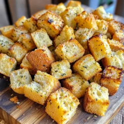 To make these tasty croutons, gather these items: - 4 slices of day-old bread (preferably French or Italian) - ¼ cup extra virgin olive oil - 4 cloves of garlic, finely minced - 2 teaspoons of a dried Italian herb blend (including oregano, basil, and thyme) - 1 teaspoon sea salt - ½ teaspoon freshly cracked black pepper - ¼ cup freshly grated Parmesan cheese (optional but recommended) I love using day-old bread for croutons. French or Italian bread works best. The crust gives them a nice crunch. You can also use sourdough for a tangy flavor. Just make sure your bread is a bit stale. Fresh bread can get too soft. Want to amp up the taste? Try adding some crushed red pepper for heat. You can also mix in herbs like rosemary or parsley for extra freshness. If you love cheese, use a mix of Parmesan and cheddar for a rich flavor. A sprinkle of lemon zest can add a nice zing, too! First, take your day-old bread and cut it into 1-inch cubes. I like to use French or Italian bread for their great texture. Make sure the cubes are even. This helps them cook well and stay crispy. In a small bowl, mix together ¼ cup of extra virgin olive oil, 4 finely minced garlic cloves, 2 teaspoons of dried Italian herbs, 1 teaspoon of sea salt, and ½ teaspoon of black pepper. Whisk it all together until it smells amazing. The garlic and herbs will give the croutons a burst of flavor. Pour your garlic herb oil over the bread cubes. With a spatula or your hands, toss the bread well. Make sure every piece is coated. If you want to add some cheese, sprinkle ¼ cup of grated Parmesan on top. Toss again gently, so you don’t break the cubes. Now, preheat your air fryer to 350°F (175°C). Let it heat for about 5 minutes. This step is key for getting that perfect crunch on the croutons. Carefully add the bread mixture to the air fryer basket. Spread the cubes in a single layer. If you have a lot, cook them in batches. This way, they get nice and crispy. Air fry for 8 to 10 minutes. Remember to shake the basket halfway through. This helps them cook evenly. When your croutons turn golden brown, take them out. Place them on a wire rack to cool. This cooling helps keep them crunchy. Once they are cool, store them in an airtight container. Enjoy them in soups, salads, or as a tasty snack! To get the best crunch, use day-old bread. Fresh bread can get soggy. Cut the bread into even 1-inch cubes. This size helps them cook evenly. Make sure to toss them well in the garlic herb oil. This coating is key for great taste and texture. Keep an eye on them in the air fryer. Shake the basket halfway through cooking to help them crisp up all around. If you want to switch up the flavors, try using different herbs. Rosemary or parsley can give a nice twist. You can also add a pinch of red pepper flakes for some heat. Parmesan cheese? It adds a rich flavor, but you can skip it if you prefer. Don’t hesitate to adjust the salt and pepper too. Taste is personal, and you should make it your own. Preheat your air fryer for about 5 minutes. This step helps your croutons cook faster and more evenly. Avoid overcrowding the basket. If the croutons are packed too tight, they won’t crisp up well. Cook them in batches if needed. Lastly, let them cool on a wire rack after frying. This keeps them crunchy and ready to enjoy! {{image_4}} You can change the cheese to fit your taste. Try using cheddar, gouda, or feta. Each cheese gives a unique flavor. For a stronger taste, add more cheese. Just remember, the cheese can make croutons rich and tasty. Feel free to swap the dried herbs for fresh ones. Use fresh oregano, basil, or thyme for a bright flavor. You can also try rosemary or parsley for a different twist. Just chop them finely before mixing in. Fresh herbs can give a nice pop to your croutons. Different spices can add fun new flavors. Try adding paprika for some heat. A pinch of cayenne pepper can spice things up too. You can also mix in garlic powder or onion powder for extra zest. Just adjust the amounts to match your taste. Once your croutons cool, place them in an airtight container. This keeps them fresh and crunchy. Make sure to store them away from heat and moisture. Avoid using paper bags, as they can trap moisture and make croutons soggy. Use glass jars, plastic containers, or resealable bags. Choose a container that seals tightly. Glass jars work best if you want to see your croutons. Plastic containers are lightweight and easy to stack in your pantry. Homemade croutons last about one to two weeks when stored properly. Keep an eye on them for any signs of moisture. If they feel soft, you can re-crisp them in the air fryer for a few minutes. Use these croutons in salads, soups, or enjoy them as a snack. They add a delightful crunch and flavor to any dish! You can make croutons in the oven. Preheat your oven to 375°F (190°C). Cut day-old bread into cubes. Toss the cubes with olive oil, garlic, herbs, salt, and pepper. Spread them on a baking sheet in one layer. Bake for 10 to 15 minutes, stirring halfway through, until golden brown. Yes, you can use fresh herbs. Fresh herbs add bright flavor. Use three times the amount of fresh herbs compared to dried. Chop them finely before mixing with the bread. Basil, thyme, and oregano work great. Homemade croutons are great on salads, soups, or as snacks. They add crunch and flavor to Caesar salads or creamy tomato soup. You can also top baked dishes with croutons for added texture. Store croutons in an airtight container. Keep them in a cool, dry place. Avoid humidity, which can make them soft. If they do become stale, you can crisp them up in the air fryer for a few minutes. Yes, you can freeze croutons. Allow them to cool completely before freezing. Place them in a freezer-safe bag or container. They last up to three months. To use, just reheat them in the air fryer or oven for a few minutes. You learned how to make croutons at home using simple steps. With the right ingredients, tips, and variations, you can create tasty croutons. Remember to adjust flavors and store them well for the best taste. Whether using herbs or cheese, you can customize these bites to fit your meals. Enjoy your crunchy treats on salads or soups. Get creative and make croutons your way!