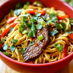 - 8 oz. flat iron steak, thinly sliced against the grain - 8 oz. rice noodles - 4 cloves garlic, minced - 1 tablespoon fresh ginger, finely grated The flat iron steak brings rich flavor and tender texture. Slice against the grain for the best bite. Rice noodles cook quickly and soak up all the tasty sauce. Garlic and ginger add a fragrant kick that makes each bite special. - 2 tablespoons vegetable oil, divided - 1 tablespoon chili paste (adjust according to your heat preference) - 3 tablespoons soy sauce - 1 tablespoon sesame oil Vegetable oil helps sear the steak and gives a nice crisp. Chili paste adds heat, so adjust it to your liking. Soy sauce gives a salty depth, while sesame oil adds a nutty finish. These flavors mix perfectly with the other ingredients. - 1 red bell pepper, sliced into thin strips - 2 green onions, chopped (separate white and green parts) - 1 tablespoon fresh lime juice - Fresh cilantro leaves for garnish Red bell pepper adds sweetness and crunch. Green onions bring fresh flavor and color. Lime juice brightens the dish, while cilantro adds a nice herbal note. These fresh additions complete the meal and make it vibrant. First, fill a pot with water and bring it to a boil. This step is key for cooking the noodles. Once the water bubbles, add the rice noodles. Cook them according to the package, which usually takes about 3 to 5 minutes. After they are soft, drain them in a colander. Set the noodles aside in a bowl while you prepare the other ingredients. While the noodles cook, it's time to season the steak. Take your thinly sliced flat iron steak and sprinkle it with salt and freshly ground black pepper. This will really boost the flavor. It&rsquo;s also important to slice the steak against the grain. This technique helps make the meat tender and easy to chew. Now we are ready to cook! Heat a large skillet or wok over high heat and add 1 tablespoon of vegetable oil. When the oil shimmers, add the seasoned steak slices in a single layer. Sear the steak for about 2 minutes without moving them. This browning gives it a nice color and flavor. Once browned, take the steak out and place it on a plate. Next, lower the heat a bit and add the remaining tablespoon of vegetable oil to the same skillet. Toss in the minced garlic and grated ginger. Saut&eacute; them for about 30 seconds, stirring often so they don&rsquo;t burn. The smell will start to fill your kitchen! Add the sliced red bell pepper to the skillet and stir-fry for about 2 minutes. You want the peppers to be tender but still crisp. This adds a nice texture to the dish. Now, it&rsquo;s time to bring everything together. Return the cooked steak to the skillet with the vegetables, then add the drained rice noodles. Use tongs or chopsticks to mix everything well. Finally, we&rsquo;ll add the flavor! Drizzle in the chili paste, soy sauce, sesame oil, and fresh lime juice. Toss everything again to coat all the ingredients. Keep stir-frying for another 2 to 3 minutes until everything is hot and fragrant. Your Minute Chili Garlic Steak Noodles are almost ready to serve! To make your steak tender, slice it against the grain. This helps break down tough fibers. Use high heat when searing. Heat your oil until it shimmers. Add the steak in a single layer. Don't move it for about two minutes. This will give you a nice brown crust. For doneness, cook it until it reaches 130&deg;F for medium-rare. Use a meat thermometer for accuracy. To stop your noodles from sticking, rinse them with cold water after cooking. This removes excess starch. Choose rice noodles that are thin and flat. They cook quickly and soak up flavors well. Look for fresh noodles if you can find them. They offer better texture than dried ones. You can adjust the heat with chili paste. Start with one tablespoon for a mild kick. If you want more heat, add more chili paste slowly. You can also add other spices for flavor. Consider using crushed red pepper or black pepper. This will give your dish an extra layer of taste. {{image_4}} You can swap the flat iron steak for other proteins. Chicken is a great choice. It cooks quickly and stays juicy. For a plant-based option, use tofu. Tofu absorbs flavors well and adds a nice texture. Shrimp is another tasty alternative. Shrimp cooks fast and pairs well with the chili garlic sauce. Adding more vegetables can boost nutrition and flavor. Broccoli makes a crunchy addition. Just steam it for a few minutes before adding it to the dish. Snap peas add a sweet crunch and bright color. You can also use carrots, bell peppers, or even bok choy for variety. Mix and match to suit your taste! You can enhance the flavor with extra sauces. Teriyaki sauce gives a sweet and savory kick. Just add a tablespoon when you toss in the noodles. Oyster sauce adds a rich umami flavor. It pairs well with meat and veggies. A splash of fish sauce can also deepen the taste. Experiment and find your perfect blend! To store your leftover Minute Chili Garlic Steak Noodles, let them cool first. Place the noodles in an airtight container. This keeps them fresh and safe. You can store them in the fridge for up to three days. If you wait longer than that, the flavors may fade. When you reheat these noodles, you want to keep the flavors strong. The stovetop is best for this. Heat a pan over medium heat, add a splash of oil, and toss in the noodles. Stir them often until they are hot. The microwave can work too, but it may dry them out. If you use it, add a little water and cover the dish. Yes, you can freeze chili garlic steak noodles. To freeze, let them cool completely. Pack them in a freezer-safe container or bag, removing as much air as you can. They can stay in the freezer for about three months. When ready to eat, move them to the fridge overnight to thaw. Heat them on the stovetop for the best taste. You can use several cuts of beef as a substitute. Here are some options: - Sirloin steak - Flank steak - Ribeye steak - Skirt steak Each of these cuts has its own taste and texture. Sirloin is lean and tender, while flank offers a rich flavor. Ribeye is juicy and marbled, and skirt has a great beefy taste. You can easily make this dish vegetarian. Here are some substitutions: - Replace flat iron steak with tofu or tempeh. - Use vegetable broth instead of soy sauce for depth. - Add more vegetables like mushrooms, zucchini, or carrots. These changes keep the flavors strong while making the dish meat-free. Yes, you can prepare this dish in advance. Here are some tips: - Cook the noodles and store them in a sealed container. - Sear the beef or tofu ahead of time and refrigerate. - Chop vegetables a day before and keep them fresh. When you're ready to eat, just combine everything in a pan. Heat it up and enjoy! This blog post covered everything you need for chili garlic steak noodles. You learned about key ingredients like flat iron steak, rice noodles, garlic, and ginger. I shared step-by-step instructions for cooking and seasoning. We discussed tips to perfect your meal and offered variations to suit your taste. Finally, we went over storage and reheating methods to keep your dish fresh. Enjoy your cooking adventure and customize the flavors to make it your own!