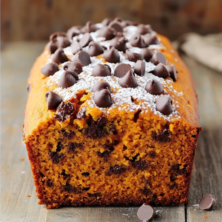 - 1 ½ cups pumpkin puree - 1 cup granulated sugar - ½ cup brown sugar - ½ cup vegetable oil - 2 large eggs - 2 teaspoons pure vanilla extract - 2 cups all-purpose flour - 1 teaspoon baking soda - ½ teaspoon baking powder - 1 teaspoon ground cinnamon - ½ teaspoon ground nutmeg - ½ teaspoon ground ginger - ¼ teaspoon salt - 1 cup semi-sweet chocolate chips - ½ cup chopped walnuts (optional) In this recipe, pumpkin puree is key. It adds moisture and flavor. You can use canned or homemade puree. Both work well. The sugars give the bread sweetness. Granulated sugar is fine, but brown sugar adds a nice depth. Oil keeps the bread soft. I use vegetable oil, but you can try melted coconut oil too. Eggs help bind everything. They also add richness. Vanilla extract boosts the flavor. The dry ingredients include flour, baking soda, and baking powder. These help the bread rise. The spices—cinnamon, nutmeg, and ginger—add warmth and comfort. Salt makes all the flavors pop. Finally, the chocolate chips are the best part! They melt and create gooey pockets of joy. If you want extra crunch, add walnuts. They give a nice texture contrast. Gather these ingredients, and you are ready to bake! 1. Preheat your oven to 350°F (175°C). 2. Grease and flour a 9x5 inch loaf pan. You can also use parchment paper. 3. In a large bowl, mix together: - 1 ½ cups pumpkin puree - 1 cup granulated sugar - ½ cup brown sugar - ½ cup vegetable oil - 2 large eggs - 2 teaspoons pure vanilla extract 4. Whisk until the mixture is smooth. Make sure everything blends well. 5. In another bowl, combine: - 2 cups all-purpose flour - 1 teaspoon baking soda - ½ teaspoon baking powder - 1 teaspoon ground cinnamon - ½ teaspoon ground nutmeg - ½ teaspoon ground ginger - ¼ teaspoon salt 6. Gradually add the dry mix to the pumpkin mix. Stir gently with a spatula. 7. Be careful not to overmix. This keeps the bread light. 8. Fold in: - 1 cup semi-sweet chocolate chips - ½ cup chopped walnuts (optional) 9. Pour the batter into the prepared loaf pan. Smooth the top with a spatula. 10. Bake for 55-65 minutes. Check if it’s done with a toothpick. 11. Insert a toothpick into the center. It should come out clean or with a few crumbs. 12. Once baked, let the loaf cool in the pan for 10 minutes. 13. Carefully transfer it to a wire rack to cool completely. To bake the best chocolate chip pumpkin bread, avoid overmixing. When you mix the wet and dry ingredients, do it gently. This keeps your bread light and fluffy. If you mix too much, the bread can become dense. Choose the right baking pan for even cooking. A 9x5 inch loaf pan works great. This size helps the bread bake evenly, giving you a nice rise. Make sure to grease and flour the pan or line it with parchment paper. This step helps your bread come out easily after baking. To make your pumpkin bread even tastier, you can add spices. Ground cinnamon, nutmeg, and ginger are my favorites. These spices add warmth and depth to the flavor. When serving, think about toppings. A dusting of powdered sugar looks nice. You can also serve the bread with cream cheese frosting. This adds a sweet and creamy layer that pairs well with the pumpkin flavor. {{image_4}} You can play with the sweeteners in this recipe. Try using honey or maple syrup instead of granulated sugar. They both add a nice flavor. You may need to adjust the liquid in the recipe since these sweeteners are wetter. If you want to switch up the chocolate chips, consider using dried fruits like raisins or cranberries. They add a sweet and chewy texture. Or, try nuts like pecans or almonds for a crunchy twist. This can give your bread a new flavor profile while keeping it tasty. For a gluten-free option, use gluten-free flour instead of all-purpose flour. Many brands work well and keep the bread moist and delicious. Just make sure to check the packing for measurements. If you prefer a vegan bread, swap the eggs for flax eggs. To make a flax egg, mix one tablespoon of ground flaxseed with two and a half tablespoons of water. Let it sit for a few minutes until it thickens. You can also replace the vegetable oil with unsweetened applesauce. This keeps the bread moist and adds a natural sweetness. To keep your chocolate chip pumpkin bread fresh, store it properly. You can wrap it in plastic wrap or aluminum foil. This method helps keep moisture in. You can also place it in an airtight container. This way, it stays soft and tasty. You can store the bread at room temperature for up to three days. Just make sure it is in a cool, dry place. If you live in a humid area, refrigeration is better. It will last about a week in the fridge. However, be aware that the fridge can dry out the bread a bit. Freezing is a great option if you want to save your bread for later. Here’s how you do it: 1. Allow the bread to cool completely. 2. Wrap it tightly in plastic wrap. 3. Then, wrap it in aluminum foil for extra protection. 4. Label the package with the date. You can freeze the bread for up to three months. When you're ready to eat it, take it out of the freezer. Let it thaw in the fridge overnight for the best results. For a quicker method, you can let it sit at room temperature for a few hours. Just avoid using the microwave, as it can make the texture rubbery. Enjoy your delicious chocolate chip pumpkin bread whenever you like! Can I use fresh pumpkin instead of canned? Yes, you can use fresh pumpkin. Just make sure to cook and puree it first. Fresh pumpkin adds a nice flavor. However, canned pumpkin is quick and easy. Both options work well in this recipe. How do I know when my bread is fully baked? Check the bread with a toothpick. Insert it in the center. If it comes out clean or with a few crumbs, your bread is done. The edges should look golden brown. This usually takes about 55-65 minutes. What can I serve with chocolate chip pumpkin bread? You can serve it warm or at room temperature. A spread of cream cheese frosting makes it extra special. It pairs well with coffee or tea too. You could also dust it with powdered sugar for a sweet touch. Caloric content per slice Each slice has about 200 calories. This can vary based on added ingredients. If you add walnuts, it may change slightly. Health benefits of ingredients Pumpkin is full of vitamins. It has vitamin A, which is good for your eyes. The spices like cinnamon have anti-inflammatory properties. Chocolate chips can boost your mood too! Using less sugar can make it a bit healthier. Now you have all you need to make delicious chocolate chip pumpkin bread. We discussed the ingredients, step-by-step instructions, and tips for success. You can even explore variations and storage advice. With simple swaps, you can customize this recipe to fit your tastes or dietary needs. Enjoy the process and share your delicious creations. This warm, tasty bread brings fall flavors to your kitchen. Happy baking!