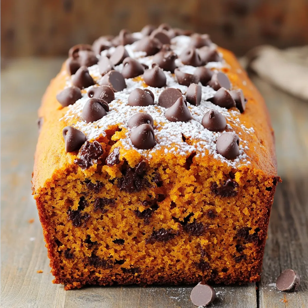 - 1 ½ cups pumpkin puree - 1 cup granulated sugar - ½ cup brown sugar - ½ cup vegetable oil - 2 large eggs - 2 teaspoons pure vanilla extract - 2 cups all-purpose flour - 1 teaspoon baking soda - ½ teaspoon baking powder - 1 teaspoon ground cinnamon - ½ teaspoon ground nutmeg - ½ teaspoon ground ginger - ¼ teaspoon salt - 1 cup semi-sweet chocolate chips - ½ cup chopped walnuts (optional) In this recipe, pumpkin puree is key. It adds moisture and flavor. You can use canned or homemade puree. Both work well. The sugars give the bread sweetness. Granulated sugar is fine, but brown sugar adds a nice depth. Oil keeps the bread soft. I use vegetable oil, but you can try melted coconut oil too. Eggs help bind everything. They also add richness. Vanilla extract boosts the flavor. The dry ingredients include flour, baking soda, and baking powder. These help the bread rise. The spices—cinnamon, nutmeg, and ginger—add warmth and comfort. Salt makes all the flavors pop. Finally, the chocolate chips are the best part! They melt and create gooey pockets of joy. If you want extra crunch, add walnuts. They give a nice texture contrast. Gather these ingredients, and you are ready to bake! 1. Preheat your oven to 350°F (175°C). 2. Grease and flour a 9x5 inch loaf pan. You can also use parchment paper. 3. In a large bowl, mix together: - 1 ½ cups pumpkin puree - 1 cup granulated sugar - ½ cup brown sugar - ½ cup vegetable oil - 2 large eggs - 2 teaspoons pure vanilla extract 4. Whisk until the mixture is smooth. Make sure everything blends well. 5. In another bowl, combine: - 2 cups all-purpose flour - 1 teaspoon baking soda - ½ teaspoon baking powder - 1 teaspoon ground cinnamon - ½ teaspoon ground nutmeg - ½ teaspoon ground ginger - ¼ teaspoon salt 6. Gradually add the dry mix to the pumpkin mix. Stir gently with a spatula. 7. Be careful not to overmix. This keeps the bread light. 8. Fold in: - 1 cup semi-sweet chocolate chips - ½ cup chopped walnuts (optional) 9. Pour the batter into the prepared loaf pan. Smooth the top with a spatula. 10. Bake for 55-65 minutes. Check if it’s done with a toothpick. 11. Insert a toothpick into the center. It should come out clean or with a few crumbs. 12. Once baked, let the loaf cool in the pan for 10 minutes. 13. Carefully transfer it to a wire rack to cool completely. To bake the best chocolate chip pumpkin bread, avoid overmixing. When you mix the wet and dry ingredients, do it gently. This keeps your bread light and fluffy. If you mix too much, the bread can become dense. Choose the right baking pan for even cooking. A 9x5 inch loaf pan works great. This size helps the bread bake evenly, giving you a nice rise. Make sure to grease and flour the pan or line it with parchment paper. This step helps your bread come out easily after baking. To make your pumpkin bread even tastier, you can add spices. Ground cinnamon, nutmeg, and ginger are my favorites. These spices add warmth and depth to the flavor. When serving, think about toppings. A dusting of powdered sugar looks nice. You can also serve the bread with cream cheese frosting. This adds a sweet and creamy layer that pairs well with the pumpkin flavor. {{image_4}} You can play with the sweeteners in this recipe. Try using honey or maple syrup instead of granulated sugar. They both add a nice flavor. You may need to adjust the liquid in the recipe since these sweeteners are wetter. If you want to switch up the chocolate chips, consider using dried fruits like raisins or cranberries. They add a sweet and chewy texture. Or, try nuts like pecans or almonds for a crunchy twist. This can give your bread a new flavor profile while keeping it tasty. For a gluten-free option, use gluten-free flour instead of all-purpose flour. Many brands work well and keep the bread moist and delicious. Just make sure to check the packing for measurements. If you prefer a vegan bread, swap the eggs for flax eggs. To make a flax egg, mix one tablespoon of ground flaxseed with two and a half tablespoons of water. Let it sit for a few minutes until it thickens. You can also replace the vegetable oil with unsweetened applesauce. This keeps the bread moist and adds a natural sweetness. To keep your chocolate chip pumpkin bread fresh, store it properly. You can wrap it in plastic wrap or aluminum foil. This method helps keep moisture in. You can also place it in an airtight container. This way, it stays soft and tasty. You can store the bread at room temperature for up to three days. Just make sure it is in a cool, dry place. If you live in a humid area, refrigeration is better. It will last about a week in the fridge. However, be aware that the fridge can dry out the bread a bit. Freezing is a great option if you want to save your bread for later. Here’s how you do it: 1. Allow the bread to cool completely. 2. Wrap it tightly in plastic wrap. 3. Then, wrap it in aluminum foil for extra protection. 4. Label the package with the date. You can freeze the bread for up to three months. When you're ready to eat it, take it out of the freezer. Let it thaw in the fridge overnight for the best results. For a quicker method, you can let it sit at room temperature for a few hours. Just avoid using the microwave, as it can make the texture rubbery. Enjoy your delicious chocolate chip pumpkin bread whenever you like! Can I use fresh pumpkin instead of canned? Yes, you can use fresh pumpkin. Just make sure to cook and puree it first. Fresh pumpkin adds a nice flavor. However, canned pumpkin is quick and easy. Both options work well in this recipe. How do I know when my bread is fully baked? Check the bread with a toothpick. Insert it in the center. If it comes out clean or with a few crumbs, your bread is done. The edges should look golden brown. This usually takes about 55-65 minutes. What can I serve with chocolate chip pumpkin bread? You can serve it warm or at room temperature. A spread of cream cheese frosting makes it extra special. It pairs well with coffee or tea too. You could also dust it with powdered sugar for a sweet touch. Caloric content per slice Each slice has about 200 calories. This can vary based on added ingredients. If you add walnuts, it may change slightly. Health benefits of ingredients Pumpkin is full of vitamins. It has vitamin A, which is good for your eyes. The spices like cinnamon have anti-inflammatory properties. Chocolate chips can boost your mood too! Using less sugar can make it a bit healthier. Now you have all you need to make delicious chocolate chip pumpkin bread. We discussed the ingredients, step-by-step instructions, and tips for success. You can even explore variations and storage advice. With simple swaps, you can customize this recipe to fit your tastes or dietary needs. Enjoy the process and share your delicious creations. This warm, tasty bread brings fall flavors to your kitchen. Happy baking!