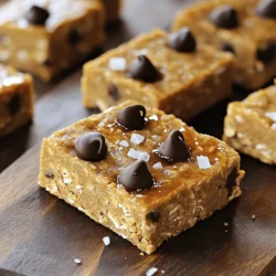 To make No-Bake Cookie Dough Protein Bars, you need these main ingredients: - 1 cup almond flour - 1 cup rolled oats - 1/2 cup vanilla protein powder - 1/4 cup pure maple syrup - 1/4 cup creamy almond butter - 1 teaspoon pure vanilla extract - 1/2 cup dark chocolate chips (preferably mini) - 1/4 teaspoon fine sea salt These ingredients give the bars their great taste and texture. Almond flour and rolled oats form the base. The vanilla protein powder adds protein and flavor. Maple syrup and almond butter bind everything together while adding sweetness. You can customize your bars with some fun add-ins: - Chopped nuts (like walnuts or pecans) - Dried fruit (like cranberries or raisins) - Coconut flakes - Different flavors of protein powder Adding these can change the flavor and texture. It lets you make the bars your own. You can mix and match based on your taste. These bars are not just tasty; they are also nutritious. Each bar has: - Calories: around 150 - Protein: about 6 grams - Carbohydrates: 15 grams - Fats: 7 grams These numbers can vary based on your chosen add-ins. They provide good energy and are a great snack after workouts. Enjoy these bars without feeling guilty! First, grab a large mixing bowl. Add 1 cup of almond flour. Then, add 1 cup of rolled oats. Next, mix in 1/2 cup of vanilla protein powder. Stir all the dry ingredients well. Make sure there are no clumps. A good mix helps the bars stay together later. Now, take another bowl for the wet mix. Combine 1/4 cup of pure maple syrup and 1/4 cup of creamy almond butter. Add 1 teaspoon of pure vanilla extract. Whisk everything until it’s smooth. You want no lumps in this mix. A smooth blend makes the bars tasty. Next, pour the wet mix into the dry mix. Stir it continuously. Use your hands to knead the dough gently. This helps blend everything well. Once combined, fold in 1/2 cup of dark chocolate chips. Add in 1/4 teaspoon of fine sea salt. Mix until the chocolate chips are spread out evenly. Prepare an 8x8 inch baking pan by lining it with parchment paper. Leave some paper hanging over the edges. This makes it easy to lift the bars out later. Transfer the dough into the pan. Press it down firmly to make an even layer. Place the pan in the refrigerator for at least 30 minutes. This time helps the bars firm up. After they are set, lift the parchment paper to remove the bars. Cut them into squares or rectangles. Enjoy your tasty treats! To get the right texture for your bars, use fresh ingredients. Almond flour should be fine and soft. Rolled oats add a nice chewiness. If you want a smoother feel, you can blend the oats into a powder. This will change the texture but still taste great. Also, knead the dough gently with your hands. This helps mix all the ingredients well. For easy prep, gather some handy tools. You will need a large mixing bowl and a smaller bowl for wet ingredients. A whisk makes mixing easier. A spatula helps to combine everything well. Use a sharp knife for cutting the bars neatly. Finally, parchment paper is key. It keeps your bars from sticking and makes for easy removal. Want to make your bars even tastier? Add some fun extras! Try using different nut butters, like peanut or cashew. You can also mix in dried fruits like cranberries or raisins for a sweet touch. If you like crunch, sprinkle in chopped nuts or seeds. For a twist, use flavored protein powder, like chocolate or cookies and cream. These small changes can make your bars unique and delicious! {{image_4}} You can easily switch up the flavors of these protein bars. For a peanut butter twist, replace almond butter with creamy peanut butter. You will get a rich, nutty taste. If you love chocolate chip cookie dough, add more chocolate chips for a sweeter treat. You can also mix in some cocoa powder for a chocolatey flavor. Want to make these bars vegan? Just use plant-based protein powder and maple syrup. For a gluten-free option, ensure your oats are certified gluten-free. This way, everyone can enjoy these tasty treats, no matter their diet. Adding mix-ins makes these bars even better. Try chopped nuts for extra crunch. Dried fruit like cranberries or raisins can add sweetness. You can also use seeds like chia or flax for a healthy boost. Get creative and use what you love! To keep your no-bake cookie dough protein bars fresh, store them in an airtight container. This helps to seal in moisture and flavor. You can use a glass or plastic container with a tight lid. If you prefer, wrap each bar in plastic wrap or foil for individual servings. This makes it easy to grab one on the go! If you want to keep your bars longer, freezing is a great option. First, cut the bars into squares or rectangles. Then, wrap each piece in plastic wrap or aluminum foil. Place the wrapped bars in a freezer-safe bag or container. They can last up to three months in the freezer. When you're ready to eat one, just take it out and let it thaw in the fridge. These protein bars stay fresh for up to a week in the fridge. Keep an eye on their texture and smell. If they feel dry or smell off, it’s time to toss them. For the best taste, eat them within the first few days. Remember, the more fresh, the better the flavor! Yes, you can change the protein powder. Use any flavor you like. For example, chocolate or peanut butter powder will add more taste. Just make sure it measures the same as the vanilla protein powder. This way, the texture stays right. You can tell when the bars are set if they are firm to the touch. After chilling for at least 30 minutes, they should feel solid. If they still seem soft, leave them in the fridge longer. A good test is to press down lightly; they should not bounce back. These protein bars are full of healthy ingredients. They have protein from the powder and almond butter. The oats give you fiber, which is good for your digestion. Almond flour is low in carbs and high in healthy fats. The dark chocolate adds antioxidants, making these bars a tasty and healthy snack. To avoid dry bars, mix your wet ingredients well. Ensure the almond butter and maple syrup blend smoothly. If the dough feels too dry, add a little more almond butter or syrup. You can also try adding mashed banana or unsweetened applesauce for moisture and flavor. This blog post covered everything you need to know about making protein bars. We discussed key ingredients, steps for preparation, and tips for the best texture. You can also explore flavor variations and dietary adaptations. I shared storage tips to keep them fresh and answered common questions to guide you. Remember, protein bars can be both tasty and healthy. With a little practice, you’ll create bars that fit your lifestyle and taste. Enjoy your cooking journey!