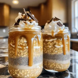 - 1 cup rolled oats - 1 cup almond milk (or milk of choice) - 1 tablespoon chia seeds - 1 tablespoon maple syrup (or honey) - 1 teaspoon vanilla extract - 1 shot of strong brewed coffee (cooled) - 2 tablespoons caramel sauce, plus extra for drizzling - Pinch of sea salt - Optional toppings: whipped cream, shaved chocolate, or a sprinkle of cinnamon For my Caramel Macchiato Overnight Oats, I start with rolled oats. They give a great texture. Next, I add almond milk, but you can use any milk you like. Chia seeds come next, adding fiber and a fun texture. For sweetness, I mix in maple syrup or honey. Vanilla extract brings warmth to the mix. Then, I add a shot of strong brewed coffee that has cooled down. This gives the oats a nice kick. I drizzle in caramel sauce and sprinkle in sea salt for balance. Finally, I think about toppings. Whipped cream, shaved chocolate, or cinnamon all work well. Gather these ingredients, and you’re ready to create a delicious breakfast. - In a medium-sized bowl, combine the rolled oats, almond milk, chia seeds, maple syrup, vanilla extract, and a pinch of sea salt. - Stir thoroughly until all ingredients blend well. Ensure the oats are coated with the liquid nicely. - Divide the oat mixture evenly into two mason jars or airtight containers. Each jar should be filled to the same level. - Drizzle 1 tablespoon of caramel sauce over the top of each jar. Use a spoon to gently swirl the caramel into the oats, making a beautiful marbled effect. - Pour the cooled brewed coffee over the oats in each jar, allowing it to soak in. - Gently stir with a spoon to mix the coffee flavor throughout the oats. This step is key for that rich taste. - Seal each jar securely with a lid. - Place the jars in the refrigerator for at least 4 hours or overnight. This time helps the oats soften and flavors meld. - The next morning, take the jars from the fridge and give the oats a good stir. - For added creaminess, splash in some milk, and mix well. - Just before serving, top your oats with whipped cream, shaved chocolate, or a sprinkle of cinnamon. Don’t forget an extra drizzle of caramel sauce for a final touch! - Adjusting sweetness: You can control the sweetness by adding more or less maple syrup. Start with one tablespoon, then taste. If it’s not sweet enough, add a little more. - Coffee strength suggestions: Use a strong brewed coffee for the best flavor. A dark roast works well. If you prefer less coffee taste, try a lighter roast or add less coffee. - Adding more milk: For a creamier texture, add more almond milk. Just a splash can make a difference. Stir it in well before serving. - Using different nut butters: Try adding almond or peanut butter to your oats. This will add creaminess and flavor. Just a tablespoon will do. Mix it in with the other ingredients for an even taste. - Serving suggestions: Serve your oats in clear mason jars. This shows off the layers and colors. You can place them on a nice wooden board for a rustic touch. - Creative garnishing options: Top with whipped cream or shaved chocolate. A sprinkle of cinnamon also adds warmth. Drizzle extra caramel sauce over the top for a sweet finish. {{image_4}} You can easily switch up the base flavor of your overnight oats. Here are two fun ideas: - Mocha Macchiato version: Replace the caramel sauce with chocolate syrup. Add cocoa powder to the oat mixture for a rich mocha flavor. You’ll enjoy a delightful mix of coffee and chocolate that wakes you up in the best way! - Vanilla Latte overnight oats: Swap the coffee for vanilla-flavored milk or brew a light vanilla coffee. Keep the caramel sauce, but add more vanilla extract to enhance that sweet, warm taste. This version is perfect for those who love a classic vanilla flavor. Making dietary changes is simple with this recipe. Here are a few options: - Dairy-free alternatives: Use almond milk, coconut milk, or oat milk instead of regular milk. These choices keep the oats creamy and delicious without the dairy. - Sugar-free options: Skip the caramel sauce or use sugar-free caramel syrup. You can also replace maple syrup with a sugar substitute like stevia or erythritol. This way, you can enjoy the same great taste without the extra sugar. Seasonal flavors can really jazz up your oats. Here are two ideas: - Fall flavors (pumpkin spice): Add pumpkin puree and pumpkin spice to the oat mixture. This gives your oats a cozy, autumn vibe. Top with whipped cream and a sprinkle of cinnamon for a festive touch. - Summer fruits (berries): Mix in fresh or frozen berries like blueberries, strawberries, or raspberries. They add a burst of flavor and color. You might even want to drizzle a bit of honey over the top for extra sweetness. You can use mason jars or airtight containers for your overnight oats. Mason jars are fun and cute. They show off the layers of oats and toppings. Airtight containers keep the oats fresh too. They are great for stacking in the fridge. Both options work well, so pick what you like best. Caramel macchiato overnight oats can last in the fridge for up to five days. This makes them perfect for meal prep. Just keep them sealed tight to ensure they stay fresh. If you see any signs of spoilage, like a strange smell or mold, toss them out. You can freeze overnight oats if you want to save some for later. Start by preparing the oats as usual. After mixing, divide them into portions in freezer-safe containers. Leave some space in the container for expansion. When you’re ready to eat, move the oats to the fridge to thaw overnight. Once thawed, stir well and add your toppings before enjoying. Yes, you can use any milk you prefer. I like almond milk, but other great choices are oat milk, soy milk, or regular dairy milk. Each type will give a different taste. Almond milk adds a nutty flavor. Oat milk makes it creamy, while dairy milk adds richness. Choose what you enjoy most. You should let the oats sit for at least four hours. However, overnight is best. This gives the oats time to absorb the liquid. Longer soaking means a creamier texture. If you are in a hurry, four hours will still work, but the oats may be chewier. Yes! To make this recipe vegan, swap honey for maple syrup. Use almond or oat milk instead of dairy milk. Ensure your caramel sauce is dairy-free as well. These simple changes will keep your dish tasty and vegan-friendly. Absolutely! To make a bigger batch, just multiply the ingredients by the number of servings you want. You can store the oats in multiple jars. Follow the same steps for mixing and layering. This way, you can enjoy a quick breakfast all week long. In this blog post, we explored how to make delightful overnight oats. You learned about the key ingredients, like oats, almond milk, and coffee. I shared step-by-step instructions for preparing, assembling, and refrigerating your oats. You discovered tips for enhancing flavor and making it creamier. We also discussed variations and storage options. Overall, overnight oats are simple, tasty, and perfect for meal prep. Enjoy experimenting to find your favorite flavor!