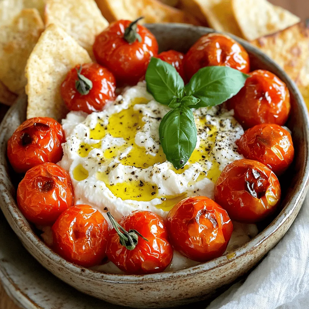 - 2 cups cherry tomatoes, halved - 8 oz creamy goat cheese, softened - 1 cup fresh basil leaves, finely chopped These ingredients form the heart of the dip. Cherry tomatoes add sweetness and acidity. Goat cheese brings creaminess and tang. Fresh basil gives a bright herbal note. - 1 teaspoon balsamic vinegar - ¼ teaspoon red pepper flakes Balsamic vinegar can deepen the flavors. Red pepper flakes add a hint of heat. Both are optional but can elevate your dip. - 1 tablespoon extra virgin olive oil - 1 tablespoon freshly squeezed lemon juice - Sea salt and freshly ground black pepper to taste - 1 clove garlic, finely minced Olive oil helps with roasting and adds richness. Lemon juice brightens the dish. Seasoning with salt and pepper enhances all the flavors. Minced garlic adds depth and aroma. First, you need to preheat your oven to 400°F (200°C). This hot temperature is key for roasting. Next, take 2 cups of halved cherry tomatoes. In a medium baking dish, combine the tomatoes with 1 tablespoon of extra virgin olive oil. Add sea salt and freshly ground black pepper to taste. If you like, drizzle in 1 teaspoon of balsamic vinegar for extra richness. Toss everything gently to coat the tomatoes well. Spread the mixture into an even layer in the dish. Place the baking dish in the oven and roast the tomatoes for 20-25 minutes. You'll know they're ready when they soften and burst a bit. To ensure even cooking, stir the tomatoes halfway through roasting. This helps them caramelize nicely and bring out their sweet flavor. While the tomatoes roast, grab a mixing bowl. Add 8 oz of softened goat cheese. Then, mix in 1 cup of finely chopped fresh basil, 1 tablespoon of freshly squeezed lemon juice, and 1 clove of finely minced garlic. If you enjoy a little heat, add ¼ teaspoon of red pepper flakes. Use a fork or spatula to blend everything until it's creamy and smooth. Once the tomatoes are roasted, let them cool for a few minutes. Gently fold the warm tomatoes into the goat cheese mixture. Make sure to include all the tasty juices from the baking dish. This will enhance the flavor of your dip. Finally, transfer the dip to a stylish serving bowl. You can serve this dip warm, at room temperature, or chilled. Enjoy this delicious spread with your favorite dippers! To get the best roasted tomatoes, size matters. Cherry tomatoes roast well, but if you use larger ones, adjust the time. Larger tomatoes may need 30-35 minutes in the oven. Look for signs of perfectly roasted tomatoes. They should be soft, burst slightly, and have a nice caramel color. This means they are ready to mix into your dip. Serve this dip warm for a cozy feel. You can also serve it at room temperature for casual snacking. If you want something refreshing, chill it in the fridge before serving. Pair this dip with crunchy pita chips, toasted baguette slices, or fresh vegetable sticks. To make it more appealing, add whole roasted tomatoes and a sprig of basil on top. This gives your dish a beautiful look. Want to add more flavor? Try adding fresh herbs like oregano or thyme. These herbs blend well with the tomato and basil mix. If you don’t have goat cheese, you can use cream cheese or feta. These alternatives will give a different but tasty twist to your dip. {{image_4}} You can switch out goat cheese for cream cheese or feta. Cream cheese gives a smooth and creamy base. Feta adds a tangy kick and crumbly texture. Both options work well in this dip. Feel free to experiment and find your favorite cheese blend! Try adding sun-dried tomatoes or olives for extra flavor. Sun-dried tomatoes bring a sweet, intense taste. Chopped olives add a salty and savory touch. Both add depth and richness to the dip. Mix these ingredients in with the roasted tomatoes for a tasty twist! You can adjust the spice level to fit your taste. The red pepper flakes add a nice warmth. If you want more heat, add a pinch or two more. For milder flavors, leave them out entirely. Balance the heat to create the perfect dip for everyone! To keep your Roasted Tomato Basil Goat Cheese Dip fresh, use an airtight container. Glass or plastic containers work well. Make sure to cool the dip to room temperature before sealing it. Store it in the fridge for up to three days. Always check for any off smells before using leftovers. If you see any signs of spoilage, it's best to discard it. When it's time to enjoy your leftover dip, reheating it is simple. You can use the microwave for quick warming. Place the dip in a microwave-safe bowl and heat it in short bursts of 15 seconds. Stir between heating to ensure even warmth. Alternatively, you can reheat it in the oven. Set your oven to 350°F (175°C) and warm the dip for about 10-15 minutes. Cover it with foil to prevent drying out. If you want to save some dip for later, freezing is a great option. First, allow the dip to cool completely. Then, transfer it to a freezer-safe container. Leave some space at the top, as the dip may expand when frozen. It can last up to three months in the freezer. To thaw, move the dip to the fridge overnight. Once thawed, stir well before reheating. This will help bring back its creamy texture. Yes, you can prepare this dip a day in advance. First, roast the tomatoes and let them cool completely. Mix the goat cheese and other ingredients as usual. Then, fold in the roasted tomatoes. Store it in the fridge in an airtight container. This way, the flavors will meld together nicely. This dip pairs well with many tasty options. Here are some ideas for dippers: - Pita chips - Toasted baguette slices - Fresh vegetable sticks like carrots, cucumbers, and bell peppers - Crackers of your choice Feel free to mix and match based on your taste! The dip can last for about 3 to 5 days in the fridge. Make sure to store it in a tightly sealed container. Always check for any off smells or changes in texture before eating. If you notice anything odd, it’s best to toss it. Enjoy your dip safely! This article explored how to make a tasty Roasted Tomato Basil Goat Cheese Dip. We discussed the key ingredients, including cherry tomatoes, goat cheese, and fresh basil. I shared step-by-step instructions for roasting and mixing the dip. Tips for perfecting flavor, serving suggestions, and variations expanded your options. Finally, I covered smart storage methods for leftovers. Creating this dip offers a fun cooking experience. Follow the steps, and enjoy flavorful bites!